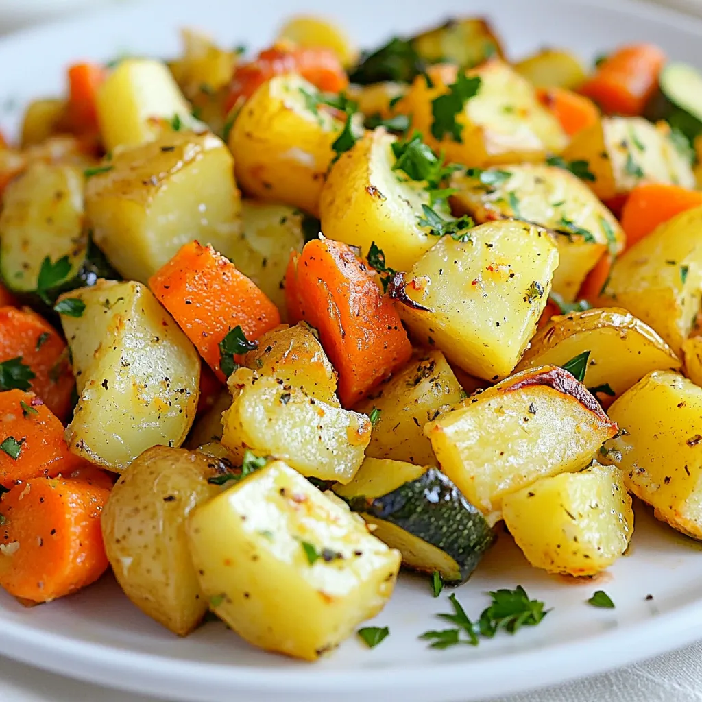 - 4 medium potatoes, diced - 3 large carrots, sliced - 2 medium zucchinis, sliced - 4 cloves garlic, minced - 3 tablespoons olive oil - 1 teaspoon dried oregano - 1 teaspoon dried thyme - 1 teaspoon paprika - Salt and pepper to taste - Fresh parsley, chopped (for garnish) Each ingredient plays a role in making this dish special. The potatoes add heartiness. They soak up flavors and get crispy. Carrots bring a sweet touch. Their bright color also makes the dish pop. Zucchini adds a soft texture and mild taste. Garlic gives it depth and aroma. Olive oil is essential. It helps the veggies roast and keeps them moist. The herbs and spices add layers of flavor. Oregano and thyme offer earthiness. Paprika adds a hint of warmth and color. Salt and pepper bring out all the tastes. Finally, fresh parsley gives a burst of freshness. It’s a perfect finish for this dish. Each bite combines textures and flavors. They work together to create a tasty medley. Using these ingredients, you will make a meal everyone enjoys. {{ingredient_image_1}} Preheating the oven First, set your oven to 425°F (220°C). Preheating helps cook the veggies evenly. Mixing the vegetables Grab a large bowl. Add 4 diced medium potatoes, 3 sliced large carrots, and 2 sliced medium zucchinis. Mix them well. Seasoning process Now, add 4 minced garlic cloves, 3 tablespoons of olive oil, 1 teaspoon of dried oregano, 1 teaspoon of dried thyme, and 1 teaspoon of paprika. Sprinkle salt and pepper to taste. Toss everything together until the veggies are fully coated in oil and spices. Arranging on baking sheet Take a large baking sheet and spread the veggie mix in a single layer. This ensures they roast well. Roasting time and technique Place the baking sheet in your preheated oven. Roast the veggies for about 25-30 minutes. Stir them halfway through for even cooking. Monitoring for doneness Check if the veggies are golden brown and tender. If they look good, take them out of the oven. Garnish with fresh chopped parsley right before serving. - Achieving perfect roast: To get the best roast, spread veggies in a single layer. This helps them brown evenly. Stir halfway through cooking for even crispness. - Substitutions for ingredients: You can swap out potatoes for sweet potatoes. If you don’t have zucchini, try bell peppers or asparagus. Use fresh herbs if you have them, but adjust the amount. - Enhanced flavor ideas: Add a squeeze of lemon juice after roasting for a fresh twist. You can also sprinkle some grated cheese on top before serving for extra richness. - Serving suggestions: Serve the veggie medley in a large bowl. Garnish with fresh parsley for a pop of color. This adds a nice touch and makes the dish more inviting. - Pairing with other dishes: These garlic herb potatoes, carrots, and zucchini work well with grilled chicken or fish. You can also serve them alongside a simple green salad for a balanced meal. Pro Tips Uniform Cutting: Ensuring all vegetables are cut to the same size will promote even cooking, preventing some pieces from being overcooked while others remain underdone. Fresh Herbs: While dried herbs work well, fresh herbs can enhance the flavor profile. Consider adding fresh thyme or oregano for a more vibrant taste. Oil Temperature: Make sure to use a high-quality olive oil at room temperature to help the spices adhere better to the vegetables. Storing Leftovers: If you have leftovers, store them in an airtight container in the fridge for up to 3 days. Reheat in the oven for the best texture. {{image_2}} You can switch up the veggies in this dish. Try adding bell peppers or sweet potatoes. They will bring new flavors and textures. You can also use asparagus or green beans for a fresh twist. For herbs, feel free to experiment. Basil, rosemary, or even dill can change the taste. You can also add a pinch of cumin or chili powder for a bit of heat. This dish is easy to make vegan. Just use the same ingredients, and you are set! The olive oil and veggies keep it tasty and filling. For gluten-free options, you are already in luck! All the ingredients are naturally gluten-free. Just make sure to check any spices or seasonings for gluten. Enjoy this dish with confidence, knowing it fits many diets! Keep your Garlic Herb Potatoes, Carrots, and Zucchini fresh by following these tips: - Refrigeration tips: Place leftovers in an airtight container. They stay good in the fridge for up to three days. Always let them cool before sealing. This keeps moisture out and prevents sogginess. - Freezing recommendations: If you want to store them longer, freeze the veggies. Use a freezer-safe bag or container. They can last up to three months. For best results, freeze them right after cooking. Just remember to let them cool first. To enjoy your leftovers, reheating is key. Here’s how to do it well: - Best practices for best texture and flavor: Use the oven or a skillet for reheating. This keeps the veggies crisp. Preheat your oven to 350°F (175°C). Spread the veggies on a baking sheet. Heat for about 10-15 minutes. Stir halfway through for even warmth. If using a skillet, add a splash of olive oil. Heat on medium until warm. This method helps maintain flavor and texture. Avoid the microwave if you can. It can make the veggies mushy. How long do I roast garlic herb potatoes? You roast garlic herb potatoes for about 25 to 30 minutes. This time lets them get golden brown and tender. Stir them halfway through to cook evenly. Can I use fresh herbs instead of dried? Yes, you can use fresh herbs! They add great flavor. Use three times more fresh herbs than dried. For example, use three teaspoons of fresh oregano for one teaspoon of dried. What is the best way to cut the vegetables? Cut the potatoes into small cubes and slice the carrots and zucchinis. Aim for uniform sizes. This helps them cook evenly and look nice on the plate. Can I make this dish ahead of time? You can prep the veggies ahead of time. Chop and mix them with oil and spices. Store them in the fridge for up to one day. Just roast them when you’re ready to eat! We covered key ingredients like potatoes, carrots, and zucchini, along with simple steps to prepare them. I shared cooking tips and presentation ideas to boost flavor and appeal. We also explored variations and storage methods to keep meals fresh. In the end, roasting veggies is easy and rewarding. It’s healthy, tasty, and versatile. Try mixing different herbs or veggies for new flavors. Enjoy your cooking!