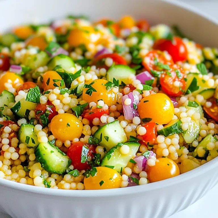 - 1 cup couscous - 1 ½ cups vegetable broth - 1 cup cherry tomatoes, halved - 1 cucumber, diced - ½ red bell pepper, diced - ¼ red onion, finely chopped - ¼ cup fresh parsley, chopped - ¼ cup fresh mint, chopped - 3 tablespoons olive oil - 2 tablespoons lemon juice - Zest of 1 lemon - Salt and pepper to taste The main ingredients in this salad bring vibrant colors and great taste. Couscous serves as the base, soaking up all the flavors. The cherry tomatoes add sweetness. Cucumber gives a crunchy bite. Red bell pepper and onion add depth. Fresh parsley and mint brighten the dish. You can add more ingredients to make this dish even better. Try adding: - Feta cheese for creaminess - Avocado for richness - Olives for a briny touch - Grilled chicken for protein These optional ingredients add layers of flavor and texture. They also help make the salad more filling and diverse. This salad is not only tasty but also healthy. Here’s what you get in one serving: - Calories: 180 - Protein: 5g - Carbohydrates: 24g - Fiber: 4g - Fat: 8g The salad offers a good balance of nutrients. It’s low in calories but full of vitamins and minerals. The fresh veggies contribute to your daily intake of fiber. This makes it a great choice for a light meal or side dish. {{ingredient_image_1}} First, grab a medium saucepan. Pour in 1 ½ cups of vegetable broth. Heat it until it boils. Once it starts bubbling, remove it from the heat. Stir in 1 cup of couscous. Cover the pot and let it rest for 5 minutes. This allows the couscous to soak up the broth. After 5 minutes, fluff the couscous with a fork. Let it cool down completely before mixing it with other ingredients. Now it’s time for the veggies! In a large mixing bowl, add 1 cup of halved cherry tomatoes. Next, add 1 diced cucumber, ½ of a diced red bell pepper, and ¼ of a finely chopped red onion. To add some fresh flavor, toss in ¼ cup of chopped parsley and ¼ cup of chopped mint. This mix gives your salad a bright and fresh taste. For the dressing, grab a small bowl. Whisk together 3 tablespoons of olive oil, 2 tablespoons of lemon juice, and the zest of 1 lemon. Add salt and pepper to taste. This dressing will tie all the flavors together. It’s tangy and refreshing, just like the salad! Once everything is ready, pour the dressing over the vegetable mix. Toss it well so every piece is coated. Then, gently fold in the cooled couscous. Make sure everything is mixed nicely. Taste your salad and adjust the seasoning if needed. You might want more salt, pepper, or lemon juice. Your Lemon Herb Couscous Salad is now ready to impress! To get fluffy couscous, you must pay attention to the water. Use 1 ½ cups of vegetable broth for every cup of couscous. Once the broth boils, remove it from heat before adding the couscous. Cover it and let it sit for five minutes. After that, fluff it with a fork. This method keeps the couscous light and airy. You can boost the salad's taste in fun ways. Try adding some feta cheese for creaminess. Olives can add a briny touch. For a spicy kick, add some diced jalapeños. If you love crunch, consider adding toasted nuts. Each of these options can make your salad shine even more. Serve this salad in a large bowl or in individual cups. This makes it look appealing. Garnish with extra lemon slices and fresh herb sprigs for color. Pair it with grilled chicken or fish for a complete meal. This salad is also great as a side at picnics or barbecues. Pro Tips Chill the Salad: For the best flavor, refrigerate the salad for at least 30 minutes before serving. This allows the ingredients to marinate and the flavors to meld beautifully. Use Fresh Herbs: Fresh parsley and mint elevate the salad's flavor. If possible, use herbs straight from your garden for an extra burst of freshness. Customize Add-Ins: Feel free to add other vegetables or proteins like chickpeas or feta cheese to enhance the salad's texture and nutritional value. Perfectly Fluffy Couscous: Make sure to fluff the couscous gently with a fork after it cools. This prevents clumping and keeps the grains light and airy. {{image_2}} You can easily change the ingredients to fit your diet. If you want a gluten-free option, try quinoa instead of couscous. For a lower-carb choice, use cauliflower rice. Vegans can skip the honey and use agave syrup in the dressing. This salad loves fresh veggies. In spring, add asparagus or peas for a crisp touch. In summer, try zucchini or bell peppers for added color. In fall, roasted sweet potatoes or carrots bring warmth. Winter calls for hearty greens like kale or spinach. To make this salad a full meal, add protein. Chickpeas or black beans work great for plant-based diets. For meat lovers, grilled chicken or shrimp adds a savory bite. Tofu is another good choice for extra protein and texture. Store your lemon herb couscous salad in an airtight container. This helps keep it fresh. Make sure the salad is cool before sealing it. Avoid letting it sit out too long. If you have a large portion, divide it into smaller containers. This way, you can grab what you need easily. The salad can last up to three days in the fridge. After that, the veggies may lose their crunch. The flavors may fade too. Always check for any off smells or changes in texture before eating. If you want to enjoy it warm, gently heat it in a pan. Add a splash of vegetable broth to keep it moist. Stir often to avoid burning. If you prefer it cold, just take it straight from the fridge. It tastes great chilled, especially on hot days. Yes, you can make this salad ahead of time. It tastes even better after resting. Just mix the salad and dressing, then chill it. The flavors blend well when it sits for a few hours. You can prepare it a day in advance for a party or lunch. Just remember to keep it in the fridge. If you want a change, try quinoa or rice. Both give a nice texture. Quinoa is gluten-free and adds protein. Rice works well, too, and is filling. You can use any grain that you like. Just cook it according to the package instructions before mixing. This salad lasts about 3 days in the fridge. Store it in an airtight container. Make sure to keep it cold. After three days, the veggies lose their crispness. The salad may still taste good, but it won't look as fresh. Couscous is not gluten-free, so the salad isn't either. If you want a gluten-free version, use quinoa or rice instead. Both options are tasty and gluten-free. You can enjoy the same flavors and textures without the gluten. This blog covered making a tasty couscous salad. We listed key ingredients, shared step-by-step instructions, and offered tips to get the best results. I shared ways to tweak the recipe for different diets and seasons. You learned how to store leftovers right and the shelf life to expect. For any questions about prep or storage, I provided answers. This salad is flexible and easy to customize. Enjoy creating your dish and impressing your guests with fresh flavors.