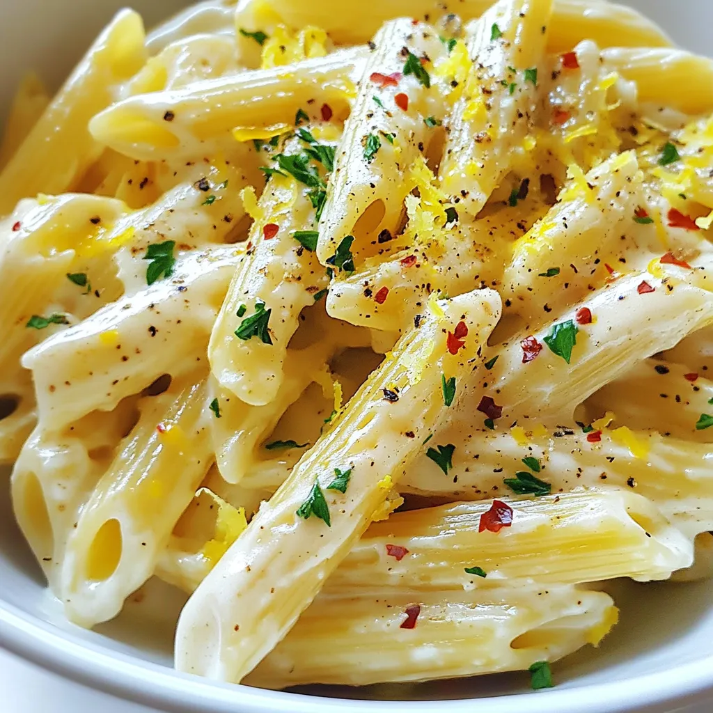 - 12 oz penne pasta - 6 cloves garlic, minced - 4 tablespoons unsalted butter - 2 tablespoons olive oil I love using penne pasta for this dish. Its shape holds the sauce well. You need 12 ounces of penne for four servings. The garlic packs a punch, so six cloves, minced, will do. Unsalted butter helps create a rich base, and four tablespoons are just right. Olive oil adds depth and flavor, so grab two tablespoons for that. - 1 teaspoon red pepper flakes (adjust to taste) - 1 cup heavy cream - 1 cup grated Parmesan cheese - Zest of 1 lemon Next, we bring in the heat. Use one teaspoon of red pepper flakes, but adjust it based on your spice level. The heavy cream, one cup, gives the dish its creamy texture. For that cheesy goodness, you need one cup of grated Parmesan cheese. Finally, zest one lemon for a fresh twist that brightens the dish. - 2 tablespoons fresh parsley, chopped for garnish - Salt and black pepper to taste Garnishing makes a meal special. Use two tablespoons of fresh parsley, chopped finely. It adds color and freshness. Don’t forget salt and black pepper. Season to taste for the best flavor. These ingredients come together to make a comforting meal that feels fancy, just like in a restaurant. {{ingredient_image_1}} To boil pasta perfectly, start with a large pot of salted water. Bring it to a rapid boil. Add the penne pasta and cook it according to the package instructions. Aim for "al dente," which means it should be firm to bite. When it's ready, drain it well but save about 1 cup of the pasta water. This water is starchy and will help the sauce stick. In a large skillet, mix unsalted butter and olive oil. Heat them over medium heat. Once hot, add the minced garlic and red pepper flakes. Sauté for 2-3 minutes until the garlic smells great and turns lightly golden. Be careful: burned garlic tastes bitter. If it starts to brown too fast, lower the heat. Pour in the heavy cream. Let it simmer for 2-3 minutes. This helps thicken the sauce slightly. Next, stir in grated Parmesan cheese. Mix it well until the cheese melts and creates a creamy sauce. If it feels too thick, don’t worry. You can always adjust it later. Now, add the cooked penne to the skillet. Toss the pasta in the creamy garlic sauce well. If the sauce is too thick, add some of the reserved pasta water. This will make the sauce smoother. Season it with salt and black pepper to taste. Remove the skillet from heat. Stir in lemon zest for a fresh flavor. For presentation, divide the penne into bowls. Garnish with chopped parsley and more grated Parmesan cheese if you like. This makes the dish look even better! To make your garlic penne pop, try adding more spices. A pinch of oregano or basil gives great depth. If you love heat, toss in more red pepper flakes. Fresh herbs can brighten your dish. Fresh parsley or basil can lift flavors better than dried. Use them at the end for the best taste. Cream-based sauces can turn gritty if not cooked right. Always keep the heat low when adding cream. This helps it blend smoothly. Stir often to avoid sticking. If you want a creamy texture, add the cheese slowly. Let it melt into the sauce for richness without lumps. When serving, use shallow bowls for a nice look. Top each serving with extra Parmesan and parsley. A sprinkle of lemon zest adds color and flavor. Pair your penne with a simple green salad. A crisp white wine, like Sauvignon Blanc, goes well too. It enhances the garlic without overpowering it. Pro Tips Use Fresh Garlic: Freshly minced garlic provides a stronger and more vibrant flavor compared to pre-minced options. Always opt for fresh! Adjust the Spice Level: Feel free to add more or less red pepper flakes according to your heat preference. You can also substitute with a milder pepper for less heat. Garnish Generously: A sprinkle of fresh parsley not only adds color but also enhances the dish's flavor. Consider adding a squeeze of lemon juice for extra freshness. Leftover Pasta Tips: If you have leftovers, store them in an airtight container in the fridge. Reheat gently on the stove, adding a splash of cream or pasta water to revive the sauce. {{image_2}} You can easily enhance your garlic penne with protein. Consider adding grilled chicken for a hearty meal. Just slice the cooked chicken and toss it in with the pasta. Shrimp is another great option. Sauté the shrimp in the garlic base until pink, then mix them in. If you're looking for vegetarian choices, try adding chickpeas or tofu for a good protein boost. Both will soak up the flavors well. If you need gluten-free options, choose gluten-free penne pasta. Many brands make great gluten-free options that taste just as good. For a vegan twist, use plant-based cream instead of heavy cream. You can also swap the Parmesan cheese for a vegan cheese alternative. These small changes let everyone enjoy this dish without worry. Want to mix things up? Adding vegetables can elevate your dish. Fresh spinach can wilt nicely in the sauce. Sundried tomatoes also add a burst of flavor. Toss them in when you mix the pasta with the sauce. Experimenting with cheese can change the taste too. Try using goat cheese or a sharp cheddar for a unique flavor. Each option adds a special touch to your garlic penne. To keep your garlic penne fresh, use airtight containers. Glass or plastic work well. Make sure to let the pasta cool down before sealing. This helps prevent moisture build-up. When reheating, use a skillet on low heat. Add a splash of water or cream to help the sauce stay creamy. Stir often to heat evenly. Avoid the microwave if you want the best taste. If you want to freeze garlic penne, cool it first. Place it in freezer-safe bags or containers. Remove as much air as possible. This helps prevent freezer burn. To thaw, move the pasta to the fridge overnight. When ready, reheat in a skillet. Add a bit of cream or pasta water to restore the sauce's texture. In the fridge, garlic penne lasts about 3 to 5 days. Keep an eye on it to ensure it stays fresh. Look for signs of spoilage, like a sour smell or mold. If you see these signs, it’s best to throw the pasta away. Garlic penne pairs well with many sides. Here are some options: - Caesar Salad: Crisp romaine and creamy dressing add freshness. - Garlic Bread: More garlic is never a bad idea! It’s perfect for mopping up sauce. - Steamed Vegetables: Broccoli or green beans add color and nutrients. - Roasted Asparagus: This adds a nice crunch and earthy flavor. - Caprese Salad: Fresh tomatoes and mozzarella give a bright, tangy contrast. Yes! You can prep this dish in advance. Here are some tips: - Cook the Pasta: You can cook the penne, but don’t mix it with the sauce yet. - Make the Sauce: Prepare the garlic cream sauce ahead. Store it in the fridge for up to three days. - Combine Later: When ready to eat, warm the sauce and add cooked penne. This helps keep the pasta fresh. If you love heat, here’s how to spice it up: - Increase Red Pepper Flakes: Add more flakes to the garlic base. - Hot Sauce: Drizzle your favorite hot sauce in the cream sauce. - Fresh Jalapeños: Chop and sauté them with the garlic for a fresh kick. - Spicy Cheese: Use pepper jack cheese instead of Parmesan for added heat. These simple changes will make your garlic penne even more exciting! In this blog post, we explored making delicious garlic penne pasta. We covered essential ingredients, step-by-step cooking methods, and handy tips. You now know how to make a creamy sauce and enhance flavors with simple add-ins. Remember to customize this dish with proteins or veggies to fit your taste. Store leftovers properly for the best experience later. Enjoy your cooking adventure, and don’t be afraid to experiment! Happy eating!