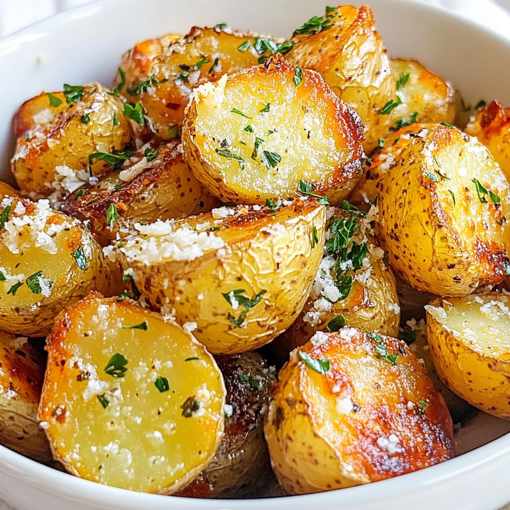 - 1.5 lbs baby potatoes, halved - 4 cloves garlic, minced - 1/4 cup grated Parmesan cheese - 1/4 cup olive oil - 1 teaspoon dried oregano - 1 teaspoon dried thyme - 1/2 teaspoon paprika - Salt and pepper to taste - Fresh parsley, chopped (for garnish) You will need 1.5 pounds of baby potatoes. Halve each potato for even cooking. Use four cloves of fresh garlic, minced finely to spread the flavor. The recipe calls for 1/4 cup of grated Parmesan cheese. This cheese adds a salty, creamy touch. You will also need 1/4 cup of olive oil to help the potatoes roast nicely. For spices, use 1 teaspoon each of dried oregano and dried thyme, and 1/2 teaspoon of paprika. Adjust salt and pepper to your taste. Finally, fresh parsley adds a pop of color and flavor when you serve the dish. If you can't find baby potatoes, use smaller red or yellow potatoes. You can replace Parmesan with Pecorino Romano for a sharper taste. If you want a vegan option, use nutritional yeast instead of cheese. For garlic, garlic powder can work in a pinch, but fresh garlic gives the best flavor. You can also swap olive oil with avocado oil if needed. {{ingredient_image_1}} Start by washing 1.5 pounds of baby potatoes. Cut them in half. Cutting helps the potatoes cook faster. It also allows the seasoning to soak in better. In a large bowl, mix the halved potatoes with 4 minced garlic cloves. Add 1/4 cup of olive oil, 1 teaspoon of dried oregano, and 1 teaspoon of dried thyme. Sprinkle in 1/2 teaspoon of paprika. Don't forget salt and pepper to taste! Toss all the ingredients together. Make sure each potato half gets coated well. This step adds lots of flavor. Preheat your oven to 425°F (220°C). Line a baking sheet with parchment paper. Spread the seasoned potatoes in a single layer on the sheet. Roast them in the oven for 25-30 minutes. Flip them halfway through for even cooking. When they turn golden brown and crispy, they’re ready. After roasting, take them out and sprinkle 1/4 cup of grated Parmesan cheese on top. Return them to the oven for 5 more minutes. This melts the cheese and adds a lovely crunch. Once done, garnish with fresh chopped parsley. Serve warm and enjoy the deliciousness! To get that perfect crispiness in Garlic Parmesan Roasted Potatoes, start with baby potatoes. Their size cooks well and gives a nice texture. Halve them for more surface area. Coat them well in olive oil to help them crisp up. Use a parchment-lined baking sheet to avoid sticking. Make sure to spread the potatoes out in a single layer. Crowding them can lead to soggy potatoes. Flip them halfway through roasting. This ensures even cooking and crisping on all sides. You can boost the flavor of these potatoes easily. Add fresh herbs like rosemary or basil for a fresh twist. A squeeze of lemon juice before serving brightens the dish. You can also sprinkle some chili flakes for a kick. If you enjoy stronger cheese flavors, mix in some aged cheddar or a bit of blue cheese with the Parmesan. These small changes make a big difference in taste. One common mistake is not preheating the oven. If the oven isn’t hot, the potatoes won’t roast properly. Another mistake is not cutting the potatoes evenly. Uneven sizes will cook at different rates. Finally, don’t skip the cheese melting step. This extra five minutes helps create a crispy, cheesy topping. Avoid these errors and you will have perfect Garlic Parmesan Roasted Potatoes every time! Pro Tips Choose the Right Potatoes: Use waxy baby potatoes, such as Yukon Gold or red potatoes, for a creamy texture and better roasting results. Don't Skip the Soaking: Soaking the halved potatoes in cold water for 30 minutes before roasting helps to remove excess starch, leading to crispier potatoes. Adjust Seasoning to Taste: Feel free to modify the herbs and spices based on your preference; adding a pinch of cayenne can give an extra kick! Serve Immediately for Best Flavor: These potatoes are best enjoyed right after roasting, as they maintain their crispiness and flavor when served hot. {{image_2}} Garlic Parmesan roasted potatoes are great on their own. You can also add veggies. Try bell peppers or zucchini for a colorful mix. Broccoli florets work well too. Just cut them to the same size as the potatoes. Toss everything with the same olive oil and seasonings. This makes a tasty side dish that everyone will love. You can change the flavors easily. Add lemon zest for a bright taste. A splash of balsamic vinegar gives a sweet touch. Want it spicy? Add red pepper flakes to the mix. For a herb boost, try fresh rosemary or basil. These changes create fun new flavors without much effort. You can roast these potatoes, but there are other ways to cook them too. Try air frying for a fast and crispy dish. Set the air fryer to 400°F and cook for about 20 minutes. Shake the basket halfway through for even cooking. You can also boil the potatoes first. This makes them soft before roasting. Just be careful not to overcook them. Enjoy experimenting with these methods to find your favorite! Store leftover Garlic Parmesan Roasted Potatoes in an airtight container. Let them cool first. Keep them in the fridge for up to three days. This keeps the flavors fresh. You can also place them in a zip-top bag for easy storage. To reheat the potatoes, use the oven for the best results. Preheat the oven to 350°F (175°C). Spread the potatoes on a baking sheet. Heat for about 10-15 minutes until warm. This helps regain their nice crispiness. You can also use a microwave, but it may make them soft. Freezing these potatoes is an option, but it can change their texture. If you want to freeze them, let them cool fully first. Place them in a single layer on a baking sheet. Freeze for about two hours, then transfer to a freezer bag. They can last for up to three months. When ready to eat, thaw and reheat in the oven for the best taste. Yes, you can use larger potatoes. Just cut them into smaller pieces. Aim for even sizes. This helps them cook well. Larger potatoes may take longer to roast. Check them with a fork to see if they’re done. To add spice, sprinkle in some red pepper flakes. You can also use cayenne pepper. Mix it with the other seasonings. Adjust to your taste. A little spice adds a nice kick to the dish. These potatoes pair well with many dishes. Serve them alongside grilled chicken or steak. They also go great with roasted veggies. You can even enjoy them with a fresh salad. These potatoes make any meal special. In this post, we explored how to make Garlic Parmesan Roasted Potatoes. We covered the ingredients, measurements, and substitutions. You learned step-by-step instructions for prepping, coating, and roasting. We shared tips for crispiness and flavor and highlighted common mistakes to avoid. Lastly, we discussed vegetarian variations, storage methods, and answered your FAQs. Now you have all you need to make this dish a hit. Enjoy your cooking journey!