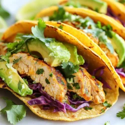 - 1 lb boneless, skinless chicken breasts - 1 can (14 oz) coconut milk - 2 limes (juice and zest) - 8 small corn tortillas - 1 cup shredded red cabbage - 1 avocado, sliced - Fresh cilantro for garnish The main star of our tacos is the chicken. I love using boneless, skinless chicken breasts. They cook quickly and stay juicy. Coconut milk adds a creamy texture and tropical flavor. Fresh limes give a zesty kick that brightens every bite. Don't forget the red cabbage for crunch and color. Sliced avocado adds creaminess, while cilantro freshens the dish. - 2 tablespoons honey - 1 tablespoon soy sauce - 1 tablespoon olive oil - 1 teaspoon garlic powder - 1 teaspoon ground cumin - Salt and pepper to taste To make a tasty marinade, I mix coconut milk, lime juice, honey, soy sauce, garlic powder, and cumin. This blend gives the chicken a sweet, savory flavor. Salt and pepper enhance all the tastes. Letting the chicken soak in this mix makes it even better. - Type of Tortillas: small corn tortillas - Optional Toppings: extra lime wedges For the tortillas, I choose small corn ones. They are soft and hold the filling well. You can warm them in a pan for extra flavor. As for toppings, fresh lime wedges are great for an added zesty touch. You can also add more cilantro for a pop of flavor. These ingredients work together to create a meal that is both fresh and satisfying. Each bite takes you on a flavor journey to the tropics. {{ingredient_image_1}} Whisking the Marinade Start by grabbing a bowl. In this bowl, mix coconut milk, lime juice, and lime zest. Add honey, soy sauce, garlic powder, cumin, salt, and pepper. Use a whisk to blend everything well. This mix will be your marinade, full of flavor. Coating the Chicken Take your chicken breasts and place them in the bowl with the marinade. Make sure they are fully coated. Cover the bowl with plastic wrap. Let the chicken marinate in the fridge for at least 30 minutes. For even more flavor, you can let it sit for up to 2 hours. Heating Method Once the chicken is marinated, it’s time to cook. Heat olive oil in a large skillet over medium heat. The oil should shimmer but not smoke. Cooking Time and Technique Remove the chicken from the marinade. Place the chicken in the skillet. Cook each side for about 6 to 7 minutes. You want the chicken to be golden brown and fully cooked. After cooking, let it rest for a few minutes. Slice it into thin strips for the tacos. Warming Tortillas In another pan, warm the corn tortillas. Heat them for about 30 seconds on each side. They should be soft and easy to fold. Assembling the Ingredients Now, it’s time to build your tacos. Start with a tortilla. Add a few slices of the cooked chicken. Top with shredded red cabbage and avocado slices. Finish with fresh cilantro. Squeeze a bit of lime juice on top if you like. Enjoy your tasty creation! Additional Ingredients To boost flavor, add more lime zest or fresh herbs. You can also try mango or pineapple for a sweet twist. A pinch of chili powder adds a nice kick too! Marination Time Marinate the chicken for at least 30 minutes. For deeper flavor, try marinating for up to 2 hours. This allows the chicken to soak in all those tasty juices. Grill vs. Skillet You can grill the chicken for a smoky taste or use a skillet for a quick meal. A skillet is great if you want the chicken golden brown. Grilling gives a nice char and adds flavor. Resting the Chicken After cooking, let the chicken rest for a few minutes. This helps keep the juices inside. Slicing too soon can make the chicken dry. Pairing Ideas Serve these tacos with a side of black beans or corn salad. Fresh salsa or guacamole complements them perfectly. A cold drink like limeade or a light beer works well too. Presentation Tips For a pretty plate, stack the tacos in a small basket. Add a lime wedge on the side for color. Sprinkle some cilantro on top for a fresh look. Pro Tips Marinate Longer for Flavor: For a more intense flavor, marinate the chicken for up to 2 hours. The longer it sits in the marinade, the more the flavors will penetrate the meat. Use Fresh Lime: Fresh lime juice and zest will provide a brighter, more vibrant flavor compared to bottled lime juice. Make sure to zest before juicing for maximum flavor. Warm Tortillas Properly: Warming the corn tortillas on a skillet helps to keep them pliable and enhances their flavor. Consider using a dry skillet for a few seconds to get a slight char. Garnish Creatively: Don’t limit yourself to just cilantro. Try adding diced red onions, jalapeños, or a drizzle of sriracha for an extra kick and visual appeal. {{image_2}} Substitutions for Chicken If you want to switch up the protein, use shrimp or fish. Both cook quickly and absorb the coconut lime flavor well. You can also try pork tenderloin for a different taste. Just adjust the cooking time based on the thickness of the meat. Vegetarian Options For a vegetarian twist, use marinated tofu or tempeh. Both options soak up the marinade nicely. You can also fill your tacos with roasted veggies like bell peppers and zucchini. This keeps the dish light and fresh. Different Spice Blends Change the spices to fit your taste. Try adding smoked paprika for a hint of smokiness. Or mix in some taco seasoning for a classic flavor. You can even add fresh herbs like oregano or thyme for more depth. Adding Heat If you like it spicy, add some crushed red pepper or diced jalapeños to the marinade. This gives your tacos a nice kick. You can also serve them with hot sauce on the side for those who want extra heat. Gluten-Free Options Corn tortillas are naturally gluten-free. If you want more options, look for gluten-free flour tortillas at the store. This way, everyone can enjoy the tacos. Dairy-Free Alternatives The recipe is already dairy-free because it does not use cheese or sour cream. However, you can add a dairy-free yogurt or cashew cream as a topping. This adds creaminess without dairy. To keep your coconut lime chicken tacos fresh, store them in the fridge. Use an airtight container. This helps maintain flavor and texture. Aim to refrigerate within two hours of cooking. For freezing, let the chicken cool completely. Place it in a freezer-safe bag. Remove as much air as possible. Store the tortillas separately. This way, they don’t become soggy. When it's time to reheat, choose a skillet or oven. These methods keep the tacos crispy. For a skillet, heat on medium-low until warm. For the oven, preheat to 350°F. Bake for about 10 minutes. Make sure to heat the chicken until it reaches 165°F. This ensures it’s safe to eat. You can also use a food thermometer for accuracy. In the fridge, your leftovers last about 3 to 4 days. If you freeze the chicken, it stays good for about 3 months. After that, the taste may fade. Always check for any signs of spoilage before eating. Internal Temperature The best way to check chicken is to use a meat thermometer. Insert it into the thickest part. The chicken should reach 165°F. This means it's safe to eat. Visual Cues If you don't have a thermometer, look for clear juices. Cut into the chicken; it should not be pink inside. The meat should look white and firm. Pros and Cons Flour tortillas are soft and easy to fold. They can hold more filling. However, they may not have the same flavor as corn. Corn tortillas add a nice crunch and taste. Taste Considerations Corn tortillas have a mild, sweet flavor. They pair well with the coconut lime chicken. If you prefer flour, it will work. Just know the taste will change a bit. Side Dish Ideas Try a fresh salad with lime dressing. Black beans or rice also make great sides. You could also add grilled vegetables for color and flavor. Beverage Pairings A cold limeade or light beer pairs well with these tacos. You might also enjoy a refreshing coconut water. Both drinks complement the tropical flavors in the dish. In this post, I covered how to make delicious Coconut Lime Chicken Tacos. I shared important tips on ingredients, marinating, cooking, and serving. You can customize this recipe with different proteins and flavors. Remember to store leftovers properly and reheat them to keep their taste. Each step brings you closer to a tasty meal. Experiment with new ideas and enjoy these tacos your way. Happy cooking!