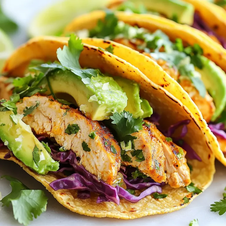 - 1 lb boneless, skinless chicken breasts - 1 can (14 oz) coconut milk - 2 limes (juice and zest) - 8 small corn tortillas - 1 cup shredded red cabbage - 1 avocado, sliced - Fresh cilantro for garnish The main star of our tacos is the chicken. I love using boneless, skinless chicken breasts. They cook quickly and stay juicy. Coconut milk adds a creamy texture and tropical flavor. Fresh limes give a zesty kick that brightens every bite. Don't forget the red cabbage for crunch and color. Sliced avocado adds creaminess, while cilantro freshens the dish. - 2 tablespoons honey - 1 tablespoon soy sauce - 1 tablespoon olive oil - 1 teaspoon garlic powder - 1 teaspoon ground cumin - Salt and pepper to taste To make a tasty marinade, I mix coconut milk, lime juice, honey, soy sauce, garlic powder, and cumin. This blend gives the chicken a sweet, savory flavor. Salt and pepper enhance all the tastes. Letting the chicken soak in this mix makes it even better. - Type of Tortillas: small corn tortillas - Optional Toppings: extra lime wedges For the tortillas, I choose small corn ones. They are soft and hold the filling well. You can warm them in a pan for extra flavor. As for toppings, fresh lime wedges are great for an added zesty touch. You can also add more cilantro for a pop of flavor. These ingredients work together to create a meal that is both fresh and satisfying. Each bite takes you on a flavor journey to the tropics. {{ingredient_image_1}} Whisking the Marinade Start by grabbing a bowl. In this bowl, mix coconut milk, lime juice, and lime zest. Add honey, soy sauce, garlic powder, cumin, salt, and pepper. Use a whisk to blend everything well. This mix will be your marinade, full of flavor. Coating the Chicken Take your chicken breasts and place them in the bowl with the marinade. Make sure they are fully coated. Cover the bowl with plastic wrap. Let the chicken marinate in the fridge for at least 30 minutes. For even more flavor, you can let it sit for up to 2 hours. Heating Method Once the chicken is marinated, it’s time to cook. Heat olive oil in a large skillet over medium heat. The oil should shimmer but not smoke. Cooking Time and Technique Remove the chicken from the marinade. Place the chicken in the skillet. Cook each side for about 6 to 7 minutes. You want the chicken to be golden brown and fully cooked. After cooking, let it rest for a few minutes. Slice it into thin strips for the tacos. Warming Tortillas In another pan, warm the corn tortillas. Heat them for about 30 seconds on each side. They should be soft and easy to fold. Assembling the Ingredients Now, it’s time to build your tacos. Start with a tortilla. Add a few slices of the cooked chicken. Top with shredded red cabbage and avocado slices. Finish with fresh cilantro. Squeeze a bit of lime juice on top if you like. Enjoy your tasty creation! Additional Ingredients To boost flavor, add more lime zest or fresh herbs. You can also try mango or pineapple for a sweet twist. A pinch of chili powder adds a nice kick too! Marination Time Marinate the chicken for at least 30 minutes. For deeper flavor, try marinating for up to 2 hours. This allows the chicken to soak in all those tasty juices. Grill vs. Skillet You can grill the chicken for a smoky taste or use a skillet for a quick meal. A skillet is great if you want the chicken golden brown. Grilling gives a nice char and adds flavor. Resting the Chicken After cooking, let the chicken rest for a few minutes. This helps keep the juices inside. Slicing too soon can make the chicken dry. Pairing Ideas Serve these tacos with a side of black beans or corn salad. Fresh salsa or guacamole complements them perfectly. A cold drink like limeade or a light beer works well too. Presentation Tips For a pretty plate, stack the tacos in a small basket. Add a lime wedge on the side for color. Sprinkle some cilantro on top for a fresh look. Pro Tips Marinate Longer for Flavor: For a more intense flavor, marinate the chicken for up to 2 hours. The longer it sits in the marinade, the more the flavors will penetrate the meat. Use Fresh Lime: Fresh lime juice and zest will provide a brighter, more vibrant flavor compared to bottled lime juice. Make sure to zest before juicing for maximum flavor. Warm Tortillas Properly: Warming the corn tortillas on a skillet helps to keep them pliable and enhances their flavor. Consider using a dry skillet for a few seconds to get a slight char. Garnish Creatively: Don’t limit yourself to just cilantro. Try adding diced red onions, jalapeños, or a drizzle of sriracha for an extra kick and visual appeal. {{image_2}} Substitutions for Chicken If you want to switch up the protein, use shrimp or fish. Both cook quickly and absorb the coconut lime flavor well. You can also try pork tenderloin for a different taste. Just adjust the cooking time based on the thickness of the meat. Vegetarian Options For a vegetarian twist, use marinated tofu or tempeh. Both options soak up the marinade nicely. You can also fill your tacos with roasted veggies like bell peppers and zucchini. This keeps the dish light and fresh. Different Spice Blends Change the spices to fit your taste. Try adding smoked paprika for a hint of smokiness. Or mix in some taco seasoning for a classic flavor. You can even add fresh herbs like oregano or thyme for more depth. Adding Heat If you like it spicy, add some crushed red pepper or diced jalapeños to the marinade. This gives your tacos a nice kick. You can also serve them with hot sauce on the side for those who want extra heat. Gluten-Free Options Corn tortillas are naturally gluten-free. If you want more options, look for gluten-free flour tortillas at the store. This way, everyone can enjoy the tacos. Dairy-Free Alternatives The recipe is already dairy-free because it does not use cheese or sour cream. However, you can add a dairy-free yogurt or cashew cream as a topping. This adds creaminess without dairy. To keep your coconut lime chicken tacos fresh, store them in the fridge. Use an airtight container. This helps maintain flavor and texture. Aim to refrigerate within two hours of cooking. For freezing, let the chicken cool completely. Place it in a freezer-safe bag. Remove as much air as possible. Store the tortillas separately. This way, they don’t become soggy. When it's time to reheat, choose a skillet or oven. These methods keep the tacos crispy. For a skillet, heat on medium-low until warm. For the oven, preheat to 350°F. Bake for about 10 minutes. Make sure to heat the chicken until it reaches 165°F. This ensures it’s safe to eat. You can also use a food thermometer for accuracy. In the fridge, your leftovers last about 3 to 4 days. If you freeze the chicken, it stays good for about 3 months. After that, the taste may fade. Always check for any signs of spoilage before eating. Internal Temperature The best way to check chicken is to use a meat thermometer. Insert it into the thickest part. The chicken should reach 165°F. This means it's safe to eat. Visual Cues If you don't have a thermometer, look for clear juices. Cut into the chicken; it should not be pink inside. The meat should look white and firm. Pros and Cons Flour tortillas are soft and easy to fold. They can hold more filling. However, they may not have the same flavor as corn. Corn tortillas add a nice crunch and taste. Taste Considerations Corn tortillas have a mild, sweet flavor. They pair well with the coconut lime chicken. If you prefer flour, it will work. Just know the taste will change a bit. Side Dish Ideas Try a fresh salad with lime dressing. Black beans or rice also make great sides. You could also add grilled vegetables for color and flavor. Beverage Pairings A cold limeade or light beer pairs well with these tacos. You might also enjoy a refreshing coconut water. Both drinks complement the tropical flavors in the dish. In this post, I covered how to make delicious Coconut Lime Chicken Tacos. I shared important tips on ingredients, marinating, cooking, and serving. You can customize this recipe with different proteins and flavors. Remember to store leftovers properly and reheat them to keep their taste. Each step brings you closer to a tasty meal. Experiment with new ideas and enjoy these tacos your way. Happy cooking!