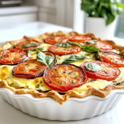 To make a tasty Summer Tomato Eggplant Pie, you will need the following main ingredients: - 1 large eggplant, sliced into thin rounds - 3 large ripe tomatoes, sliced - 1 medium onion, finely chopped - 2 cloves garlic, minced - 1 tablespoon olive oil - 1 cup ricotta cheese - 1 cup shredded mozzarella cheese - 1 pre-made pie crust (homemade or store-bought) - Salt and pepper to taste These ingredients offer a rich blend of flavors. The eggplant adds a creamy texture, while the tomatoes give a sweet burst. For extra flavor, include: - 1 teaspoon dried oregano - 1 teaspoon fresh basil, chopped You can also add a pinch of red pepper flakes for heat. Sautéed bell peppers or zucchini can enhance the dish. These variations keep it fresh and fun! Gather these tools to make cooking easier: - Large skillet - Cutting board - Sharp knife - Mixing bowl - Measuring cups and spoons - Pie dish Having the right equipment helps make your cooking process smooth. Enjoy the pie-making experience! {{ingredient_image_1}} Start by slicing the eggplant into thin rounds. You want about a large eggplant. Next, slice three large ripe tomatoes. Set them aside. Chop one medium onion finely. Mince two cloves of garlic. In a large skillet, heat one tablespoon of olive oil over medium heat. Add the chopped onion. Cook until the onion is soft and clear, about five minutes. Add the minced garlic and stir for one minute. Now, add the sliced eggplant to the skillet. Season with salt, pepper, and one teaspoon of dried oregano. Cook until the eggplant is tender, about ten minutes. Remove the skillet from the heat and let it cool slightly. Take your pre-made pie crust and place it in a pie dish. Spread one cup of ricotta cheese evenly across the bottom. Layer half of the cooked eggplant mix over the ricotta. Next, add a layer of tomato slices on top of the eggplant. Then sprinkle half of one cup of shredded mozzarella cheese. Repeat these layers with the remaining eggplant, tomatoes, and top with the rest of the mozzarella. Don’t forget to sprinkle fresh basil on top before baking. This adds great flavor! Preheat your oven to 375°F (190°C). Place the pie in the oven and bake it for 35 to 40 minutes. Look for a golden and bubbly top. After baking, let the pie cool for about ten minutes before slicing. This makes it easier to serve. Enjoy your delicious Summer Tomato Eggplant Pie! To make a great Summer Tomato Eggplant Pie, you need fresh ingredients. Look for tomatoes that are bright and firm. Ripe tomatoes should feel heavy for their size. Choose varieties like heirloom or beefsteak for more flavor. For eggplants, select ones that are smooth and shiny. Avoid any with blemishes or soft spots. A good eggplant feels heavy and has a vibrant color. A flaky crust makes the pie special. If using a pre-made crust, let it sit at room temperature for a bit. This helps it bake evenly. If you make a homemade crust, keep the butter cold. This keeps your crust light and flaky. Before baking, prick the bottom with a fork. This prevents bubbles and helps the crust cook well. Add more taste with herbs and spices. Fresh basil really brightens the pie. You can also try thyme or rosemary for a new flavor. If you want a bit of heat, sprinkle red pepper flakes in the layers. For a different cheese, swap ricotta for goat cheese. This gives a tangy twist. You can also mix in some spinach or zucchini for extra veggies. Pro Tips Choose the Right Eggplant: Opt for smaller, firm eggplants as they tend to be less bitter and have fewer seeds, making for a better texture in your pie. Layering Technique: Ensure even cooking by layering the ingredients in the order of moisture content, starting with the ricotta, followed by eggplant, and then tomatoes. Make It Ahead: Prepare the pie a day ahead and refrigerate. This allows the flavors to meld beautifully, and you can simply bake it before serving. Use Fresh Herbs: Fresh basil adds a vibrant flavor. Add some chopped fresh basil to the filling and reserve some for garnishing after baking for extra freshness. {{image_2}} This Summer Tomato Eggplant Pie is a great dish for everyone. To make it vegetarian, just use the original recipe. For a vegan option, swap out the ricotta and mozzarella cheese for cashew cheese or tofu. You can blend soaked cashews with lemon juice and nutritional yeast for a creamy base. This gives you a rich flavor without dairy. Also, you can use chickpea flour to bind the pie and add protein. If you want to change the cheese, there are many options. For those who cannot eat dairy, try almond or coconut-based cheeses. They melt well and add flavor. If you prefer a lighter taste, use cottage cheese instead of ricotta. This will keep the pie fluffy and light. Goat cheese is another tasty choice if you enjoy a tangy flavor. It pairs well with tomatoes and eggplant. You can switch up the veggies based on the season. In the spring, add zucchini and bell peppers for a fresh twist. In the fall, sweet potatoes or butternut squash can bring warmth to the dish. Just chop them smaller so they cook well. Adding spinach or kale can boost the nutrients too. These changes keep the pie exciting and full of flavor all year long. To store your Summer Tomato Eggplant Pie, let it cool first. Once cool, cover it tightly with plastic wrap or aluminum foil. You can also place it in an airtight container. This helps keep the flavors fresh. Store it in the fridge for up to three days. If you want to save it longer, freezing is a great option. To reheat, I recommend using the oven. Preheat it to 350°F (175°C). Place the pie on a baking sheet. Cover it lightly with foil. This prevents the top from burning. Heat for about 20-25 minutes. Check to make sure it's heated through. If you prefer the microwave, heat a slice for about 1-2 minutes. This method is quicker but may make the crust less crispy. Freezing this pie is simple, and it keeps well. Before freezing, make sure it’s completely cool. Wrap it tightly in plastic wrap and then in foil. You can also use a freezer-safe container. It will last for up to three months in the freezer. When you’re ready to eat it, thaw it in the fridge overnight. Then follow the reheating instructions to enjoy your pie again. To make a simple pie crust, you'll need flour, butter, and water. - Ingredients: - 1 ½ cups all-purpose flour - ½ cup unsalted butter, chilled and diced - ¼ teaspoon salt - 4-6 tablespoons cold water 1. In a bowl, mix flour and salt. 2. Add butter and mix until it looks like crumbs. 3. Slowly add cold water, one tablespoon at a time, until the dough holds together. 4. Shape the dough into a ball, wrap it in plastic, and chill for 30 minutes. 5. Roll it out on a floured surface for your pie. Yes, you can swap cheeses based on your taste. - Options: - Goat cheese adds a tangy flavor. - Feta cheese gives a salty kick. - Cheddar cheese offers a sharp taste. Feel free to mix cheeses for more depth. Just keep the total amount the same. This pie is filling, so simple sides work best. - Suggestions: - A fresh green salad with vinaigrette. - Roasted vegetables for added flavor. - Garlic bread to soak up juices. - A light soup like tomato or cucumber. These sides balance the rich flavors of the pie and make a great meal. This blog post covered how to make a delicious Summer Tomato Eggplant Pie. You learned about the main ingredients and seasonings that add flavor. We went through each step, from prepping vegetables to baking the pie. I shared tips for choosing the best produce and enhancing flavors. You also explored variations, storage techniques, and answers to common questions. Making this pie is simple. Enjoy fresh veggies and impress your friends. You now have all you need for a tasty treat!