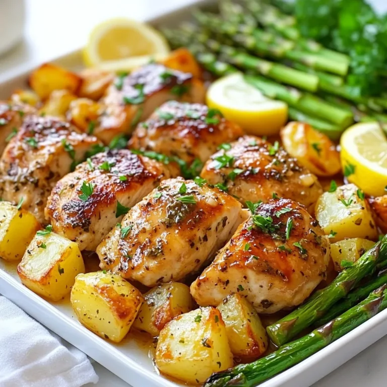 - 4 boneless, skinless chicken breasts - 4 medium potatoes, diced - 2 cups asparagus, trimmed - 1 lemon, zested and juiced - 2 tablespoons olive oil - 3 cloves garlic, minced - 1 teaspoon dried oregano - 1 teaspoon dried thyme - 1 teaspoon paprika - Salt and pepper to taste - Fresh parsley for garnish Gather these ingredients before you start. Each item plays a key role in creating this dish. The chicken breasts will be juicy and tender. The potatoes will get crispy on the outside and soft inside. Asparagus adds a nice crunch and bright color. The marinade brings all the flavors together. Using fresh lemon juice and zest gives a bright taste. Olive oil helps the chicken stay moist. Garlic adds depth and aroma. Herbs like oregano and thyme enhance the flavors. Paprika gives a hint of smokiness. Make sure to have salt and pepper ready for seasoning. Fresh parsley will add a pop of color on top. You can adjust these amounts based on your taste. Enjoy the joy of cooking with simple, fresh ingredients. {{ingredient_image_1}} - Preheating Oven Start by setting your oven to 425°F (220°C). This temp helps cook everything evenly and quickly. - Lining the Pan Grab a large sheet pan and line it with parchment paper. This will make cleanup easy and keep the food from sticking. - Mixing Ingredients In a small bowl, mix together lemon zest, lemon juice, olive oil, minced garlic, oregano, thyme, paprika, salt, and pepper. This blend gives the chicken a fresh and zesty flavor. - Marinating Chicken Place the chicken breasts in a large bowl or zip-lock bag. Pour about two-thirds of the marinade over the chicken. Make sure it is well-coated. Let it sit for at least 20 minutes. If you have more time, let it marinate for up to 2 hours. This adds even more flavor! - Baking Potatoes In another bowl, toss the diced potatoes with the leftover marinade. Spread them evenly on one side of the prepared sheet pan. Bake them in the oven for about 15 minutes. This will make them tender and ready to absorb all the flavors. - Adding Chicken and Asparagus While the potatoes bake, prepare your asparagus. Toss it with a drizzle of olive oil and season with salt and pepper. After 15 minutes, take the sheet pan out. Push the potatoes to one side. Place the marinated chicken on the other side. Add the asparagus around the chicken and potatoes. Return the pan to the oven and bake everything for another 20–25 minutes. The chicken is done when it reaches an internal temperature of 165°F (75°C) and the potatoes are golden and crispy. Once done, let the sheet pan rest for 5 minutes. Serve warm and enjoy your delicious meal! Best Practices for Marinating To get the best flavor, always marinate your chicken. Use a bowl or zip-lock bag for easy mixing and coating. Make sure the chicken is fully covered in the marinade. This helps the flavors seep into the meat. Time Recommendations Marinate the chicken for at least 20 minutes. If you have more time, let it sit for up to 2 hours. Longer marinating gives the chicken more flavor. You can do this while prepping other ingredients. Achieving Perfectly Cooked Chicken Cook the chicken until it reaches 165°F (75°C). This ensures it is safe to eat. Use a meat thermometer for accuracy. The chicken should be juicy, not dry. If you overcook it, it can become tough. Ensuring Crispy Potatoes Start baking the potatoes first to help them crisp up. Toss them in the marinade to add flavor. Spread them out on the sheet pan, so they bake evenly. Checking them often helps you achieve that golden brown look. Arranging on Serving Platter When serving, arrange the chicken, potatoes, and asparagus in a colorful pattern. This makes your meal look appealing. Drizzle any leftover pan juices over the dish for extra flavor. Garnishing Suggestions Add fresh parsley on top for a pop of color. Placing lemon wedges on the side adds brightness. These small touches make a big difference in how your dish looks and tastes. Pro Tips Marinate for Longer: For maximum flavor, let the chicken marinate for up to 2 hours. The longer it sits, the more the flavors will penetrate the meat. Use Fresh Herbs: If possible, substitute dried herbs with fresh ones. Fresh oregano and thyme will elevate the dish and add vibrant flavor. Check for Doneness: Always use a meat thermometer to ensure the chicken reaches an internal temperature of 165°F (75°C) for safe consumption. Customize Your Veggies: Feel free to swap out asparagus for other vegetables like bell peppers or zucchini, depending on your preferences and seasonal availability. {{image_2}} You can use many other veggies with this dish. Try bell peppers, carrots, or zucchini for great flavor. Each vegetable adds a unique taste and texture. For seasonal options, consider using squash in the fall or fresh green beans in the summer. Choose what’s fresh at your market for the best taste! Mix up the herbs and spices to create new flavors. Use basil, rosemary, or dill instead of oregano and thyme. Each herb brings different notes that can change the whole dish. If you want a twist, try adding a splash of lime juice or orange zest. These citrus alternatives brighten up the meal! While chicken is a star in this recipe, you can swap it out too. Use thighs or drumsticks for a juicier bite. You can also try pork tenderloin or fish like salmon. For a plant-based option, use tofu or chickpeas. These proteins work well with the same marinade, keeping the dish tasty and fun! To store leftovers, let the dish cool first. Use an airtight container. This keeps the chicken, potatoes, and asparagus fresh. You can enjoy your meal for up to three days in the fridge. For best results, do not mix the ingredients before storing. Keep them separate to maintain texture. Recommended storage containers include glass or plastic with tight seals. These help prevent spills and keep flavors strong. Make sure to label your containers with the date. The best ways to reheat are in the oven or microwave. For the oven, preheat it to 350°F (175°C). Place the leftovers on a baking tray. Cover them with foil to prevent drying out. Heat for about 15-20 minutes or until warm. In the microwave, use a microwave-safe dish. Heat in short bursts of 1-2 minutes. Stir in between to ensure even warming. Avoid overheating, as this can ruin the chicken's texture. To maintain flavor, add a splash of lemon juice before reheating. This brightens the dish and keeps it fresh. To freeze, let the meal cool completely. Place it in freezer-safe bags or containers. Make sure to remove as much air as possible. This prevents freezer burn and keeps food tasty. You can freeze it for up to three months. When ready to eat, thaw the meal in the fridge overnight. For quick thawing, use the microwave on defrost mode. Once thawed, reheat as mentioned above. Be sure to check that the chicken reaches 165°F (75°C) before serving. The chicken needs at least 20 minutes to marinate. If you have more time, let it sit for up to 2 hours. This longer time helps the flavors soak in well. Yes, you can use skin-on chicken. Just remember that skin can add extra fat. This can make the dish richer, but it may also change the cooking time. Check that the chicken cooks fully, reaching 165°F inside. Many sides work great with this meal. Here are some ideas: - Garlic bread - Green salad - Rice or quinoa - Roasted carrots - Steamed broccoli These sides add color and taste, making your meal even better. Using simple, fresh ingredients, this blog covers a sheet pan lemon herb chicken recipe. We discussed main ingredients like chicken and vegetables, as well as a flavorful marinade. I shared step-by-step instructions to make cooking easy. You also learned tips for marinating and cooking, plus how to present your dish beautifully. Explore variations for different veggies and proteins. Finally, you found storage and reheating tips to enjoy leftovers. This dish is tasty and flexible. You can impress your family and friends with it. Happy cooking!
