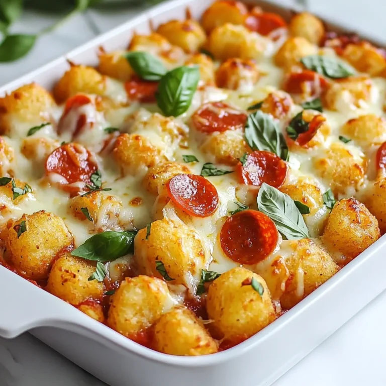 To make Pizza Tot Casserole, you will need: - 1 pound ground beef or turkey - 1 small onion, diced - 1 red bell pepper, diced - 2 cups pizza sauce - 1 teaspoon Italian seasoning - Salt and pepper to taste - 2 cups shredded mozzarella cheese - 1 cup sliced pepperoni - 1 (32-ounce) bag frozen tater tots - 1/2 cup grated Parmesan cheese - Fresh basil leaves for garnish (optional) You can switch out some ingredients if needed. Use ground chicken or plant-based meat instead of beef or turkey. If you don’t have red bell pepper, any color works. For a lighter sauce, try marinara or tomato sauce. Use cheddar cheese or a blend if mozzarella isn’t available. For a spicy kick, add jalapeños or spicy sausage. You can skip pepperoni for a vegetarian option. Always choose fresh vegetables for the best taste. Look for firm bell peppers and onions without blemishes. If possible, buy cheese from the deli for better quality. When using fresh basil, choose bright green leaves without brown spots. Fresh ingredients make your casserole more flavorful and appealing. {{ingredient_image_1}} Start by heating a large skillet over medium heat. Add one pound of ground beef or turkey. Cook it until it turns brown, stirring often. Drain any extra fat to keep the dish light. Next, add one small diced onion and one diced red bell pepper. Sauté these for about five minutes until they are soft. This mix adds great flavor. Now, stir in two cups of pizza sauce, one teaspoon of Italian seasoning, salt, and pepper. Let this simmer for another five minutes. This step helps the flavors blend well. Grab a large casserole dish and spread half of the sauce mixture on the bottom. This keeps the casserole moist. Next, layer half of the frozen tater tots over the sauce. These add a nice crunch. Now, sprinkle half of the shredded mozzarella cheese on top, followed by half of the sliced pepperoni. Repeat this process with the remaining sauce, tater tots, mozzarella, and pepperoni. Finish with a generous sprinkle of half a cup of grated Parmesan cheese on top. This will create a tasty crust when baked. Preheat the oven to 425°F (220°C). Place the casserole in the oven and bake it for 25 to 30 minutes. Watch for the tater tots to turn golden brown and the cheese to bubble. This signals that it’s ready. After baking, take it out and let it cool for a few minutes. This makes slicing easier. If you like, add fresh basil leaves as a garnish for color and flavor. Enjoy this easy and flavorful family meal! To get great tater tots, bake them first. Pre-baking keeps them crisp. Spread the frozen tater tots on a baking sheet. Bake them for about 10 minutes before adding them to the casserole. This step makes sure they turn golden and crunchy. No one likes soggy tots! Boost the flavor with simple changes. Add more spices like garlic powder or red pepper flakes for heat. You can also mix in veggies like mushrooms or spinach. Try using different cheeses, too! Cheddar or provolone can add a unique taste. These tweaks help you create your perfect pizza experience. Need to feed a crowd? You can easily scale the recipe up. Just double the ingredients and use a larger dish. If you want fewer servings, cut the recipe in half. Adjust cooking time if needed. Always check that the cheese is melted and the tots are golden. This recipe is flexible to fit your needs. Pro Tips Use Fresh Ingredients: For the best flavor, opt for fresh vegetables and high-quality ground meat. Customize Your Toppings: Feel free to add your favorite pizza toppings like olives, mushrooms, or different meats for a personalized touch. Layer Wisely: Ensure even cooking by layering the ingredients properly, starting with the sauce, then tater tots, and cheese on top. Let it Cool: Allow the casserole to cool for a few minutes before slicing to help it hold its shape better. {{image_2}} You can make a great Pizza Tot Casserole without meat. Just swap the ground beef or turkey for a mix of beans. Black beans or chickpeas work well. Use the same amount as you would meat. Add extra veggies like mushrooms, zucchini, or spinach to boost flavor and nutrients. This option keeps it hearty and filling. If you want a different taste, try other meats. Ground chicken or sausage adds nice flavor. Use turkey for a leaner dish. You can also go with shredded rotisserie chicken for a quick fix. Each protein brings its own twist to the casserole, so feel free to experiment. Toppings can make your casserole unique. Try adding sliced olives, diced jalapeños, or artichoke hearts for a fun mix. Different cheeses can change the flavor, too. Gouda or cheddar can add a nice touch. Don’t forget fresh herbs! Basil or oregano sprinkled on top gives a fresh taste. To store your Pizza Tot Casserole, let it cool first. Once it's at room temperature, cover it tightly with plastic wrap or aluminum foil. You can also use an airtight container. This will keep the flavors fresh. The casserole can stay in the fridge for up to three days. When you’re ready to enjoy leftovers, preheat your oven to 350°F (175°C). Place the casserole in an oven-safe dish. Cover it with foil to prevent it from drying out. Heat for about 20 minutes. You can also microwave it for 2-3 minutes, but the oven gives better results. If you want to freeze the casserole, it’s best to do it before baking. Prepare the dish and cover it tightly with plastic wrap. Then wrap it in aluminum foil. This will protect it from freezer burn. You can keep it in the freezer for up to two months. When you’re ready to bake, let it thaw in the fridge overnight. Then, bake as directed. Yes, you can prepare Pizza Tot Casserole ahead of time. Cook the meat and veggies, then layer the casserole but don't bake it. Cover it tightly and store it in the fridge for up to 24 hours. When you're ready to eat, just pop it in the oven. Baking may take a few extra minutes since it's cold. If you don't have pizza sauce, marinara works well. You can also use spaghetti sauce or even your favorite barbecue sauce. These options bring their own unique flavors, so feel free to experiment. Yes, you can cook Pizza Tot Casserole in an air fryer. Use an air fryer-safe dish and layer the ingredients as you would for the oven. Cook it at 375°F for about 20-25 minutes, checking for doneness. The tater tots will be crispy and the cheese gooey, just like in the oven. You now have all the tools to make a delicious Pizza Tot Casserole. We covered the key ingredients, how to prepare, bake, and serve. You learned tips for fresh ingredients, perfect textures, and flavor boosts. We also explored tasty variations for everyone, plus storage tips for leftovers. Enjoy trying new toppings and flavors. Remember, this dish is easy to adjust to your taste. With these steps, you can create a meal your family will love! Happy cooking!