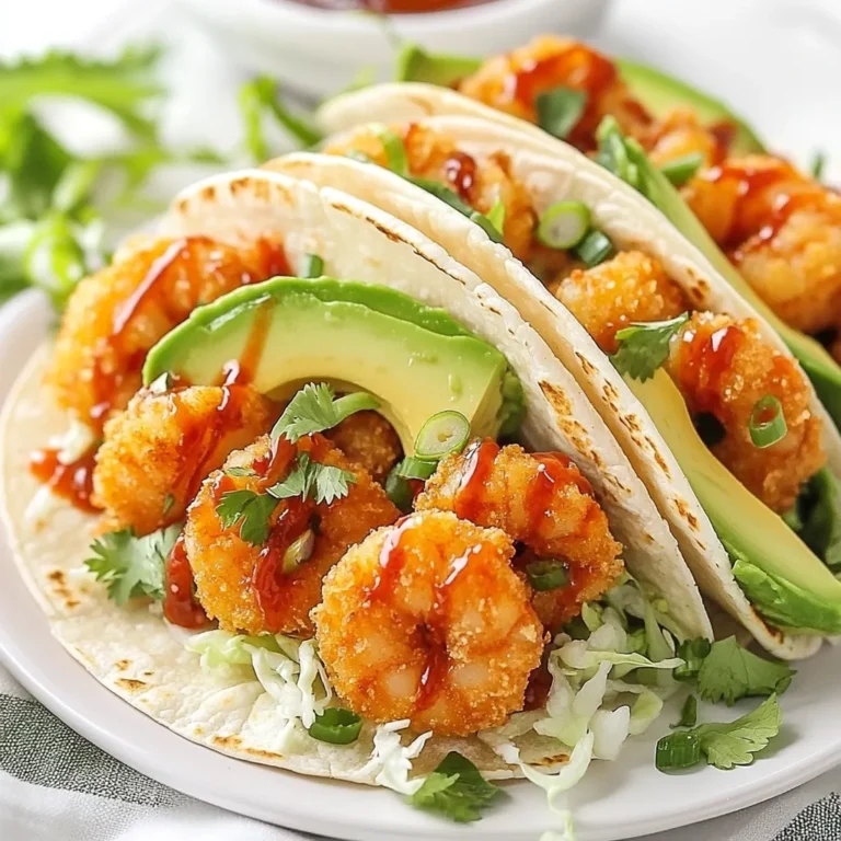 To make Bang Bang Shrimp Tacos, you need some key ingredients. Here’s what you will need: - 1 lb large shrimp, peeled and deveined - 1 cup all-purpose flour - 1/2 cup cornstarch - 1 teaspoon paprika - 1 teaspoon garlic powder - 1/2 teaspoon cayenne pepper - Salt and pepper to taste - 1 cup buttermilk - Oil for frying - 1 cup lettuce, shredded - 1 ripe avocado, sliced - 1/2 cup green onion, sliced - 1/4 cup fresh cilantro, chopped - 8 small flour or corn tortillas - 1/2 cup Thai sweet chili sauce These ingredients create a delicious and crispy taco that you will love. The spices and seasonings make the shrimp pop with flavor. Here are the essentials: - Paprika adds a mild heat and nice color. - Garlic powder gives a rich taste. - Cayenne pepper adds a kick. - Salt and pepper enhance all the flavors. Mix these ingredients well to coat the shrimp evenly. You can switch out some ingredients based on your taste. Here are a few ideas: - Use panko breadcrumbs instead of flour for extra crunch. - Try using almond milk instead of buttermilk for a dairy-free option. - Add jalapeños for more spice. - Use different herbs like parsley instead of cilantro. Feel free to play around with these ideas to make the dish your own! {{ingredient_image_1}} First, gather your ingredients. You need: - 1 lb large shrimp, peeled and deveined - 1 cup all-purpose flour - 1/2 cup cornstarch - 1 teaspoon paprika - 1 teaspoon garlic powder - 1/2 teaspoon cayenne pepper - Salt and pepper to taste - 1 cup buttermilk In a mixing bowl, combine the flour, cornstarch, paprika, garlic powder, cayenne pepper, salt, and pepper. This is your batter. Next, pour the buttermilk into a separate bowl. Take each shrimp and dip it into the buttermilk. Let the extra buttermilk drip off. Then, coat the shrimp with the flour mixture. Place them aside on a plate as you finish all the shrimp. Now, heat oil in a large skillet over medium-high heat. You need enough oil to cover the bottom of the skillet. Once the oil is hot, carefully place the shrimp in the skillet. Fry the shrimp in batches. Cook them for about 2-3 minutes per side. You want them golden brown and crispy. When done, remove them and place them on paper towels to drain excess oil. Now it’s time to build your tacos! Warm your tortillas in a skillet or microwave until soft. Start with a layer of shredded lettuce on each tortilla. Next, add a few slices of ripe avocado. Now, place the crispy shrimp on top. To finish, sprinkle sliced green onions and fresh cilantro over everything. Drizzle with Thai sweet chili sauce for that perfect sweet and spicy kick. Enjoy your delicious Bang Bang Shrimp Tacos! To make your Bang Bang shrimp crispy, follow these steps: - Use cold buttermilk: This helps the batter stick well. - Mix flour and cornstarch: The cornstarch adds extra crunch. - Double coat the shrimp: Dip in buttermilk, then in the batter. Repeat for more crunch. - Heat oil properly: The oil should be hot, around 350°F (175°C). This cooks shrimp fast and keeps them crunchy. When making Bang Bang shrimp tacos, avoid these pitfalls: - Overcrowding the pan: Fry shrimp in small batches. This prevents steaming and keeps them crispy. - Skipping the draining step: After frying, place shrimp on paper towels. This removes excess oil. - Not seasoning enough: Season the batter well. This boosts flavor in every bite. Marinades can take your shrimp to the next level. Here are some ideas: - Simple marinade: Mix lime juice, garlic, and a bit of salt. Let shrimp sit for 15 minutes. - Spicy kick: Add a dash of hot sauce or chili powder to the marinade for heat. - Herb infusion: Fresh herbs like cilantro or parsley add freshness. Mix them into the marinade for a tasty twist. By following these tips and tricks, you will make delicious Bang Bang shrimp tacos that impress every time. Pro Tips Perfectly Crispy Shrimp: Ensure the oil is hot enough before frying; it should be around 350°F (175°C). This will help achieve a crispy texture without absorbing too much oil. Flavor Boost: For added flavor, marinate the shrimp in a mixture of lime juice, garlic, and a dash of salt for 15-30 minutes before coating them. Customize Your Toppings: Feel free to add additional toppings like diced tomatoes, jalapeños, or a squeeze of lime juice for extra freshness and flavor. Storage Tips: If you have leftover shrimp, store them separately from the tortillas and toppings to maintain their crispiness. {{image_2}} Baking shrimp gives a lighter option. To bake, preheat your oven to 400°F. Instead of frying, place the coated shrimp on a baking sheet. Use parchment paper to prevent sticking. Bake for about 12-15 minutes until they turn golden. This method keeps the shrimp crispy without extra oil. You can make these tacos vegetarian. Try using cauliflower or tofu instead of shrimp. Cut cauliflower into bite-sized pieces or cube the tofu. Coat them in the same batter. Bake or fry until crispy. This keeps the flavor while making it plant-based. It’s a fun twist for veggie lovers. Toppings can change the game. Add sliced jalapeños for heat. Pickled red onions add a tangy crunch. You can also use different sauces. Try a spicy mayo or a zesty lime crema. These additions boost flavor and make your tacos unique. Don’t be afraid to mix and match! To store leftover shrimp tacos, place them in an airtight container. Make sure to cool them first. Storing them quickly keeps the shrimp fresh. You can keep them in the fridge for up to three days. If you can, store the shrimp and toppings separately. This helps keep the tortillas from getting soggy. Reheat your shrimp tacos in a skillet for the best taste. Heat the skillet to medium heat. Add a little oil to help crisp the tortillas. Place the tacos in the skillet for about two to three minutes. This way, you keep the crunch. You can also use the microwave, but this may make the tortillas soft. Cover the tacos with a damp paper towel if you choose this method. This helps keep them moist. You can freeze shrimp tacos for later meals. However, I recommend freezing the shrimp and tortillas separately. Place the cooked shrimp in a freezer-safe bag. Remove as much air as possible before sealing. You can freeze them for up to three months. For the tortillas, stack them in a freezer-safe container. To use, thaw the shrimp in the fridge overnight before reheating. This way, you can enjoy your tasty tacos anytime! Bang Bang Shrimp Tacos are a tasty dish full of flavor. They feature crispy shrimp tossed in a sweet chili sauce. You serve them in soft tortillas with fresh toppings. The mix of textures and flavors makes these tacos a real treat. Yes, you can use frozen shrimp for this recipe. Just make sure to thaw them first. Place the shrimp in the fridge overnight or run them under cold water. Once thawed, peel and devein them before cooking. Using frozen shrimp can save time and still taste great. Many sides go well with Bang Bang Shrimp Tacos. Here are a few ideas: - Mexican street corn: Creamy and sweet, it complements the tacos well. - Rice and beans: A classic side that adds heartiness to the meal. - Fresh salsa: Bright and zesty, it adds a refreshing bite. - Guacamole: Creamy and rich, it pairs perfectly with the shrimp. These sides enhance your taco experience and make your meal more complete. In this post, we explored how to make Bang Bang Shrimp Tacos. We covered key ingredients, cooking steps, and tips for the perfect crunch. I included ways to customize your tacos and how to store leftovers. Use these steps and tips to create delicious tacos at home. Enjoy experimenting with flavors and make this dish your own. Happy cooking!