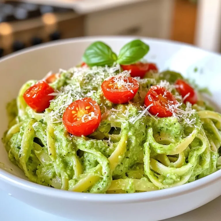 - 2 ripe avocados - 2 cups of cooked whole wheat pasta - 2 tablespoons fresh lemon juice - 2 garlic cloves, minced - 1/4 cup fresh basil leaves, packed - 1/4 cup olive oil - Salt and pepper to taste - Cherry tomatoes, halved (for garnish) - Grated Parmesan cheese (optional, for serving) When I make creamy avocado pasta, I always start with ripe avocados. They give the dish its silky texture. Choose ones that yield slightly when you press them gently. Next, I cook whole wheat pasta. It adds fiber and a nutty flavor. I cook about two cups, which serves four people. Fresh lemon juice brightens the dish. I use about two tablespoons. Minced garlic gives a punchy flavor. I usually add two cloves for balance. Fresh basil leaves bring a lovely aroma. I pack a quarter cup for the sauce. Don’t forget the olive oil! It helps blend everything smoothly. I pour in a quarter cup while mixing. Seasoning is key, so I use salt and pepper to taste. For garnish, I like halved cherry tomatoes. They add freshness and color. Grated Parmesan cheese is optional but makes it even better! Having all these ingredients ready makes the cooking process smooth and fun. {{ingredient_image_1}} To cook whole wheat pasta perfectly, start by bringing a pot of water to a boil. Add a pinch of salt to the water. This adds flavor to your pasta. Cook the pasta according to the package instructions. Usually, it takes about 8-10 minutes to cook. Stir the pasta occasionally to prevent it from sticking. Once the pasta is tender, remove it from the heat. Carefully drain the pasta in a colander. Shake off the excess water and set it aside. While the pasta cooks, you can prepare the avocado sauce. Grab a food processor and add two ripe avocados. Next, pour in two tablespoons of fresh lemon juice. Add two minced garlic cloves and a packed 1/4 cup of fresh basil leaves. Pulse the mixture until it is smooth. If you see any lumps, scrape down the sides and pulse again. With the processor running, slowly drizzle in 1/4 cup of olive oil. This helps make the sauce creamy. Taste the sauce and add salt and pepper to your liking. In a large mixing bowl, combine the cooked pasta and the creamy avocado sauce. Toss gently until the pasta is well coated. To serve, place the pasta on plates and top with halved cherry tomatoes. These add a bright splash of color. If you want, sprinkle grated Parmesan cheese on top for extra flavor. Enjoy your creamy avocado pasta right away! To ensure creaminess, start with ripe avocados. They should feel slightly soft when you press them. If they're hard, let them ripen for a few days. When blending, use a food processor for the best texture. Add the olive oil slowly while blending. This helps create a smooth, creamy sauce. If the sauce seems thick, add a splash of water or more lemon juice. Adjusting seasoning is key. After blending, taste the sauce. Add salt and pepper in small amounts. This makes sure the flavors shine. If you want more zing, add a bit of lemon juice. A touch of garlic can also enhance the flavor. For added depth, consider spices like paprika or red pepper flakes. These add warmth and a little heat. Fresh herbs like parsley or dill can also brighten up the dish. They bring freshness to the creamy sauce. Ideas for additional toppings are endless. Try adding halved cherry tomatoes for sweetness and color. You could also sprinkle grated Parmesan cheese on top. This adds a nice salty kick. For crunch, consider roasted nuts or seeds. They provide a great texture contrast. Pro Tips Choose Ripe Avocados: Make sure your avocados are perfectly ripe for a creamy sauce. They should yield slightly to gentle pressure when squeezed. Cook Pasta Al Dente: For the best texture, cook the whole wheat pasta until al dente. It will continue to soften slightly after being mixed with the sauce. Fresh Ingredients Matter: Use fresh lemon juice and basil for the best flavor. Dried herbs or bottled lemon juice won't provide the same vibrant taste. Customize Your Toppings: Feel free to add other toppings like crushed red pepper, nuts, or other veggies to enhance the dish further! {{image_2}} If you want to make this dish vegan, you can easily swap some ingredients. Instead of olive oil, try using avocado oil or a nut-based oil. Both will keep your sauce rich and tasty. For cheese, you can skip the Parmesan or use a vegan cheese. Nutritional yeast is a great choice too. It adds a cheesy flavor without any dairy. You can boost the protein in your creamy avocado pasta by adding ingredients like chickpeas or grilled chicken. Chickpeas add texture and protein, making the dish heartier. Just toss them in with the pasta and sauce. If you prefer chicken, grill or sauté it and mix it in for a filling meal. Adding vegetables is another smart way to enhance this dish. Spinach and bell peppers are both excellent choices. Spinach adds nutrients and color, while bell peppers give a nice crunch. Simply chop them up and toss them in with your pasta for extra flavor and health benefits. To keep your creamy avocado pasta fresh, store it in an airtight container. Place it in the fridge right after serving. This keeps the flavors locked in and helps the pasta stay tasty. You can store it for up to three days. When reheating, avoid the microwave if you can. Microwaving can make the pasta mushy. Instead, heat it in a pan over low heat. Add a splash of water or olive oil to help revive the creaminess. Stir gently until warm. You can freeze the avocado sauce if you have extra. To do this, pour the sauce into a freezer-safe bag or container. Make sure to remove any air before sealing. The sauce will keep well for up to three months. When you want to use the sauce, take it out and thaw it in the fridge overnight. If you need it faster, you can place the bag in a bowl of warm water. Once thawed, stir it well before mixing with pasta. You may want to add a little olive oil for extra smoothness. How do you make avocado pasta sauce? To make avocado pasta sauce, start with ripe avocados. Use two avocados for this recipe. Scoop the flesh into a food processor. Add two tablespoons of fresh lemon juice, two minced garlic cloves, and a quarter cup of fresh basil leaves. Pulse until smooth. With the processor running, slowly drizzle in a quarter cup of olive oil. Blend until creamy. Season with salt and pepper to taste. Can you prepare this dish in advance? Yes, you can prepare parts of this dish in advance. Cook the pasta ahead of time and store it in the fridge. Make the avocado sauce and store it separately. Combine them just before serving. This keeps the pasta fresh and prevents it from getting mushy. What are substitute options for pasta? If you want alternatives to whole wheat pasta, consider zucchini noodles or spaghetti squash. These options are lower in carbs and add more veggies to your meal. You can also try gluten-free pasta if you have dietary restrictions. How long does avocado pasta last in the fridge? Avocado pasta lasts about two days in the fridge. Store it in an airtight container to keep it fresh. The longer it sits, the more the avocado may brown. To slow browning, add a bit more lemon juice to the sauce. Is creamy avocado pasta suitable for meal prep? Yes, creamy avocado pasta is great for meal prep. Just store the sauce and pasta separately. Mix them together when you are ready to eat. This keeps your meal tasty and fresh throughout the week. This dish combines ripe avocados and whole wheat pasta for a creamy delight. You learned how to cook pasta, make a smooth avocado sauce, and mix them together. Also, I shared tips to enhance flavor and options for variations. Don't forget to store leftovers correctly for future meals. This creamy avocado pasta is simple and healthy. Try it today for a quick, delicious meal!