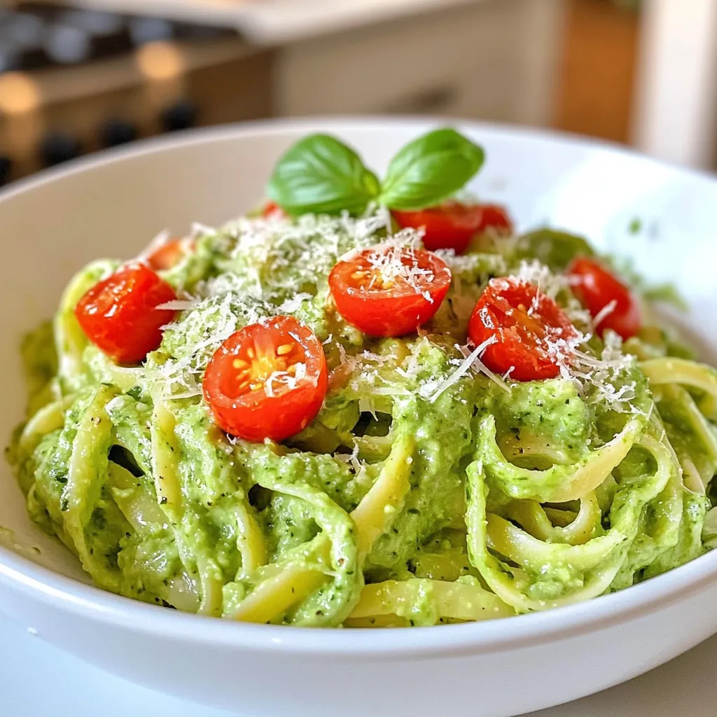 - 2 ripe avocados - 2 cups of cooked whole wheat pasta - 2 tablespoons fresh lemon juice - 2 garlic cloves, minced - 1/4 cup fresh basil leaves, packed - 1/4 cup olive oil - Salt and pepper to taste - Cherry tomatoes, halved (for garnish) - Grated Parmesan cheese (optional, for serving) When I make creamy avocado pasta, I always start with ripe avocados. They give the dish its silky texture. Choose ones that yield slightly when you press them gently. Next, I cook whole wheat pasta. It adds fiber and a nutty flavor. I cook about two cups, which serves four people. Fresh lemon juice brightens the dish. I use about two tablespoons. Minced garlic gives a punchy flavor. I usually add two cloves for balance. Fresh basil leaves bring a lovely aroma. I pack a quarter cup for the sauce. Don’t forget the olive oil! It helps blend everything smoothly. I pour in a quarter cup while mixing. Seasoning is key, so I use salt and pepper to taste. For garnish, I like halved cherry tomatoes. They add freshness and color. Grated Parmesan cheese is optional but makes it even better! Having all these ingredients ready makes the cooking process smooth and fun. {{ingredient_image_1}} To cook whole wheat pasta perfectly, start by bringing a pot of water to a boil. Add a pinch of salt to the water. This adds flavor to your pasta. Cook the pasta according to the package instructions. Usually, it takes about 8-10 minutes to cook. Stir the pasta occasionally to prevent it from sticking. Once the pasta is tender, remove it from the heat. Carefully drain the pasta in a colander. Shake off the excess water and set it aside. While the pasta cooks, you can prepare the avocado sauce. Grab a food processor and add two ripe avocados. Next, pour in two tablespoons of fresh lemon juice. Add two minced garlic cloves and a packed 1/4 cup of fresh basil leaves. Pulse the mixture until it is smooth. If you see any lumps, scrape down the sides and pulse again. With the processor running, slowly drizzle in 1/4 cup of olive oil. This helps make the sauce creamy. Taste the sauce and add salt and pepper to your liking. In a large mixing bowl, combine the cooked pasta and the creamy avocado sauce. Toss gently until the pasta is well coated. To serve, place the pasta on plates and top with halved cherry tomatoes. These add a bright splash of color. If you want, sprinkle grated Parmesan cheese on top for extra flavor. Enjoy your creamy avocado pasta right away! To ensure creaminess, start with ripe avocados. They should feel slightly soft when you press them. If they're hard, let them ripen for a few days. When blending, use a food processor for the best texture. Add the olive oil slowly while blending. This helps create a smooth, creamy sauce. If the sauce seems thick, add a splash of water or more lemon juice. Adjusting seasoning is key. After blending, taste the sauce. Add salt and pepper in small amounts. This makes sure the flavors shine. If you want more zing, add a bit of lemon juice. A touch of garlic can also enhance the flavor. For added depth, consider spices like paprika or red pepper flakes. These add warmth and a little heat. Fresh herbs like parsley or dill can also brighten up the dish. They bring freshness to the creamy sauce. Ideas for additional toppings are endless. Try adding halved cherry tomatoes for sweetness and color. You could also sprinkle grated Parmesan cheese on top. This adds a nice salty kick. For crunch, consider roasted nuts or seeds. They provide a great texture contrast. Pro Tips Choose Ripe Avocados: Make sure your avocados are perfectly ripe for a creamy sauce. They should yield slightly to gentle pressure when squeezed. Cook Pasta Al Dente: For the best texture, cook the whole wheat pasta until al dente. It will continue to soften slightly after being mixed with the sauce. Fresh Ingredients Matter: Use fresh lemon juice and basil for the best flavor. Dried herbs or bottled lemon juice won't provide the same vibrant taste. Customize Your Toppings: Feel free to add other toppings like crushed red pepper, nuts, or other veggies to enhance the dish further! {{image_2}} If you want to make this dish vegan, you can easily swap some ingredients. Instead of olive oil, try using avocado oil or a nut-based oil. Both will keep your sauce rich and tasty. For cheese, you can skip the Parmesan or use a vegan cheese. Nutritional yeast is a great choice too. It adds a cheesy flavor without any dairy. You can boost the protein in your creamy avocado pasta by adding ingredients like chickpeas or grilled chicken. Chickpeas add texture and protein, making the dish heartier. Just toss them in with the pasta and sauce. If you prefer chicken, grill or sauté it and mix it in for a filling meal. Adding vegetables is another smart way to enhance this dish. Spinach and bell peppers are both excellent choices. Spinach adds nutrients and color, while bell peppers give a nice crunch. Simply chop them up and toss them in with your pasta for extra flavor and health benefits. To keep your creamy avocado pasta fresh, store it in an airtight container. Place it in the fridge right after serving. This keeps the flavors locked in and helps the pasta stay tasty. You can store it for up to three days. When reheating, avoid the microwave if you can. Microwaving can make the pasta mushy. Instead, heat it in a pan over low heat. Add a splash of water or olive oil to help revive the creaminess. Stir gently until warm. You can freeze the avocado sauce if you have extra. To do this, pour the sauce into a freezer-safe bag or container. Make sure to remove any air before sealing. The sauce will keep well for up to three months. When you want to use the sauce, take it out and thaw it in the fridge overnight. If you need it faster, you can place the bag in a bowl of warm water. Once thawed, stir it well before mixing with pasta. You may want to add a little olive oil for extra smoothness. How do you make avocado pasta sauce? To make avocado pasta sauce, start with ripe avocados. Use two avocados for this recipe. Scoop the flesh into a food processor. Add two tablespoons of fresh lemon juice, two minced garlic cloves, and a quarter cup of fresh basil leaves. Pulse until smooth. With the processor running, slowly drizzle in a quarter cup of olive oil. Blend until creamy. Season with salt and pepper to taste. Can you prepare this dish in advance? Yes, you can prepare parts of this dish in advance. Cook the pasta ahead of time and store it in the fridge. Make the avocado sauce and store it separately. Combine them just before serving. This keeps the pasta fresh and prevents it from getting mushy. What are substitute options for pasta? If you want alternatives to whole wheat pasta, consider zucchini noodles or spaghetti squash. These options are lower in carbs and add more veggies to your meal. You can also try gluten-free pasta if you have dietary restrictions. How long does avocado pasta last in the fridge? Avocado pasta lasts about two days in the fridge. Store it in an airtight container to keep it fresh. The longer it sits, the more the avocado may brown. To slow browning, add a bit more lemon juice to the sauce. Is creamy avocado pasta suitable for meal prep? Yes, creamy avocado pasta is great for meal prep. Just store the sauce and pasta separately. Mix them together when you are ready to eat. This keeps your meal tasty and fresh throughout the week. This dish combines ripe avocados and whole wheat pasta for a creamy delight. You learned how to cook pasta, make a smooth avocado sauce, and mix them together. Also, I shared tips to enhance flavor and options for variations. Don't forget to store leftovers correctly for future meals. This creamy avocado pasta is simple and healthy. Try it today for a quick, delicious meal!
