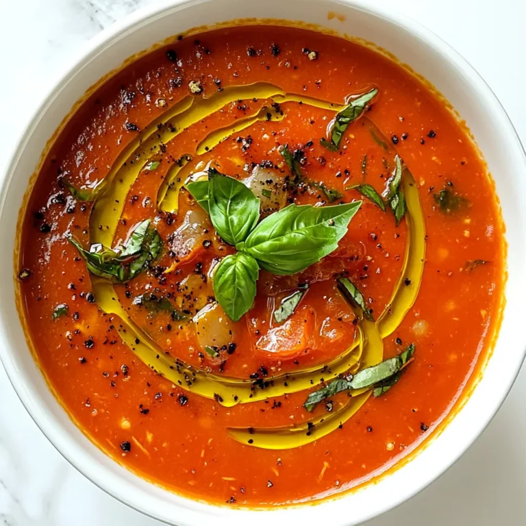 To create a delicious roasted tomato basil soup, you'll need the following: - 2 pounds ripe tomatoes, halved - 1 large onion, quartered - 4 cloves garlic, unpeeled - 3 tablespoons olive oil - Salt and pepper to taste - 2 cups vegetable broth - 1 teaspoon sugar (optional) - 1 cup fresh basil leaves, loosely packed - ¼ cup heavy cream (optional, for creaminess) - Fresh basil leaves for garnish If you can't find certain ingredients, here are some swaps: - Use any onion type, like yellow or sweet, instead of a large onion. - Swap garlic with garlic powder; use about 1 teaspoon. - Replace vegetable broth with chicken broth for a different flavor. - Use coconut milk instead of heavy cream for a dairy-free option. - For fresh basil, try dried basil; use about 1 tablespoon. Each ingredient in this soup adds its own health benefits: - Tomatoes: Rich in vitamins C and K, tomatoes help boost your immune system. They also contain antioxidants, which can protect your cells. - Onions: These add flavor and are packed with nutrients. They may help lower blood pressure and improve heart health. - Garlic: This powerful ingredient can help fight sickness and improve heart health. It may also have antibacterial properties. - Basil: This herb is high in antioxidants and may reduce inflammation. It also brings a fresh flavor that brightens the soup. - Olive Oil: A healthy fat, olive oil can help reduce bad cholesterol. It also supports heart health. Using these fresh ingredients not only makes your soup tasty but also healthy! {{ingredient_image_1}} First, preheat your oven to 400°F (200°C). This step helps the veggies roast perfectly. Next, gather your ingredients. You will need: - 2 pounds ripe tomatoes, halved - 1 large onion, quartered - 4 cloves garlic, unpeeled - 3 tablespoons olive oil - Salt and pepper to taste Spread the halved tomatoes, quartered onion, and unpeeled garlic on a baking sheet. Drizzle with 2 tablespoons of olive oil. Add salt and pepper to taste. Make sure to coat everything well. Now, place the baking sheet in your preheated oven. Roast the vegetables for about 30 to 35 minutes. You want the tomatoes to caramelize and the onion to soften. Keep an eye on them. The smell will be amazing! When done, take the baking sheet out of the oven. Let it cool a bit. Then, squeeze the roasted garlic out of its skin. Discard the skins. In a large pot, combine the roasted tomatoes, onion, garlic, and any juices from the baking sheet. Add 2 cups of vegetable broth and 1 teaspoon of sugar if you want. Bring this mixture to a simmer over medium heat. Now, stir in 1 cup of fresh basil leaves. Let it simmer for another 10 minutes. This will infuse the soup with great flavor. Next, use an immersion blender to puree the soup until it’s smooth. If you don't have one, you can carefully transfer the soup to a blender. Blend until it’s silky. If you want a creamier soup, stir in ¼ cup of heavy cream and heat it through. Adjust the seasoning with salt and pepper. Ladle the soup into bowls and garnish with fresh basil leaves. Your comforting roasted tomato basil soup is ready to enjoy! When choosing tomatoes, look for bright red ones. They should feel firm yet slightly soft. The skin should be smooth and shiny. If you smell them, a sweet aroma means they are ripe. Avoid any with bruises or dark spots. You want tomatoes that are in season for the best taste. To get the perfect texture in your soup, blend it well. An immersion blender works great for this. If you prefer a chunkier soup, blend just half of it. Adjust the soup's thickness by adding more vegetable broth. For a creamier base, mix in heavy cream after blending. Always taste and adjust the seasoning before serving. To boost the flavor, add fresh herbs like thyme or oregano. A dash of balsamic vinegar can add depth too. If you want a touch of sweetness, a teaspoon of sugar helps. Roasting the garlic with the tomatoes brings out its sweetness. For a spicy kick, add red pepper flakes or a splash of hot sauce. Pro Tips Choose the Right Tomatoes: For the best flavor, use a mix of heirloom and Roma tomatoes. They have a rich taste and perfect for roasting. Experiment with Herbs: While basil is classic, try adding rosemary or thyme for a different flavor profile. Make Ahead: This soup can be made in advance and stored in the fridge for up to three days, or frozen for up to three months. Adjusting Sweetness: If your tomatoes are too acidic, a teaspoon of sugar can balance the flavors without making it sweet. {{image_2}} You can easily make this soup vegan. Simply skip the heavy cream. The soup tastes great without it. You still get a rich, creamy texture when you blend the roasted veggies. If you want more creaminess, use coconut cream instead. It adds a nice twist to the flavor. This recipe is already gluten-free! You don’t need to change anything. All the ingredients are safe for those with gluten issues. Just double-check the vegetable broth to ensure it is gluten-free. Feel free to be playful with this soup. You can add roasted red peppers for a smoky flavor. A splash of balsamic vinegar gives it a tangy kick. Try adding fresh herbs like thyme or oregano for extra depth. For a spicy twist, add a pinch of red pepper flakes. If you love cheese, toss in some grated Parmesan at the end. Each of these ideas makes the soup unique and fun! To keep your roasted tomato basil soup fresh, let it cool first. Use airtight containers for storage. This keeps out air and moisture. Store your soup in the fridge for up to five days. Label your containers to avoid mix-ups. If you want to save it longer, freezing is a great option. Freezing your soup is easy. Pour the cooled soup into freezer-safe bags or containers. Leave space at the top. The soup will expand when it freezes. Seal tightly and label with the date. You can freeze it for up to three months. When you’re ready to eat, just thaw it in the fridge overnight. Reheating your soup is simple. Pour the soup into a pot and heat it on medium-low. Stir often to avoid burning. You can also microwave it. Place the soup in a microwave-safe bowl and cover it. Heat for one to two minutes, stirring halfway through. Always check the temperature before serving. Enjoy your comforting soup! Yes, you can use canned tomatoes. They work well in this soup. Choose high-quality canned tomatoes for the best flavor. Use about two cans of whole tomatoes. Drain off some liquid, but keep some for texture. Canned tomatoes can save time and still taste great. This soup pairs well with many foods. A grilled cheese sandwich is a classic choice. You can also serve it with crusty bread for dipping. A simple green salad adds freshness to your meal. If you want more protein, try adding cooked chicken or beans. Roasted Tomato Basil Soup lasts about five days in the fridge. Store it in an airtight container to keep it fresh. If you want to keep it longer, consider freezing it. It can last for about three months in the freezer. Just thaw it overnight before reheating. In this post, we explored the key ingredients for roasted tomato basil soup, what you can swap, and their health perks. I shared simple, step-by-step instructions for making your soup delicious. We also discussed storage tips and fun variations, like vegan or gluten-free options. Remember, this soup is easy to customize. Be creative with flavors and ingredients. With proper storage, your soup can last and taste great over time. Enjoy your cooking and make this dish your own!