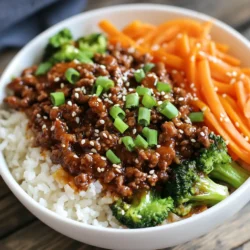 - 1 lb (450g) ground beef - 2 tablespoons soy sauce - 1 tablespoon gochujang (Korean chili paste) - 1 tablespoon sesame oil - 2 teaspoons grated ginger - 3 cloves garlic, minced - 1 teaspoon brown sugar - 2 green onions, chopped - 1 small carrot, julienned - 1 cup cooked jasmine rice - 1 cup steamed broccoli - Sesame seeds for garnish I love how these ingredients come together. The ground beef provides a rich base. Gochujang adds that signature kick. It’s sweet, spicy, and oh-so-delicious. Soy sauce brings umami, making every bite tasty. Aromatics like garlic and ginger are key. They create an amazing aroma as they cook. The carrots and broccoli add color and crunch. Plus, they bring a healthy balance to the dish. - Skillet - Spatula - Measuring Spoons For cooking, you'll need a skillet. This is where all the magic happens. A spatula helps break the beef apart while it cooks. Measuring spoons ensure you get the right amounts. This way, your flavors stay on point. Gather these items before you start. It makes the cooking process smoother and more fun! {{ingredient_image_1}} - Sautéing Garlic and Ginger First, heat 1 tablespoon of sesame oil in a large skillet over medium heat. Next, add 3 cloves of minced garlic and 2 teaspoons of grated ginger. Sauté these for about 30 seconds until they smell great. This step builds a strong flavor base for your dish. - Browning the Beef Now, add 1 pound of ground beef to the skillet. Cook the beef for 5-7 minutes. Use a spatula to break it apart as it cooks. You want it to be nicely browned. - Mixing in Soy Sauce and Gochujang After browning, drain any extra fat. Then, stir in 2 tablespoons of soy sauce, 1 tablespoon of gochujang, and 1 teaspoon of brown sugar. Mix everything well. Let it simmer for 2-3 minutes. This helps the beef soak up all those spicy flavors. - Serving Over Jasmine Rice Grab 1 cup of cooked jasmine rice for each bowl. Spoon the spicy beef mix over the rice. This makes a tasty and filling base. - Adding Steamed Broccoli and Garnishing Top each bowl with 1 cup of steamed broccoli. Then, sprinkle 2 chopped green onions and some sesame seeds on top. This adds color and crunch to your meal. Enjoy the burst of flavors in every bite! - Adjusting Gochujang Levels Gochujang gives the dish its heat. Start with one tablespoon. If you like more spice, add more gochujang. Mix it in well. You can always taste as you go. This way, you find your perfect heat level. - Taste Testing Before Serving Always taste your beef mix before serving. This lets you check if it needs more spice or seasoning. A quick taste can help balance flavors. Adjust spice levels if needed. Your guests will appreciate the effort. - Ground Beef Variations Use quality ground beef for the best flavor. You can also try lean ground turkey. It gives a lighter option without losing taste. Make sure to choose a fresh product. This makes a difference in your dish. - Sourcing Quality Ingredients Look for grass-fed beef or local sources. Fresh ingredients always enhance flavor. Visit farmer's markets if possible. They often have better quality products. This can elevate your spicy Korean beef bowls. - Pre-cooking Rice Cook your jasmine rice ahead of time. It saves you a lot of time. Make a big batch and store it in the fridge. This way, you can quickly assemble meals during the week. - Meal Prep Options Prepare your beef mix in advance. Cook it and store it in an airtight container. This keeps it fresh for a few days. You can reheat it easily for quick meals. Meal prep makes weeknight dinners much simpler. Pro Tips Use Fresh Ingredients: Fresh ginger and garlic will enhance the flavor of your dish significantly. Try to use freshly grated ginger and minced garlic for the best results. Adjust the Spice Level: If you prefer a milder dish, reduce the amount of gochujang. You can also add more sugar to balance the heat. Meal Prep Friendly: This recipe is perfect for meal prepping. Cook a larger batch and divide into containers for easy lunches throughout the week. Garnish for Flavor: Don't skip the sesame seeds and green onions! They add not only visual appeal but also a nice crunch and extra flavor. {{image_2}} You can switch out the ground beef for other proteins. Using chicken is great. Ground chicken works well in this dish. It absorbs the flavors nicely. You can also use tofu for a plant-based option. Firm tofu gives a nice texture. Just crumble it and cook it like beef. For a vegan adaptation, try using tempeh or lentils. Both options are healthy and tasty. They soak up the sauce and spices well. This way, everyone can enjoy the dish! Feel free to add different vegetables to your bowls. Bell peppers, snap peas, or zucchini can add color and crunch. You can also toss in some spinach for extra greens. It wilts down nicely and adds nutrients. Pair your spicy beef bowls with side dishes. Kimchi is a classic Korean side that adds tang. You could also serve a simple cucumber salad. This cools your palate and balances the heat. Want to amp up the flavor? Incorporate other spices like sesame seeds or red pepper flakes. These can give more depth to the dish. You can also try adding a splash of rice vinegar. It brings a nice zing to the mix. Different sauces can enhance your beef bowls too. Swap the soy sauce for tamari for a gluten-free option. Or mix in some hoisin sauce for a sweet twist. Experimenting with these can make your meal unique every time! To store leftovers, place the beef bowls in an airtight container. Make sure to cool them to room temperature first. This helps keep the food fresh. Use them within three to four days for the best taste. For the best containers, use glass or BPA-free plastic ones. They keep food fresh and help avoid spills in the fridge. When reheating, the microwave works well, but use medium heat. Stir the beef every minute to heat it evenly. Another great method is using a skillet on low heat. This keeps the flavors bright. To prevent dryness, add a splash of water or broth when reheating. Cover the dish to trap steam and moisture. This keeps your beef bowls juicy and tasty. To freeze portions, let the beef cool completely. Divide it into single servings and place them in freezer-safe bags. Label the bags with the date. This helps you keep track of how long they have been stored. For thawing, place the bags in the fridge overnight. This keeps the texture nice. If you’re in a hurry, use cold water to thaw the bags. Just remember, do not refreeze once thawed. Gochujang is a Korean chili paste. It has a sweet and spicy flavor. You can find it in Asian grocery stores or online. Look for it in the international aisle of many supermarkets. It comes in a red tub or jar. Yes, you can make this recipe gluten-free. Just use gluten-free soy sauce. Many brands offer gluten-free options. Always check labels to be sure. This dish is spicy but not too extreme. It uses one tablespoon of gochujang. Most Korean food has similar heat levels. Adjust the spice to your taste if you like it milder. To make this dish milder, use less gochujang. Start with half a tablespoon. You can also add more brown sugar. This will help balance the heat and make it sweeter. You can use other rice types if you don’t have jasmine rice. Brown rice is a great option. Quinoa or cauliflower rice also works well. Just cook them according to package instructions. In this post, we explored a simple and delicious recipe featuring ground beef, gochujang, and fresh vegetables. We covered ingredients, equipment, and clear steps to cook your meal. You learned tips for spice levels, alternative proteins, and how to store leftovers effectively. Remember, customizing this dish can make it your own. Enjoy cooking and sharing it with loved ones! It'll surely become a family favorite.