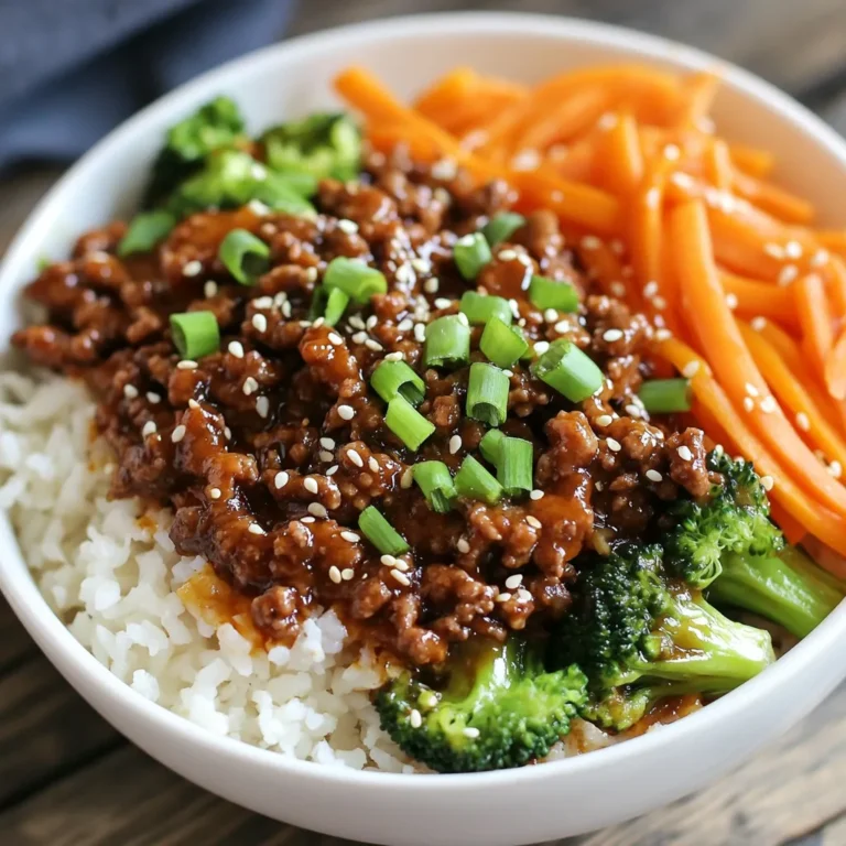 - 1 lb (450g) ground beef - 2 tablespoons soy sauce - 1 tablespoon gochujang (Korean chili paste) - 1 tablespoon sesame oil - 2 teaspoons grated ginger - 3 cloves garlic, minced - 1 teaspoon brown sugar - 2 green onions, chopped - 1 small carrot, julienned - 1 cup cooked jasmine rice - 1 cup steamed broccoli - Sesame seeds for garnish I love how these ingredients come together. The ground beef provides a rich base. Gochujang adds that signature kick. It’s sweet, spicy, and oh-so-delicious. Soy sauce brings umami, making every bite tasty. Aromatics like garlic and ginger are key. They create an amazing aroma as they cook. The carrots and broccoli add color and crunch. Plus, they bring a healthy balance to the dish. - Skillet - Spatula - Measuring Spoons For cooking, you'll need a skillet. This is where all the magic happens. A spatula helps break the beef apart while it cooks. Measuring spoons ensure you get the right amounts. This way, your flavors stay on point. Gather these items before you start. It makes the cooking process smoother and more fun! {{ingredient_image_1}} - Sautéing Garlic and Ginger First, heat 1 tablespoon of sesame oil in a large skillet over medium heat. Next, add 3 cloves of minced garlic and 2 teaspoons of grated ginger. Sauté these for about 30 seconds until they smell great. This step builds a strong flavor base for your dish. - Browning the Beef Now, add 1 pound of ground beef to the skillet. Cook the beef for 5-7 minutes. Use a spatula to break it apart as it cooks. You want it to be nicely browned. - Mixing in Soy Sauce and Gochujang After browning, drain any extra fat. Then, stir in 2 tablespoons of soy sauce, 1 tablespoon of gochujang, and 1 teaspoon of brown sugar. Mix everything well. Let it simmer for 2-3 minutes. This helps the beef soak up all those spicy flavors. - Serving Over Jasmine Rice Grab 1 cup of cooked jasmine rice for each bowl. Spoon the spicy beef mix over the rice. This makes a tasty and filling base. - Adding Steamed Broccoli and Garnishing Top each bowl with 1 cup of steamed broccoli. Then, sprinkle 2 chopped green onions and some sesame seeds on top. This adds color and crunch to your meal. Enjoy the burst of flavors in every bite! - Adjusting Gochujang Levels Gochujang gives the dish its heat. Start with one tablespoon. If you like more spice, add more gochujang. Mix it in well. You can always taste as you go. This way, you find your perfect heat level. - Taste Testing Before Serving Always taste your beef mix before serving. This lets you check if it needs more spice or seasoning. A quick taste can help balance flavors. Adjust spice levels if needed. Your guests will appreciate the effort. - Ground Beef Variations Use quality ground beef for the best flavor. You can also try lean ground turkey. It gives a lighter option without losing taste. Make sure to choose a fresh product. This makes a difference in your dish. - Sourcing Quality Ingredients Look for grass-fed beef or local sources. Fresh ingredients always enhance flavor. Visit farmer's markets if possible. They often have better quality products. This can elevate your spicy Korean beef bowls. - Pre-cooking Rice Cook your jasmine rice ahead of time. It saves you a lot of time. Make a big batch and store it in the fridge. This way, you can quickly assemble meals during the week. - Meal Prep Options Prepare your beef mix in advance. Cook it and store it in an airtight container. This keeps it fresh for a few days. You can reheat it easily for quick meals. Meal prep makes weeknight dinners much simpler. Pro Tips Use Fresh Ingredients: Fresh ginger and garlic will enhance the flavor of your dish significantly. Try to use freshly grated ginger and minced garlic for the best results. Adjust the Spice Level: If you prefer a milder dish, reduce the amount of gochujang. You can also add more sugar to balance the heat. Meal Prep Friendly: This recipe is perfect for meal prepping. Cook a larger batch and divide into containers for easy lunches throughout the week. Garnish for Flavor: Don't skip the sesame seeds and green onions! They add not only visual appeal but also a nice crunch and extra flavor. {{image_2}} You can switch out the ground beef for other proteins. Using chicken is great. Ground chicken works well in this dish. It absorbs the flavors nicely. You can also use tofu for a plant-based option. Firm tofu gives a nice texture. Just crumble it and cook it like beef. For a vegan adaptation, try using tempeh or lentils. Both options are healthy and tasty. They soak up the sauce and spices well. This way, everyone can enjoy the dish! Feel free to add different vegetables to your bowls. Bell peppers, snap peas, or zucchini can add color and crunch. You can also toss in some spinach for extra greens. It wilts down nicely and adds nutrients. Pair your spicy beef bowls with side dishes. Kimchi is a classic Korean side that adds tang. You could also serve a simple cucumber salad. This cools your palate and balances the heat. Want to amp up the flavor? Incorporate other spices like sesame seeds or red pepper flakes. These can give more depth to the dish. You can also try adding a splash of rice vinegar. It brings a nice zing to the mix. Different sauces can enhance your beef bowls too. Swap the soy sauce for tamari for a gluten-free option. Or mix in some hoisin sauce for a sweet twist. Experimenting with these can make your meal unique every time! To store leftovers, place the beef bowls in an airtight container. Make sure to cool them to room temperature first. This helps keep the food fresh. Use them within three to four days for the best taste. For the best containers, use glass or BPA-free plastic ones. They keep food fresh and help avoid spills in the fridge. When reheating, the microwave works well, but use medium heat. Stir the beef every minute to heat it evenly. Another great method is using a skillet on low heat. This keeps the flavors bright. To prevent dryness, add a splash of water or broth when reheating. Cover the dish to trap steam and moisture. This keeps your beef bowls juicy and tasty. To freeze portions, let the beef cool completely. Divide it into single servings and place them in freezer-safe bags. Label the bags with the date. This helps you keep track of how long they have been stored. For thawing, place the bags in the fridge overnight. This keeps the texture nice. If you’re in a hurry, use cold water to thaw the bags. Just remember, do not refreeze once thawed. Gochujang is a Korean chili paste. It has a sweet and spicy flavor. You can find it in Asian grocery stores or online. Look for it in the international aisle of many supermarkets. It comes in a red tub or jar. Yes, you can make this recipe gluten-free. Just use gluten-free soy sauce. Many brands offer gluten-free options. Always check labels to be sure. This dish is spicy but not too extreme. It uses one tablespoon of gochujang. Most Korean food has similar heat levels. Adjust the spice to your taste if you like it milder. To make this dish milder, use less gochujang. Start with half a tablespoon. You can also add more brown sugar. This will help balance the heat and make it sweeter. You can use other rice types if you don’t have jasmine rice. Brown rice is a great option. Quinoa or cauliflower rice also works well. Just cook them according to package instructions. In this post, we explored a simple and delicious recipe featuring ground beef, gochujang, and fresh vegetables. We covered ingredients, equipment, and clear steps to cook your meal. You learned tips for spice levels, alternative proteins, and how to store leftovers effectively. Remember, customizing this dish can make it your own. Enjoy cooking and sharing it with loved ones! It'll surely become a family favorite.