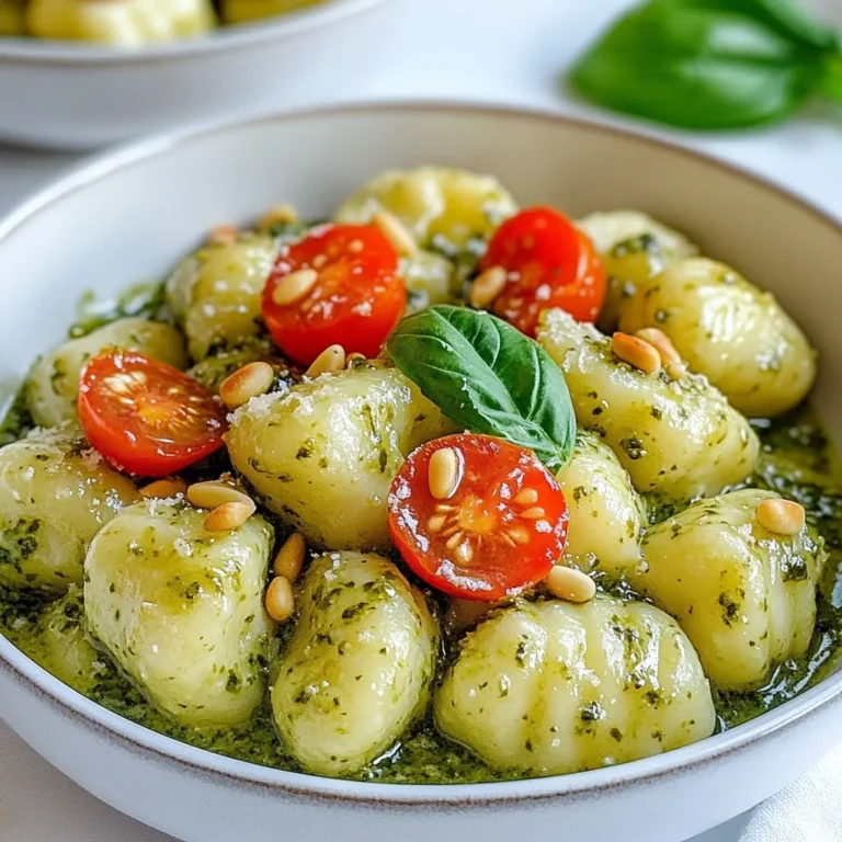 To make creamy pesto gnocchi, gather these ingredients: - 500g gnocchi (store-bought or homemade) - 1 cup fresh basil leaves - 1/2 cup grated Parmesan cheese - 1/3 cup pine nuts (toasted) - 2 cloves garlic, minced - 1/2 cup heavy cream - 2 tablespoons olive oil - Salt and pepper to taste - Cherry tomatoes (halved, for garnish) - Additional basil leaves (for garnish) If you want to swap ingredients, here are some ideas: - Use cashews or walnuts instead of pine nuts. - Replace heavy cream with coconut cream for a dairy-free option. - Try nutritional yeast instead of Parmesan for a vegan twist. - If you lack fresh basil, use spinach or arugula for a different flavor. When buying fresh ingredients, keep these tips in mind: - Choose bright green basil leaves with no brown spots. - Check that Parmesan cheese smells fresh and nutty. - Pick pine nuts that are golden and have a pleasant aroma. - Select gnocchi that feels firm and has no water spots. {{ingredient_image_1}} To make the pesto, grab a food processor. Add the fresh basil leaves, toasted pine nuts, minced garlic, and grated Parmesan cheese. Pulse these ingredients until they are coarsely chopped. Next, slowly pour in the olive oil while blending. Keep mixing until it turns smooth. Adjust the taste with salt and pepper. Set this delicious mix aside. Now, let’s cook the gnocchi. Fill a large pot with salted water and bring it to a boil. Once boiling, add the gnocchi. Follow the package instructions, usually about 2-3 minutes. You’ll know they are ready when they float to the top. Drain the gnocchi and set them aside for later. Next, it’s time for the cream sauce. Take a large skillet and pour in the heavy cream. Heat it over medium heat. Allow it to come to a gentle simmer. Stir occasionally to keep it smooth and creamy. Now, stir the prepared pesto into the skillet with the warm cream. Mix well so the flavors blend. Cook for an additional 1-2 minutes until the sauce is hot. Then, gently fold the cooked gnocchi into the creamy pesto sauce. Make sure every piece is well coated. Cook everything together on low heat for about 2-3 minutes. This warms all the ingredients and enhances the flavor. To get that super creamy sauce, use heavy cream. It blends well with pesto and adds richness. Heat the cream gently in your skillet. Don’t let it boil. Stir the pesto into the warm cream slowly. This helps keep it smooth and velvety. If you want extra creaminess, add a bit more heavy cream or a splash of pasta water. The starchy water helps the sauce stick to the gnocchi. One mistake is cooking the gnocchi too long. They should float in water for just 2-3 minutes. Overcooking makes them mushy. Another mistake is adding cold pesto to hot cream. This can cool the sauce down. Always combine them when the cream is warm. Lastly, don’t skip seasoning. A pinch of salt and pepper makes a big difference in flavor. Serve your creamy pesto gnocchi right away. It tastes best when hot. Garnish with halved cherry tomatoes for color and flavor. You can also add extra basil leaves for a fresh touch. For a fun twist, serve with a side salad or garlic bread. If you want to impress, sprinkle some extra Parmesan on top. Enjoy your meal and share it with friends! Pro Tips Fresh Basil is Key: Use fresh basil leaves for the pesto to achieve a vibrant flavor that dried herbs cannot match. Toast the Pine Nuts: Toasting the pine nuts enhances their flavor and adds a delightful crunch to the pesto. Reserve Pasta Water: Keep a cup of the gnocchi cooking water before draining; it can be added to the sauce to adjust consistency if needed. Experiment with Cheese: Try adding different cheeses like mozzarella or goat cheese for a unique twist on the creamy sauce. {{image_2}} You can make a tasty vegan version of creamy pesto gnocchi. For this, swap the heavy cream with coconut cream or cashew cream. Use nutritional yeast in place of Parmesan for a cheesy flavor. Blend fresh basil, toasted pine nuts, garlic, and nutritional yeast in your food processor. Add olive oil until it reaches a smooth texture. This way, you keep all the flavors you love while making it plant-based. Feel free to customize your creamy pesto gnocchi with extra flavors. You can add sautéed spinach, mushrooms, or bell peppers for more color and taste. For protein, consider adding cooked chickpeas or lentils. If you want a kick, toss in some red pepper flakes. These add-ins make your meal even more hearty and fun. Don't hesitate to try different combinations that excite your taste buds! Gnocchi comes in many varieties. You can choose classic potato gnocchi, which is soft and fluffy. For a twist, try ricotta gnocchi, which is lighter. You could also use whole wheat gnocchi for a healthier option. Each type has its own unique texture and flavor. Experiment with different gnocchi to find your favorite that pairs perfectly with creamy pesto sauce! To keep your creamy pesto gnocchi fresh, store it in an airtight container. Make sure it’s cool before sealing. Place it in the fridge for up to three days. This way, you can enjoy the dish later without losing flavor. When it’s time to eat your leftovers, reheat them gently. You can use a skillet over low heat. Add a splash of cream or water to keep it moist. Stir often to ensure even heating. You can also microwave it in short bursts, stirring in between. This keeps the gnocchi soft and creamy. If you want to save some for later, freezing is a good option. Place the cooled gnocchi in a freezer-safe container. It can last for up to three months. When you’re ready to eat, thaw it in the fridge overnight. Reheat as mentioned above for the best taste. Avoid freezing the dish with fresh tomatoes and basil. They don’t freeze well and can lose their texture. Yes, you can use store-bought pesto. It saves time and still tastes great. Look for a brand with fresh ingredients. Check the label for quality. Some store-bought options are very good. However, making your own pesto gives you more control over flavors. You can adjust the garlic or nuts to your liking. This creamy pesto gnocchi is great for meal prep. You can make it ahead and store it in the fridge. The flavors will blend well when reheated. Just remember to keep the gnocchi separate from the sauce if possible. This helps to prevent sogginess. You can also prepare the pesto and gnocchi in advance. If you need a substitute for Parmesan cheese, try nutritional yeast. It gives a cheesy flavor without dairy. You can also use Pecorino Romano for a stronger taste. Another option is to use a vegan cheese blend. Just make sure it melts well in the sauce. Experiment with different cheeses to find what you like best. We covered ingredients, cooking steps, and tips for making great gnocchi with pesto. Remember to choose fresh items for the best taste. Use my tricks to avoid common mistakes and achieve a creamy sauce. Try out different variations or substitutes to fit your needs. Lastly, proper storage will keep your dish fresh. Enjoy your cooking journey with this simple and tasty recipe!