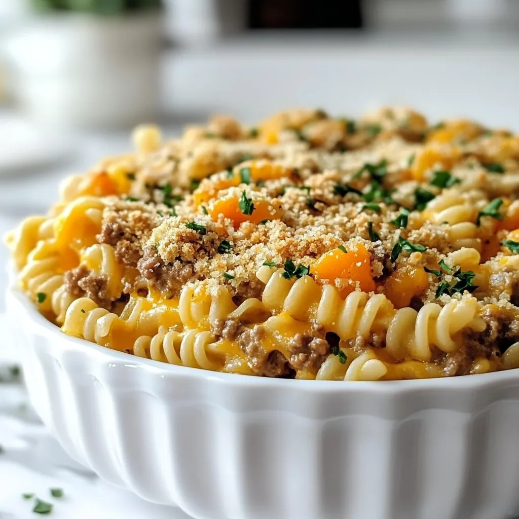 - 1 lb ground beef - 1 medium onion, diced - 2 cloves garlic, minced - 1 can (15 oz) mixed vegetables, drained - 1 can (10.5 oz) cream of mushroom soup - 1 cup beef broth - 2 cups cooked pasta (elbow, shells, or any shaped pasta) - 1 cup shredded cheddar cheese - 1 teaspoon Italian seasoning - Salt and pepper to taste - ½ cup breadcrumbs - 2 tablespoons olive oil You can switch the ground beef with ground turkey or chicken. For a vegetarian option, use meat substitutes like lentils or mushrooms. If you want a healthier twist, try quinoa or beans. For the cream of mushroom soup, consider making your own. You can blend mushrooms with broth and cream for a fresh taste. If you want more variety, use other soups like cream of chicken or celery. For pasta, feel free to switch it up. Any cooked pasta works well, like penne or fusilli. You can even use rice if you prefer. {{ingredient_image_1}} - Preheat the oven to 350°F (175°C). - In a large skillet, heat 2 tablespoons of olive oil over medium heat. Add 1 medium diced onion and 2 minced garlic cloves. Sauté them until they turn soft and clear, about 3-4 minutes. - Add 1 pound of ground beef to the skillet. Cook it for about 5-7 minutes. Break it apart with a spoon as it cooks. Make sure it gets brown and fully cooked. Drain any fat from the skillet. - Stir in 1 can of mixed vegetables, 1 can of cream of mushroom soup, and 1 cup of beef broth. Add 2 cups of cooked pasta and 1 teaspoon of Italian seasoning. Season with salt and pepper to taste. Mix everything until it looks well combined. - Transfer the mixture into a greased 9x13 inch baking dish. Spread it out so it is even. - Top it with 1 cup of shredded cheddar cheese. In a small bowl, mix ½ cup of breadcrumbs with a tablespoon of olive oil. Sprinkle this mixture over the cheese for a tasty crunch. - Bake in your preheated oven for 25-30 minutes. Check to see if it is bubbly and the breadcrumbs are golden brown. To make your ground beef full of flavor, you can start by seasoning early. When you brown the beef, add a pinch of salt and pepper right away. This helps the meat absorb the flavors. You can also mix in some Italian seasoning for a nice touch. To get the perfect cheese topping, use fresh shredded cheddar cheese. Pack it on top of the casserole before baking. This gives it a nice melt and golden color. If you want extra crunch, mix breadcrumbs with a little olive oil. Sprinkle this on top before baking. For side dishes, I recommend a fresh salad or some roasted vegetables. These add color and texture to your meal. Crusty bread is also great for soaking up the tasty sauce. When you serve the casserole, use deep bowls. This keeps it warm and allows you to see the layers. A sprinkle of fresh parsley on top adds a pop of color and freshness. You can prepare this casserole in advance for busy days. Cook the beef and mix it with the other ingredients. Store this mixture in the fridge for up to two days. When you are ready to eat, just transfer it to the baking dish and top with cheese and breadcrumbs. For freezing, allow the casserole to cool completely. Cover it tightly with plastic wrap and foil. It will keep well in the freezer for up to three months. To reheat, bake from frozen at 350°F (175°C) for about 1 hour. If it’s thawed, it will take about 30 minutes. Pro Tips Use Lean Ground Beef: Opt for 80/20 ground beef for a balance of flavor and reduced grease. If you prefer a healthier option, try ground turkey or chicken. Customize Your Veggies: Feel free to add or substitute your favorite vegetables like bell peppers, zucchini, or corn for added flavor and nutrition. Make It Ahead: Prepare the casserole a day in advance and store it in the refrigerator. Bake it the next day for an easy, ready-to-eat meal. Experiment with Cheese: While cheddar cheese is great, try mixing in other cheeses like mozzarella or pepper jack for a different flavor profile. {{image_2}} You can change this dish by adding different vegetables. Try zucchini, bell peppers, or even corn. These additions boost flavor and nutrition. You can also switch up the cheese. Instead of cheddar, use mozzarella or pepper jack for a spicy twist. These swaps keep the recipe fresh and exciting. Herbs and spices can change the taste of your casserole. Add Italian seasoning, paprika, or even cumin for a new flavor. You can also explore different sauces. Instead of cream of mushroom soup, try cream of chicken or a tomato-based sauce. These changes let you customize the dish to your taste. If you need gluten-free options, use gluten-free pasta and breadcrumbs. This keeps the dish safe for those with gluten allergies. For vegetarian or vegan adaptations, swap the ground beef for lentils or mushrooms. Use a plant-based cream soup too. These options make the casserole friendly for different diets. To keep your Hobo Ground Beef Casserole fresh, store it in the fridge. Place leftovers in an airtight container. This helps seal in moisture and flavor. If you have a large portion, cut it into smaller pieces. This way, it cools faster and is easy to grab later. For freezing, let the casserole cool completely before packing. Use a freezer-safe container or heavy-duty freezer bags. Make sure to remove as much air as possible. Label the container with the date. This helps keep track of how long it has been frozen. In the fridge, your casserole will last about 3 to 4 days. If frozen, it stays good for up to 3 months. Always check for signs of spoilage. Look for changes in color or texture. If it smells off, it's time to toss it. Safety first! When reheating, use the oven for best results. Preheat it to 350°F (175°C). Place the casserole in a baking dish and cover with foil. This keeps it from drying out. Bake for about 20 minutes or until hot. For quick reheating, the microwave works too. Use a microwave-safe dish. Heat in 1-minute intervals, stirring in between. If you want to refresh your leftovers, add a little extra cheese on top before reheating. This gives it a nice melty finish! Can I make this recipe ahead of time? Yes, you can prepare this casserole ahead of time. Cook the beef and mix in the other ingredients. Then, store it in the fridge. Bake it when you are ready to eat. What can I serve with Hobo Ground Beef Casserole? This casserole pairs well with a simple salad or crusty bread. You can also serve it with steamed veggies. Is it necessary to use cream of mushroom soup, or can I use something else? You can use other soups, like cream of chicken or even homemade sauces. This gives you some flexibility in flavor. What’s the best way to ensure the beef stays moist? Cook the ground beef just until it's browned. Don’t overcook it. Adding beef broth also helps keep it moist and adds great flavor. How do I prevent the casserole from drying out during baking? Cover the casserole with foil for the first part of baking. This traps steam and keeps it moist. Remove the foil later to get a nice, golden top. Can I use fresh vegetables instead of canned? Yes, fresh veggies can work well. Chop them up and add them in the same way. Just make sure they are tender before mixing them in. What can I use instead of cheddar cheese? You can use mozzarella, pepper jack, or any cheese you like. Each will give a different taste to the casserole. This blog post covered everything about making a tasty Hobo Ground Beef Casserole. We discussed the key ingredients, how to prep and cook, storage tips, and ways to customize the dish. Now you have the tools to create a meal that is both hearty and simple. Remember, cooking can be fun and flexible. Don’t hesitate to try different ingredients and variations. Enjoy your time in the kitchen, and happy cooking!