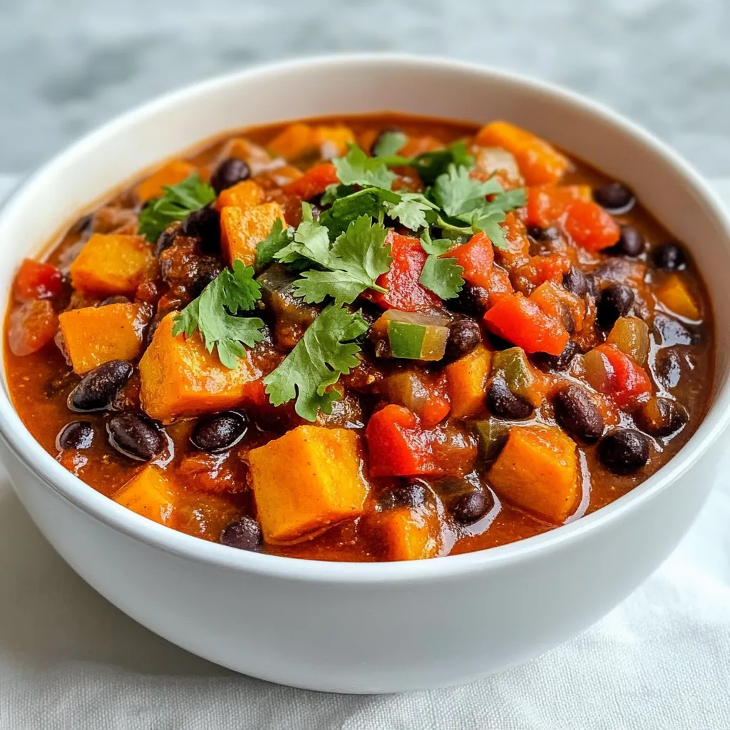 - 2 medium sweet potatoes, peeled and diced - 1 can (15 oz) black beans, drained and rinsed - 1 can (14 oz) diced tomatoes, with juice - 1 red bell pepper, diced - 1 onion, chopped - 3 cloves garlic, minced - 1 teaspoon ground cumin - 1 teaspoon smoked paprika - ½ teaspoon chili powder - ½ teaspoon cayenne pepper (adjust to taste) - 2 cups vegetable broth - 1 tablespoon olive oil - Salt and pepper to taste - Fresh cilantro, for garnish The ingredients form the heart of this chili. Sweet potatoes give it a creamy base. Black beans add protein and texture. Diced tomatoes bring in a tangy flavor. The red bell pepper and onion add sweetness. Garlic gives it a lovely aroma. To spice things up, I use ground cumin, smoked paprika, chili powder, and cayenne pepper. You can adjust the cayenne to match your heat level. The vegetable broth helps bring everything together, making it a warm and hearty meal. Don't forget olive oil, salt, and pepper for seasoning. Finally, fresh cilantro on top adds a bright finish. Each ingredient plays a role in making this chili rich and satisfying. {{ingredient_image_1}} 1. In a large pot, heat 1 tablespoon of olive oil over medium heat. 2. Add 1 chopped onion and sauté for 3-4 minutes until it turns soft. 3. Next, stir in 3 minced garlic cloves and 1 diced red bell pepper. Cook for 2-3 minutes until fragrant. 4. Now, add 2 peeled and diced sweet potatoes to the pot. Cook for 5 minutes to let them soften a bit. 1. Sprinkle in 1 teaspoon of ground cumin, 1 teaspoon of smoked paprika, ½ teaspoon of chili powder, and ½ teaspoon of cayenne pepper. 2. Stir well to coat the veggies with the spices. 3. Cook this mixture for another minute to toast the spices and bring out their flavors. 1. Pour in 2 cups of vegetable broth. 2. Add 1 can of diced tomatoes, with juice, and 1 can of drained black beans. 3. Stir everything together and bring the pot to a boil. 4. Once boiling, reduce the heat to low, cover the pot, and let it simmer for 25-30 minutes until the sweet potatoes are fork-tender. This chili is not only tasty but also packed with nutrients. It’s a great dish for any meal! To adjust the thickness of your chili, you have options. If you want a thicker chili, mash some sweet potatoes against the pot. This adds creaminess and body. If it’s too thick, just add a bit more vegetable broth. For seasoning tips, always taste as you go. You may want more salt or pepper. If you enjoy heat, add more cayenne pepper or chili powder. Fresh herbs like cilantro add a burst of flavor at the end. The best pot to use is a large, heavy-bottomed pot. This helps cook ingredients evenly. A Dutch oven works well, but any large pot will do. If you prefer a slow cooker, add all ingredients after sautéing the onion, garlic, and bell pepper. Cook on low for 6-8 hours. For an Instant Pot, set it on high pressure for 10 minutes. Quick and easy! Serve your chili with rice or cornbread for a filling meal. Both pair well with the chili's flavors. For toppings, consider fresh cilantro, avocado slices, or a squeeze of lime. You can also add shredded cheese or sour cream for extra richness. Enjoy your delicious bowl! Pro Tips Adjust the Heat: If you like your chili with a kick, feel free to increase the cayenne pepper. Start with a small amount and add more to taste. Fresh Herbs for Flavor: Adding fresh herbs like cilantro at the end enhances the flavor profile of the chili. Consider also adding lime juice for extra zing! Make It Ahead: This chili tastes even better the next day! Make it ahead of time and refrigerate to let the flavors develop further. Thicken It Up: For a heartier chili, mash some of the sweet potatoes against the pot to thicken the consistency without needing additional ingredients. {{image_2}} You can easily make this chili vegetarian or vegan. Start by using vegetable broth instead of chicken broth. This swap keeps the dish plant-based and flavorful. You can also add more vegetables. Options like zucchini, corn, or carrots work well. They bring extra color and nutrients to your chili. Want to spice things up? Adding heat is a great way to do this. Consider mixing in diced jalapeños or a dash of hot sauce. You can also try incorporating different beans. Kidney beans or pinto beans can change the texture and taste. Each bean adds its unique flavor to the mix. If you need a gluten-free option, this chili is already safe. Just be sure your broth and spices are gluten-free. For a low-carb version, reduce the sweet potatoes. You can swap them for cauliflower or bell peppers. This keeps the dish hearty while lowering carbs. Store leftovers in an airtight container. Let the chili cool before sealing it. You can keep it in the fridge for up to five days. For long-term storage, freeze the chili. Use freezer-safe containers or bags. Ensure you remove as much air as possible. Label them with the date. You can freeze it for up to three months. To reheat chili, use the stovetop or microwave. For the stovetop, place it in a pot over medium heat. Stir occasionally to warm it evenly. For the microwave, heat it in short intervals, stirring in between. This helps keep the flavor and texture. If it seems thick, add a splash of broth or water when reheating. In the fridge, chili lasts about five days. If it smells sour or looks discolored, it has spoiled. Always check before eating. If you see mold, discard it right away. Enjoy your chili while it's fresh for the best taste! Can I use canned sweet potatoes? Yes, you can use canned sweet potatoes. They save time and effort. Drain and rinse them well before adding to the chili. Keep in mind that canned sweet potatoes are softer. So, add them near the end of cooking. How do I make it spicier? To make the chili spicier, increase the cayenne pepper. You can also add diced jalapeños for more heat. Try adding hot sauce or crushed red pepper flakes as well. Adjust to your taste, but start with small amounts. Caloric content per serving Each serving has around 300 calories. This can vary based on added toppings or sides. The chili is filling and hearty, perfect for a meal. Health benefits of key ingredients Sweet potatoes are high in fiber and vitamin A. Black beans add protein and iron. Tomatoes provide antioxidants, while spices like cumin and paprika boost metabolism. This chili is both nutritious and delicious. What can I use instead of black beans? You can use pinto beans or kidney beans in place of black beans. Chickpeas also work well for a different flavor. Just be sure to rinse and drain them first. Can I replace sweet potatoes with another ingredient? Yes, you can use butternut squash or regular potatoes. Both will add a different taste and texture. Just chop them to similar sizes for even cooking. This blog post covers how to create a flavorful chili with sweet potatoes, black beans, and more. We explored key ingredients, step-by-step cooking instructions, and helpful tips. Don’t forget to try variations to suit your taste and dietary needs. Proper storage will keep your chili fresh. With these insights, you can enjoy a delicious and hearty meal. Remember, cooking is all about experimenting and finding what you love. Enjoy making your chili, and share it with others!