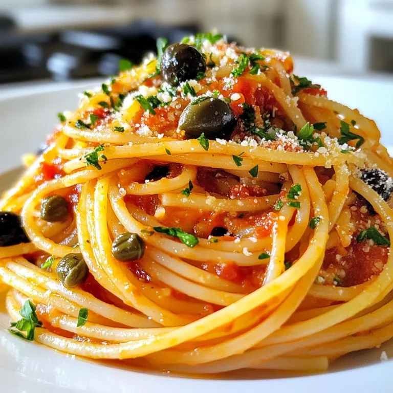 To make a delicious Pasta Puttanesca, gather these items: - 400g spaghetti or linguine - 3 tablespoons olive oil - 4 cloves garlic, minced - 1 teaspoon red pepper flakes (adjust to taste) - 1 can (400g) crushed tomatoes - 2 tablespoons capers, drained - 100g black olives, pitted and sliced (preferably Kalamata) - 1 tablespoon sugar (to balance acidity) - Salt and black pepper to taste - Fresh parsley, chopped (for garnish) - Grated Parmesan cheese (optional, for serving) These ingredients create a hearty and flavorful dish. The garlic and red pepper flakes give it a kick. The crushed tomatoes add richness, while capers and olives offer a briny punch. If you want to enhance the flavor, you can add anchovies for depth or fresh herbs like basil for freshness. Enjoy the process, and your kitchen will smell amazing! {{ingredient_image_1}} Start by boiling water in a large pot. Make sure to add salt to the water for flavor. Once it boils, add 400g of spaghetti or linguine. Cook it according to the package instructions. I like to check the pasta a minute early. You want it to be al dente, which means it should be firm but not hard. Once done, reserve ½ cup of pasta water before draining. This water helps to adjust the sauce later. In a large skillet, heat 3 tablespoons of olive oil over medium heat. When the oil is hot, add 4 cloves of minced garlic and 1 teaspoon of red pepper flakes. Sauté these for about 1-2 minutes. You want the garlic to smell great but not turn brown. Next, pour in 1 can of crushed tomatoes. Stir it all together and let it simmer for 5-7 minutes. This helps the sauce thicken and develop flavor. Now it's time to add some flavor! Stir in 2 tablespoons of capers, 100g of sliced black olives, and 1 tablespoon of sugar. Mix well and let this cook for another 3-4 minutes. Taste your sauce and adjust the salt and pepper as needed. After that, add the drained pasta to the skillet. Toss the pasta gently, ensuring it is well coated in the sauce. If the sauce seems too thick, use the reserved pasta water to reach your desired consistency. Serve the pasta hot, garnished with chopped fresh parsley and some grated Parmesan cheese if you like. Enjoy your meal! To make the sauce just right, start with red pepper flakes. This spice adds heat. If you want it spicier, add more flakes. If you prefer it milder, use less. Taste as you go. This way, you can find your perfect level of spice. Balancing the sauce is key. The crushed tomatoes can be acidic. To fix this, add sugar. Just one tablespoon helps tone down the acidity. It makes the sauce taste rounder and richer. Stir well and taste to see if you need more sugar. Salting the water is very important. It makes the pasta taste better. Add at least one tablespoon of salt to your boiling water. This step is often skipped, but it is crucial for flavor. Preventing pasta from sticking is easy. Stir the pasta in the pot right after adding it. Keep stirring for the first few minutes. This helps keep it separate. If you notice sticking, a splash of olive oil can help. Pro Tips Adjust the Heat: If you prefer a milder dish, reduce the amount of red pepper flakes or omit them entirely. You can always add more heat later if desired. Quality Ingredients Matter: Use high-quality olive oil and fresh garlic for the best flavor. Fresh ingredients can elevate the dish significantly. Balancing Acidity: The sugar in the sauce helps balance the acidity of the tomatoes. Taste the sauce and adjust the sugar according to your preference. Garnishing Tips: Fresh parsley not only adds color but also freshness. Consider adding a squeeze of lemon juice for an extra zing before serving. {{image_2}} Pasta Puttanesca is flexible. You can swap the pasta for gluten-free or whole wheat options. Both choices work well with the sauce. If you want a twist, try using penne or fettuccine. The olives are key to this dish. Use different types if you like. Green olives add a nice contrast. You can also mix in some roasted red peppers or artichokes for new flavors. Adding proteins can enhance the dish. Anchovies bring a salty depth. You can also add grilled chicken for a heartier meal. Just sauté them with the garlic for added flavor. Incorporating herbs can boost freshness. Basil adds a sweet note, while oregano gives a warm touch. Sprinkle these herbs on top just before serving for the best flavor. To keep your Pasta Puttanesca fresh, use airtight containers. Glass or plastic containers work well. Make sure the pasta is cooled before sealing. Store it in the fridge for up to three days. If you want to save it longer, freeze the pasta. Use freezer-safe bags or containers for this. You can freeze it for up to three months. Just remember to label the bags with the date. Reheat your pasta gently to keep the flavors. The stovetop is the best way to do this. Add a splash of olive oil or a bit of reserved pasta water. This will help the pasta stay moist. Heat over low to medium heat, stirring often. If you use a microwave, cover the dish. Heat in short bursts, stirring in between. This way, you won’t overcook the pasta. Enjoy your meal! Pasta Puttanesca is a flavorful Italian dish. It comes from Naples. The name means "in the style of the prostitute." The dish is quick and easy to make. It uses simple, bold ingredients like garlic, olives, and capers. These create a rich, spicy sauce. It has a history tied to busy cooks who needed fast meals. Today, many love the dish for its robust taste. Pasta Puttanesca can last about three to five days in the fridge. Store it in an airtight container. This keeps it fresh and tasty. If you want to keep it longer, you can freeze it. When frozen, it can last up to three months. Just remember to thaw it in the fridge before reheating. Yes, you can make Pasta Puttanesca ahead of time! This dish is great for meal prep. You can cook the sauce and pasta separately. Store them in the fridge until you're ready to eat. When it's time to serve, just mix them together. This keeps the pasta from getting mushy. You can also reheat the sauce easily. This makes it a perfect choice for busy days. This article covers how to make Pasta Puttanesca from start to finish. We explored the key ingredients, cooking steps, and tips for perfecting the dish. Remember, adjusting spice and balancing flavors makes a huge difference. You can also switch ingredients for new tastes. Proper storage helps keep your leftovers fresh. Whether you're new to cooking or an expert, you can master this classic recipe. Enjoy cooking and sharing Pasta Puttanesca with friends and family. Your kitchen will smell great, and the flavor will shine!