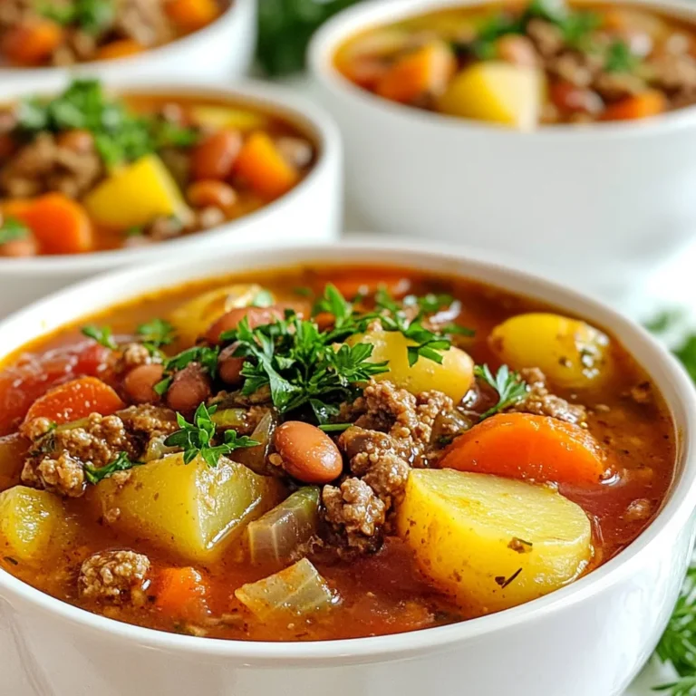 - 1 lb ground beef - 1 medium onion, chopped - 3 cloves garlic, minced - 2 carrots, sliced - 2 medium potatoes, diced - 1 can (15 oz) kidney beans, drained and rinsed - 1 can (15 oz) diced tomatoes with juice I love using ground beef in this stew. It gives a rich flavor and makes it hearty. The onions and garlic add a nice aroma as they cook. The carrots and potatoes bring sweetness and texture. Kidney beans add protein and a creamy bite. Diced tomatoes give the stew a nice base with their juicy goodness. - 2 cups vegetable broth - 1 tablespoon Worcestershire sauce (or soy sauce for a twist) - 1 teaspoon dried thyme - 1 teaspoon cumin - Salt and pepper to taste For broth, I always pick vegetable broth to keep it light. Worcestershire sauce brings depth. You can also use soy sauce for a different flavor. Thyme and cumin give warmth and a hint of spice. Don’t forget to adjust salt and pepper to your taste. - Fresh parsley for garnish - Optional twist with soy sauce Garnishing with fresh parsley adds color and freshness. It makes the dish look inviting. If you want a twist, try soy sauce. It can add a savory kick that surprises the palate. {{ingredient_image_1}} First, we need to brown the ground beef. Use a skillet over medium heat for this step. Add the chopped onion and minced garlic to the skillet. Cook until the beef is browned and cooked through. This usually takes about 5 to 7 minutes. Make sure you drain any excess fat from the beef mixture before moving on. Now, it’s time to assemble the crock pot. Start by adding the sliced carrots and diced potatoes. Next, mix in the kidney beans and the can of diced tomatoes, juice included. This adds great flavor and texture. Pour in the vegetable broth next. Add the Worcestershire sauce, dried thyme, and cumin. Stir everything well to combine. Don’t forget to season with salt and pepper according to your taste. You can cook your stew on low or high settings. If you choose to cook on low, it will take about 6 to 8 hours. Cooking on high will take only 3 to 4 hours. The key is to check if the vegetables are tender before serving. They should be soft but not mushy. This way, your stew will have a great texture. To make the best Crock Pot Shipwreck Stew, start with browning the beef. Use medium heat in a skillet. Cook the ground beef with the chopped onion and minced garlic. This step adds flavor. Make sure to drain the excess fat after cooking. This keeps the stew from being greasy. When it comes to seasoning, taste is key. I often adjust the salt and pepper after cooking. If you like a bolder flavor, add more Worcestershire sauce. You can even try soy sauce for a fun twist. Don't be shy! Experiment with spices like cumin or thyme to match your palate. Prepping ahead makes this stew even easier. Chop your veggies and store them in the fridge. You can also brown the beef a day before. This way, your meal comes together in no time. For freezing, let the stew cool completely. Transfer it to airtight containers. It will last for about three months in the freezer. When you’re ready to enjoy, thaw it in the fridge overnight. Reheat it on the stove or in the microwave. This stew pairs well with several sides. I recommend serving it with a fresh green salad. It balances the hearty stew nicely. You could also serve it with crusty bread. A good sourdough or whole grain works wonders. For a cozy touch, consider a slice of cornbread. It adds a sweet contrast to the savory stew. Whatever you choose, enjoy every bite! Pro Tips Brown the Beef Well: Ensure to properly brown the ground beef to develop deeper flavors in your stew. Customize Your Veggies: Feel free to add or substitute vegetables based on your preference or what you have on hand, like bell peppers or green beans. Thicken It Up: For a thicker stew, you can mash some of the potatoes before serving or add a cornstarch slurry in the last hour of cooking. Make It Ahead: This stew tastes even better the next day, so consider making it in advance and reheating for a quick meal! {{image_2}} You can change the meat in Shipwreck Stew. Ground turkey or sausage works great. These swaps add different flavors to the dish. If you want a meat-free option, try using lentils or mushrooms. These ingredients make the stew hearty and filling. To add a twist, try new spices or herbs. Paprika or oregano can boost the taste. Fresh herbs like basil or cilantro can also make it bright. You can also add seasonal veggies like zucchini or bell peppers. This adds color and nutrition to your stew. How you serve the stew can change the meal. You can ladle it over rice or pasta. This makes the dish more filling. For a fun twist, top it with cheese or sour cream. Fresh parsley adds a nice touch and flavor too. Each option makes your meal unique and tasty. To store leftover Crock Pot Shipwreck Stew, let it cool first. Use an airtight container. This keeps the stew fresh and tasty. It can last in the fridge for about 3 to 4 days. If you want to enjoy it later, make sure to check for any signs of spoilage before eating. You can freeze portions of the stew for later. Divide it into smaller containers. Leave some space at the top for expansion. It can stay good in the freezer for up to 3 months. When you are ready to eat, thaw it in the fridge overnight. For a quicker method, you can use the microwave. When reheating, you have two main options: the microwave or stovetop. The microwave is fast, but the stovetop can keep the stew's texture better. If using the stovetop, heat it on low and stir often. This helps keep the flavors balanced. Always taste before serving to see if it needs more seasoning. Crock Pot Shipwreck Stew takes 6-8 hours on low and 3-4 hours on high. The low setting lets flavors blend well. The high setting cooks faster but may not deepen flavors as much. Check the veggies; they should be soft yet firm. Yes, you can use frozen vegetables in this stew. Just add them in with the other ingredients. Frozen veggies are convenient and save time. They may release extra water, so reduce the broth by a half cup if needed. This keeps the stew thick and tasty. To spice up your stew, consider adding diced jalapeños or a sprinkle of cayenne pepper. You can also use a spicy seasoning blend like Cajun or chili powder. Start with a little, then taste as you go. This way, you control the heat. This blog post covered how to make a delicious Crock Pot Shipwreck Stew. We looked at the main ingredients, broth, seasoning, and garnishes. I shared step-by-step instructions and useful tips to enhance the stew. In the end, this recipe is versatile and easy. You can adapt it to fit your taste. Enjoy creating your own version and sharing it with family and friends. Cooking should be fun and tasty!