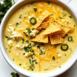 To create a delicious Jalapeño Popper Chicken Soup, you need simple yet flavorful ingredients. Here’s what you’ll need: - 1 lb boneless, skinless chicken breasts, diced - 1 tablespoon olive oil - 1 small onion, diced - 2 cloves garlic, minced - 1-2 jalapeños, seeded and minced (adjust for spiciness) - 4 cups chicken broth - 1 cup cream cheese, softened - 1 cup shredded sharp cheddar cheese - 1 cup corn (fresh or frozen) - 1 teaspoon smoked paprika - Salt and pepper to taste - Fresh cilantro, chopped (for garnish) - Optional: Crushed tortilla chips and extra cheese for topping Each ingredient plays a key role in creating the rich, creamy texture and spicy kick of this soup. The chicken provides protein, while cream cheese and cheddar cheese add creaminess. Jalapeños bring heat, and smoked paprika offers a nice, smoky flavor. Corn adds a touch of sweetness that balances all the savory notes. With these ingredients on hand, you’re ready to cook a warm and inviting meal that everyone will love! {{ingredient_image_1}} 1. Heat a large pot over medium heat. Add one tablespoon of olive oil. 2. Dice one small onion and add it to the pot. Sauté for about 3 to 4 minutes until it’s translucent. 3. Mince two cloves of garlic and one or two jalapeños. If you want less heat, make sure to seed them. 4. Stir in the garlic and jalapeños. Cook for another 2 minutes until you can smell them. 5. Dice one pound of boneless, skinless chicken breasts. Add the chicken to the pot. Cook for 5 to 6 minutes until it’s no longer pink. 1. Pour in four cups of chicken broth. Bring the mixture to a simmer. Let it cook for about 15 minutes. 2. Lower the heat. Add one cup of softened cream cheese. Stir until it melts and mixes well. 3. Add one cup of shredded sharp cheddar cheese and one cup of corn. Sprinkle in one teaspoon of smoked paprika. Stir until the soup is smooth. 1. Taste the soup. Add salt and pepper as needed for flavor. 2. Simmer for an extra 5 to 10 minutes so all the flavors blend. 3. Ladle the soup into bowls. Garnish with chopped fresh cilantro and crushed tortilla chips. Add more cheese on top if you like. - Ensuring the chicken is fully cooked Cook the diced chicken until it is no longer pink. This usually takes about 5-6 minutes. Use a meat thermometer if you want to be sure. The chicken should reach an internal temperature of 165°F. - Adjusting spice levels If you want less heat, use one jalapeño or remove the seeds. For more spice, add an extra jalapeño or use a dash of cayenne pepper. Taste as you go to find the right balance for you. - Best sides to pair with Jalapeño Popper Chicken Soup This soup goes well with crispy tortilla chips or fresh bread. You can also serve it with a simple salad for a light meal. - Presentation ideas Serve the soup in deep bowls. Sprinkle fresh cilantro on top for color. Add crushed tortilla chips and a bit of extra cheese for a fun touch. This makes your dish look great and adds extra flavor. Pro Tips Adjust the Spice Level: If you prefer a milder soup, make sure to seed and remove the membranes from the jalapeños. Alternatively, you can add more jalapeños for extra heat. Make It Ahead: This soup tastes even better the next day! Prepare it in advance and store it in the refrigerator. Just reheat and enjoy. Cheese Variations: Try using different types of cheese like pepper jack for a bit of spice or mozzarella for a milder flavor. Each will give the soup a unique twist! Garnish Ideas: Don't skip the toppings! Crushed tortilla chips add great texture, and a dollop of sour cream or avocado can enhance the creaminess of the soup. {{image_2}} You can switch proteins in this soup. Use ground turkey instead of chicken for a lighter option. For a plant-based choice, try beans. Black beans or chickpeas work well and add texture. If you want a dairy-free version, use a vegan cream cheese. These options give you choice while keeping the soup creamy and rich. You can also use coconut milk for a unique flavor twist. You can play with flavors in this soup. Adding spices like cumin or chili powder boosts the taste. If you want more heat, add more jalapeños. You can use the seeds for extra spice. Consider adding vegetables like bell peppers or corn for added nutrition and flavor. Carrots or zucchini are great choices. These tweaks make the soup your own while keeping it delicious. To store your leftover Jalapeño Popper Chicken Soup, let it cool first. This helps prevent condensation. Use an airtight container for best results. Glass containers work great, as they do not stain. If you use plastic, ensure it's BPA-free. You can store the soup in the fridge for up to four days. If you want to keep it longer, consider freezing it. Place it in a freezer-safe container, leaving some space for expansion. This soup freezes well and can last for about three months. To reheat the soup, you have a few good options. The stovetop is my favorite method. Just pour the soup into a pot and heat it over low to medium heat. Stir it often to keep it smooth. You can also use a microwave. Pour the soup into a microwave-safe bowl. Heat it in intervals of one minute. Stir in between to keep the heat even. To maintain the texture and flavor, avoid boiling it. High heat can change the creamy texture. If it seems thick, add a splash of chicken broth or water to loosen it. Enjoy your warm, comforting soup! Can I freeze Jalapeño Popper Chicken Soup? Yes, you can freeze this soup. Just let it cool first. Pour it into airtight containers. It can last up to three months in the freezer. When ready to eat, thaw it overnight in the fridge. Then, reheat on the stove or microwave. How long does the soup last in the fridge? This soup stays fresh for about three to four days in the fridge. Store it in a sealed container. If you see any signs of spoilage, toss it out. What can I substitute for chicken broth? You can use vegetable broth instead of chicken broth. This swap keeps the flavor great. If you want a richer taste, consider using homemade broth. Water can work too, but it may be less flavorful. How can I make it vegetarian? To make this soup vegetarian, replace the chicken with beans or lentils. Use vegetable broth instead of chicken broth. Cream cheese can be swapped for a plant-based version. This way, you still get a creamy soup. Can I use a slow cooker for this recipe? Yes, a slow cooker works well. Start by sautéing onions and garlic in a pan. Then, add all ingredients to the slow cooker. Cook on low for 6-8 hours or high for 3-4 hours. This method brings out all the flavors. Tips for making it in an Instant Pot To make this soup in an Instant Pot, use the sauté function for the first steps. After adding all ingredients, seal the lid and cook on high pressure for about 10 minutes. Allow it to naturally release pressure for 10 minutes before opening. We explored making Jalapeño Popper Chicken Soup, from fresh ingredients to final touches. You learned to sauté, simmer, and add flavors to create a delicious dish. Remember to experiment with ingredients and spice levels to suit your taste. Storing leftovers properly helps you enjoy the soup later. With these tips, you can make this comforting meal again and again. Enjoy your cooking journey and share this tasty recipe with friends and family!