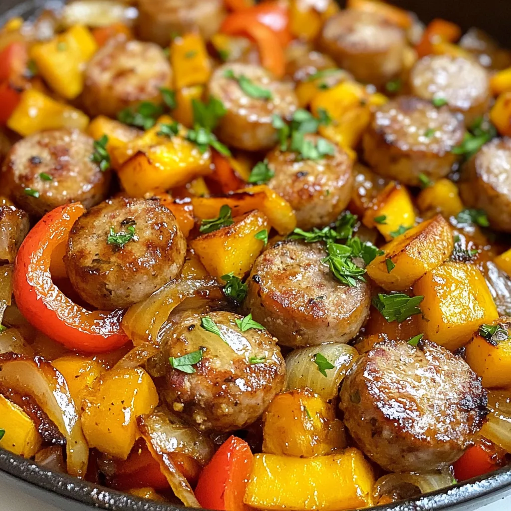 - 1 lb chicken sausage (or your preferred sausage), sliced - 2 medium sweet potatoes, peeled and diced - 1 red bell pepper, diced - 1 yellow onion, finely chopped - 4 cloves garlic, minced - 3 tablespoons honey - 1 tablespoon soy sauce (or tamari for gluten-free) - 1 tablespoon olive oil - 1 teaspoon smoked paprika - 1 teaspoon dried thyme - Salt and pepper to taste - Fresh parsley, chopped (for garnish) You can swap chicken sausage for turkey or pork sausage. If you want a meatless option, try tempeh or tofu. For a low-carb meal, skip the sweet potatoes and use zucchini or cauliflower instead. If you are gluten-free, use tamari instead of soy sauce. You can adjust the honey to your taste or use maple syrup as a substitute. {{ingredient_image_1}} 1. Heat the Skillet First, grab a large skillet. Set it on medium heat and add olive oil. Let it warm up; you want it hot but not smoking. 2. Sauté Sweet Potatoes Add the diced sweet potatoes to the skillet. Cook them for about 5-7 minutes. Stir them often. You want them to soften but not mushy. 3. Add Onion and Pepper Toss in the chopped onion and diced red bell pepper next. Cook everything together for 5 more minutes. The onions should turn clear and soft. 4. Cook the Sausage Push the veggies to one side of the skillet. Add the sliced chicken sausage to the other side. Let it cook until it is browned, which takes about 4-5 minutes. 5. Mix in Garlic and Spices Now, add minced garlic, smoked paprika, and dried thyme. Stir it all together for a minute. The mix should smell great! 6. Add Honey and Soy Sauce In a small bowl, mix honey and soy sauce. Pour this over the sausage and veggies. Stir well to coat everything evenly. 7. Season and Cook More Season with salt and pepper. Let it cook for another 3-4 minutes. This helps everything heat through and caramelize nicely. 8. Garnish and Serve Once done, take it off the heat. Sprinkle fresh parsley on top for a nice touch. Serve your dish hot and enjoy! - Check Sweet Potatoes: If they seem too hard, give them a few extra minutes. - Sausage Browning: Make sure the sausage gets a nice brown color. This adds great flavor. - Don’t Rush: Allow the dish to cook slowly for the best taste. To get the best flavor from your honey garlic sausage and sweet potatoes, use fresh ingredients. Fresh garlic and herbs make a big difference. I love adding a splash of lemon juice at the end for brightness. It enhances the dish's sweetness and balances the flavors. For quicker cooking, cut your sweet potatoes into smaller pieces. Smaller cubes cook faster and become tender in less time. You can also microwave them for a few minutes before adding them to the skillet. This helps them cook evenly. A common mistake is overcooking your vegetables. This can make them mushy and unappealing. Cook them just until they soften, but still hold their shape. Aim for a nice golden color. Another issue is not seasoning properly. Always taste as you cook. Add salt and pepper to enhance the dish's flavor. Don't be shy with seasonings; they are key to a tasty meal. Pro Tips Choose Quality Sausage: Opt for high-quality chicken sausage for better flavor and texture. Look for options that are minimally processed and have natural ingredients. Cut Sweet Potatoes Evenly: To ensure even cooking, dice the sweet potatoes into uniform pieces. This helps them cook at the same rate and become tender simultaneously. Adjust Sweetness: Feel free to adjust the amount of honey based on your sweetness preference. You can also substitute with maple syrup for a different flavor profile. Add Extra Veggies: Incorporate other vegetables like zucchini or spinach for added nutrition and color. Just be mindful of the cooking time to avoid overcooking. {{image_2}} You can easily change the proteins and vegetables in this dish. If you want a healthier option, try turkey or plant-based sausage. You can use tofu or tempeh for a vegan twist. Swap out sweet potatoes for butternut squash or even carrots. These changes keep the taste fun and exciting. For a vegetarian version, omit the sausage and add more veggies. Kale, zucchini, or mushrooms work well. You can also use chickpeas for added protein. This way, you still get a filling meal without meat. Want to spice things up? You can add more spices like cumin or cayenne pepper. A splash of sriracha gives it a nice kick. For a sweet touch, try adding maple syrup instead of honey. Different cooking methods can change the dish too. Instead of a skillet, roast the ingredients in the oven. This gives them a crispy texture. You could also try grilling the sausage and veggies for smoky flavors. Experimenting with these flavors makes the meal your own. Store any leftovers in an airtight container. This keeps your dish fresh. Place the container in the fridge. Leftovers are best eaten within three to four days. For longer storage, freeze the dish. Use freezer-safe bags or containers. When freezing, try to remove as much air as possible. This helps prevent freezer burn. You can enjoy your frozen meal for up to three months. To reheat, use the stove or microwave. If using the stove, heat over low heat. Add a splash of water or broth to keep it moist. Stir often until hot. If using the microwave, cover the dish. This helps steam the food. Heat in short bursts, stirring in between. This ensures even heating and keeps the flavors intact. Enjoy your tasty meal just like the first time! Can I use different types of sausage? Yes, you can use various sausages. Chicken sausage is great, but pork or turkey works too. If you want a spicy kick, try chorizo or andouille. Each type brings a unique flavor to the dish. What sides pair well with this dish? I love serving this dish with a simple green salad or steamed broccoli. The crispness of the salad balances the meal. You can also serve it with crusty bread to soak up the sweet sauce. How do I make this dish spicier? To add spice, use spicy sausage or add red pepper flakes. You can also include jalapeños or hot sauce in the sauce mix. Taste as you go, so it fits your spice level. What if the sweet potatoes are not cooked through? If your sweet potatoes aren't soft, cover the skillet and cook them a bit longer. This helps them steam and cook evenly. You can also cut them smaller next time for quicker cooking. How long can I store leftovers? Store leftovers in an airtight container in the fridge for up to 3 days. If you want to keep it longer, freeze it for up to 2 months. Reheat it in the microwave or on the stove for best results. In this post, we covered key ingredients, detailed cooking steps, and essential tips. We also explored variations and storage best practices to ensure your dish is tasty. Remember to avoid common mistakes like overcooking vegetables and under-seasoning. With the right ingredients and techniques, you can make a delicious meal that fits your needs. Enjoy experimenting with flavors and techniques to create your own unique dish. Happy cooking!