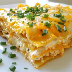 To make Buffalo Ranch Chicken Lasagna, you need these key ingredients: - 9 lasagna noodles - 2 cups shredded cooked chicken - 1 cup buffalo sauce (store-bought or homemade) - 1 cup ranch dressing - 2 cups ricotta cheese - 2 cups shredded mozzarella cheese - 1 cup shredded cheddar cheese - 1/2 cup chopped green onions - 1 teaspoon garlic powder - 1 teaspoon onion powder - Salt and pepper to taste Each ingredient adds unique flavor and texture. The lasagna noodles serve as the base, holding everything together. Shredded cooked chicken brings protein and pairs well with spicy buffalo sauce. The ranch dressing adds creaminess and a cool touch. Ricotta cheese gives the lasagna a rich and smooth layer. Shredded mozzarella and cheddar cheese provide that gooey, melty goodness we all love. Chopped green onions add a fresh bite, while garlic and onion powder enhance the taste. Feel free to adjust the amounts to suit your family’s taste. You can use more cheese or add extra buffalo sauce for a spicier kick. Each ingredient plays a role in making this dish a true feast for your family. {{ingredient_image_1}} First, preheat your oven to 375°F (190°C). This step is key for even baking. Next, in a medium bowl, mix the shredded chicken with the buffalo sauce. Add garlic powder, onion powder, salt, and pepper. Stir well and set aside. In another bowl, mix the ricotta cheese and ranch dressing. Blend until it's smooth and creamy. Cook the lasagna noodles according to package directions until they are al dente. Drain them and set aside. Now, grab a 9x13 inch baking dish. Start by spreading a layer of the ricotta and ranch mixture on the bottom. This creates a tasty base. Place three lasagna noodles on top of the ricotta. Then, add half of the buffalo chicken mixture on the noodles. Sprinkle some green onions and a layer of mozzarella cheese over it. Repeat this layering. Add another layer of ricotta, three more noodles, the rest of the buffalo chicken, green onions, and mozzarella cheese. For the final layer, place the last three noodles on top. Spread the remaining ricotta mixture and sprinkle the cheddar cheese on top. Cover the dish with aluminum foil. You can spray the foil with cooking spray to avoid sticking. Bake in the preheated oven for 25 minutes. After that, remove the foil and bake for an extra 10-15 minutes. Look for the cheese to be bubbling and golden. Once done, let the lasagna cool for about 10 minutes before slicing. This helps it hold its shape. Enjoy your Buffalo Ranch Chicken Lasagna! To get the best texture, cook the lasagna noodles until they are al dente. This keeps them firm. If they are too soft, they may break apart when layered. Also, let the lasagna rest for ten minutes after baking. This helps it hold its shape. To boost flavor, use a mix of buffalo sauce and ranch dressing. You can add more spices like smoked paprika or cayenne pepper for extra heat. Fresh herbs also add a nice touch. Try adding chopped cilantro or parsley between layers. This brings a fresh taste to the dish. One common mistake is skipping the resting time. Allowing the lasagna to sit helps with slicing. Another mistake is overloading the layers with too much sauce or cheese. This can make it too greasy. Be mindful of the balance between chicken, cheese, and sauce for the best result. Pro Tips Use Fresh Ingredients: Fresh ingredients will enhance the flavor of your lasagna, making it more delicious and vibrant. Layering Technique: Ensure even distribution of ingredients in each layer for a balanced taste in every bite. Let It Rest: Allow the lasagna to rest for at least 10 minutes after baking for easier slicing and better flavor melding. Customize the Heat: Adjust the amount of buffalo sauce to your preferred spice level, or use a milder sauce for a family-friendly version. {{image_2}} If you want a meatless version, swap the chicken for veggies. Use spinach, mushrooms, or zucchini. These add flavor and texture. You can also add beans for protein. This keeps the dish hearty and delicious. Use the same buffalo sauce and ranch dressing for that yummy taste. For those who love heat, add jalapeños or hot sauce. Sprinkle sliced jalapeños between the layers. You can also mix some hot sauce into the chicken. This gives a nice kick. Adjust the spice to your liking. A little goes a long way in flavor. If you want to change the cheese, use different types. Try goat cheese for tanginess or ricotta with herbs. Vegan cheese is great if you want a dairy-free dish. Each cheese brings its own taste, so feel free to mix and match. Just keep the layers creamy and rich. After you enjoy your Buffalo Ranch Chicken Lasagna, let it cool. Then, cover it tightly with plastic wrap or foil. You can also use an airtight container. Store it in the fridge for up to three days. This helps keep the flavors fresh. To freeze the lasagna, first slice it into portions. Wrap each piece in plastic wrap. Then, place the wrapped slices in a freezer bag. Remove as much air as possible before sealing. You can freeze it for up to three months. This method keeps the taste and texture intact. When you are ready to eat your frozen lasagna, thaw it in the fridge overnight. Preheat your oven to 350°F (175°C). Place the lasagna slices in a baking dish. Cover with foil to keep it moist. Bake for about 20-25 minutes or until hot. You can also reheat it in the microwave. Just heat in short bursts, checking often to avoid overcooking. Enjoy your meal! Yes, you can use regular chicken. Just make sure to cook it first. You can grill, bake, or boil the chicken. Once cooked, chop it into small pieces. This will work well for your lasagna. If you need a substitute for buffalo sauce, try hot sauce mixed with butter. You can also use barbecue sauce for a sweeter taste. Ranch dressing can add creaminess too. Adjust to your taste for the best flavor. This dish takes about 1 hour to cook. You’ll spend around 30 minutes preparing it. Then, bake it for about 35 to 40 minutes. Make sure to let it cool for 10 minutes before serving. Yes, you can make this lasagna ahead of time. Prepare it and store it in the fridge for up to 24 hours. Just cover it well to keep it fresh. When ready, bake it as directed. Great side dishes include a fresh green salad or garlic bread. You can also serve with steamed veggies or coleslaw. These sides balance the rich flavors of the lasagna nicely. This blog post covered all you need to make Buffalo Ranch Chicken Lasagna. We explored the key ingredients, from lasagna noodles to cheeses. I walked you through step-by-step instructions, layering techniques, and baking tips. You learned ways to perfect the texture and avoid common mistakes. We even discussed variations for different diets and how to store your leftovers. Take these ideas to create your own delicious lasagna. Enjoy making this dish with your unique twist!