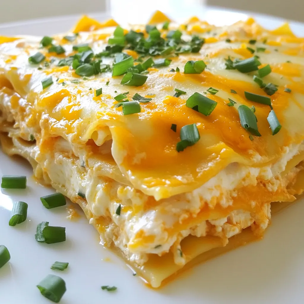 To make Buffalo Ranch Chicken Lasagna, you need these key ingredients: - 9 lasagna noodles - 2 cups shredded cooked chicken - 1 cup buffalo sauce (store-bought or homemade) - 1 cup ranch dressing - 2 cups ricotta cheese - 2 cups shredded mozzarella cheese - 1 cup shredded cheddar cheese - 1/2 cup chopped green onions - 1 teaspoon garlic powder - 1 teaspoon onion powder - Salt and pepper to taste Each ingredient adds unique flavor and texture. The lasagna noodles serve as the base, holding everything together. Shredded cooked chicken brings protein and pairs well with spicy buffalo sauce. The ranch dressing adds creaminess and a cool touch. Ricotta cheese gives the lasagna a rich and smooth layer. Shredded mozzarella and cheddar cheese provide that gooey, melty goodness we all love. Chopped green onions add a fresh bite, while garlic and onion powder enhance the taste. Feel free to adjust the amounts to suit your family’s taste. You can use more cheese or add extra buffalo sauce for a spicier kick. Each ingredient plays a role in making this dish a true feast for your family. {{ingredient_image_1}} First, preheat your oven to 375°F (190°C). This step is key for even baking. Next, in a medium bowl, mix the shredded chicken with the buffalo sauce. Add garlic powder, onion powder, salt, and pepper. Stir well and set aside. In another bowl, mix the ricotta cheese and ranch dressing. Blend until it's smooth and creamy. Cook the lasagna noodles according to package directions until they are al dente. Drain them and set aside. Now, grab a 9x13 inch baking dish. Start by spreading a layer of the ricotta and ranch mixture on the bottom. This creates a tasty base. Place three lasagna noodles on top of the ricotta. Then, add half of the buffalo chicken mixture on the noodles. Sprinkle some green onions and a layer of mozzarella cheese over it. Repeat this layering. Add another layer of ricotta, three more noodles, the rest of the buffalo chicken, green onions, and mozzarella cheese. For the final layer, place the last three noodles on top. Spread the remaining ricotta mixture and sprinkle the cheddar cheese on top. Cover the dish with aluminum foil. You can spray the foil with cooking spray to avoid sticking. Bake in the preheated oven for 25 minutes. After that, remove the foil and bake for an extra 10-15 minutes. Look for the cheese to be bubbling and golden. Once done, let the lasagna cool for about 10 minutes before slicing. This helps it hold its shape. Enjoy your Buffalo Ranch Chicken Lasagna! To get the best texture, cook the lasagna noodles until they are al dente. This keeps them firm. If they are too soft, they may break apart when layered. Also, let the lasagna rest for ten minutes after baking. This helps it hold its shape. To boost flavor, use a mix of buffalo sauce and ranch dressing. You can add more spices like smoked paprika or cayenne pepper for extra heat. Fresh herbs also add a nice touch. Try adding chopped cilantro or parsley between layers. This brings a fresh taste to the dish. One common mistake is skipping the resting time. Allowing the lasagna to sit helps with slicing. Another mistake is overloading the layers with too much sauce or cheese. This can make it too greasy. Be mindful of the balance between chicken, cheese, and sauce for the best result. Pro Tips Use Fresh Ingredients: Fresh ingredients will enhance the flavor of your lasagna, making it more delicious and vibrant. Layering Technique: Ensure even distribution of ingredients in each layer for a balanced taste in every bite. Let It Rest: Allow the lasagna to rest for at least 10 minutes after baking for easier slicing and better flavor melding. Customize the Heat: Adjust the amount of buffalo sauce to your preferred spice level, or use a milder sauce for a family-friendly version. {{image_2}} If you want a meatless version, swap the chicken for veggies. Use spinach, mushrooms, or zucchini. These add flavor and texture. You can also add beans for protein. This keeps the dish hearty and delicious. Use the same buffalo sauce and ranch dressing for that yummy taste. For those who love heat, add jalapeños or hot sauce. Sprinkle sliced jalapeños between the layers. You can also mix some hot sauce into the chicken. This gives a nice kick. Adjust the spice to your liking. A little goes a long way in flavor. If you want to change the cheese, use different types. Try goat cheese for tanginess or ricotta with herbs. Vegan cheese is great if you want a dairy-free dish. Each cheese brings its own taste, so feel free to mix and match. Just keep the layers creamy and rich. After you enjoy your Buffalo Ranch Chicken Lasagna, let it cool. Then, cover it tightly with plastic wrap or foil. You can also use an airtight container. Store it in the fridge for up to three days. This helps keep the flavors fresh. To freeze the lasagna, first slice it into portions. Wrap each piece in plastic wrap. Then, place the wrapped slices in a freezer bag. Remove as much air as possible before sealing. You can freeze it for up to three months. This method keeps the taste and texture intact. When you are ready to eat your frozen lasagna, thaw it in the fridge overnight. Preheat your oven to 350°F (175°C). Place the lasagna slices in a baking dish. Cover with foil to keep it moist. Bake for about 20-25 minutes or until hot. You can also reheat it in the microwave. Just heat in short bursts, checking often to avoid overcooking. Enjoy your meal! Yes, you can use regular chicken. Just make sure to cook it first. You can grill, bake, or boil the chicken. Once cooked, chop it into small pieces. This will work well for your lasagna. If you need a substitute for buffalo sauce, try hot sauce mixed with butter. You can also use barbecue sauce for a sweeter taste. Ranch dressing can add creaminess too. Adjust to your taste for the best flavor. This dish takes about 1 hour to cook. You’ll spend around 30 minutes preparing it. Then, bake it for about 35 to 40 minutes. Make sure to let it cool for 10 minutes before serving. Yes, you can make this lasagna ahead of time. Prepare it and store it in the fridge for up to 24 hours. Just cover it well to keep it fresh. When ready, bake it as directed. Great side dishes include a fresh green salad or garlic bread. You can also serve with steamed veggies or coleslaw. These sides balance the rich flavors of the lasagna nicely. This blog post covered all you need to make Buffalo Ranch Chicken Lasagna. We explored the key ingredients, from lasagna noodles to cheeses. I walked you through step-by-step instructions, layering techniques, and baking tips. You learned ways to perfect the texture and avoid common mistakes. We even discussed variations for different diets and how to store your leftovers. Take these ideas to create your own delicious lasagna. Enjoy making this dish with your unique twist!