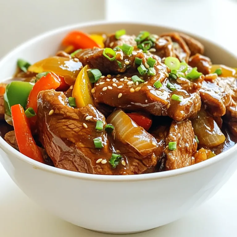 - 2 lbs flank steak, thinly sliced - 1/4 cup soy sauce - 1/4 cup brown sugar - 1/2 cup beef broth - 2 teaspoons minced ginger - 4 cloves garlic, minced - 1 large onion, sliced - 1 bell pepper, sliced (red or green) - 1/4 teaspoon black pepper - 1 tablespoon cornstarch - 2 tablespoons water - 3 green onions, chopped - Sesame seeds This recipe uses simple yet flavorful ingredients. The flank steak is key. It cooks well and becomes tender. The soy sauce adds savory depth. Brown sugar brings a touch of sweetness. The beef broth gives the dish body. Minced ginger and garlic add warmth and aroma. Onions and bell peppers add color and crunch. I love using fresh ingredients for the best taste. You can swap in fresh ginger if you prefer. Just remember, fresh ginger has a stronger flavor. Adjust the amount based on your taste. For the garnish, the green onions add freshness. The sesame seeds give a nice crunch. Together, they make the dish pop. You can also experiment with other toppings if you like. To get started, you need to make the sauce. In a small bowl, combine: - 1/4 cup soy sauce - 1/4 cup brown sugar - 1/2 cup beef broth - 2 teaspoons minced ginger - 4 cloves garlic, minced - 1/4 teaspoon black pepper Stir all the ingredients together until they blend well. This sauce is the heart of your Mongolian beef. It brings out the flavors and makes the dish shine. Now, it's time to layer your ingredients in the slow cooker. First, take 2 lbs of flank steak, thinly sliced. Place it in the slow cooker and coat it with the sauce you just made. Make sure every piece of beef is covered. Next, add the sliced veggies on top: - 1 large onion, sliced - 1 bell pepper, sliced (you can use red or green) This adds color and crunch to your dish. Cover the slow cooker and set it to cook. You have two options: - Cook on low for 4-5 hours - Cook on high for 2-3 hours Choose whichever works best for you. The meat should be tender when done. In the last 30 minutes of cooking, thicken the sauce. Mix together: - 1 tablespoon cornstarch - 2 tablespoons water Stir this mixture into the slow cooker. This step will give your sauce a nice, rich texture. Once everything is ready, serve your Mongolian beef hot. Enjoy! - Choose the right cut of beef: I recommend flank steak. It is tender and flavorful. Slice it thinly against the grain for the best texture. - Marinade options for extra flavor: You can add more depth by marinating the beef. Mix soy sauce, ginger, and garlic. Let it sit for 30 minutes before cooking. - Differences between low and high settings: Low settings cook the meat slowly over 4-5 hours. High settings cook faster, taking 2-3 hours. Both make the beef tender, but low gives better flavor. - How to adjust for slower cookers: If your slow cooker runs hot, check the meat sooner. You may need to use the lower setting to avoid overcooking. - Accompaniments that complement Mongolian beef: Serve with steamed broccoli or snap peas. These add color and crunch. - Best rice or noodle options: I love serving this dish over jasmine rice or egg noodles. Both soak up the sauce well and balance the flavors. {{image_2}} You can always switch up cuts of beef for this recipe. Flank steak works great, but you can use sirloin or chuck roast too. Each cut offers a different taste and texture. For a veggie boost, add carrots or snow peas. They add color and crunch, making the dish more fun and tasty. Want to spice it up? Add red pepper flakes to give your Mongolian beef some heat. If you prefer sweet, try adding pineapple or hoisin sauce. These options create a new twist while keeping the core flavors intact. Experimenting with spices can turn a simple dish into something special. How you serve this dish can change the experience. You can use lettuce wraps for a fresh, crunchy bite. Or, serve it over rice for a hearty meal. If you want a Western spin, consider making tacos or burritos using the beef. Each style brings a unique flair to your table! To store leftover Mongolian beef, let it cool first. Place it in an airtight container. This will keep it fresh and safe. I like using glass or plastic containers with tight lids. They help prevent spills and keep smells in check. For freezing, place the beef in freezer-safe bags. Squeeze out as much air as you can. This helps avoid freezer burn. Label the bags with the date. When you're ready to eat, thaw it in the fridge overnight. Reheat it in a pan or microwave until hot. Mongolian beef lasts about 3 to 4 days in the fridge. If you freeze it, it can last up to 3 months. Check for signs of spoilage, like off smells or changes in color. If it smells weird or looks slimy, it's best to toss it out. Yes, you can use chicken or pork instead of beef. The cooking times may change. Chicken cooks faster, so check for doneness at around 2 hours on high. Pork may need a bit longer, similar to beef. Choose cuts that are tender and flavorful for best results. To make a smaller portion, cut the ingredients in half. Use 1 lb of flank steak and reduce the sauce ingredients accordingly. This will keep the taste strong while serving about three people. You can also freeze leftovers for later. The best way to reheat Mongolian beef is on the stove. Use a pan over medium heat. Stir often until heated through. You can also microwave it in short bursts, stirring in between. Add a splash of beef broth to keep it moist. Yes, you can use fresh ginger. Just peel and grate it finely. Use about 1 tablespoon of fresh ginger instead of 2 teaspoons of minced. Fresh ginger will give a brighter flavor to the dish. Yes, you can make a vegetarian version. Use tofu or seitan as the main protein. Replace the beef broth with vegetable broth. All other ingredients can stay the same. This way, you still get that tasty Mongolian flavor without meat. Mongolian beef is a tasty dish you can easily make at home. We covered the main ingredients, sauce preparation, and slow-cooking tips. You learned about perfecting the recipe and helpful variations. Remember, you can add your favorite veggies or swap proteins for fun twists. With the right storage and reheating methods, you can enjoy this meal anytime. I hope you feel ready to cook and customize your own delicious Mongolian beef!