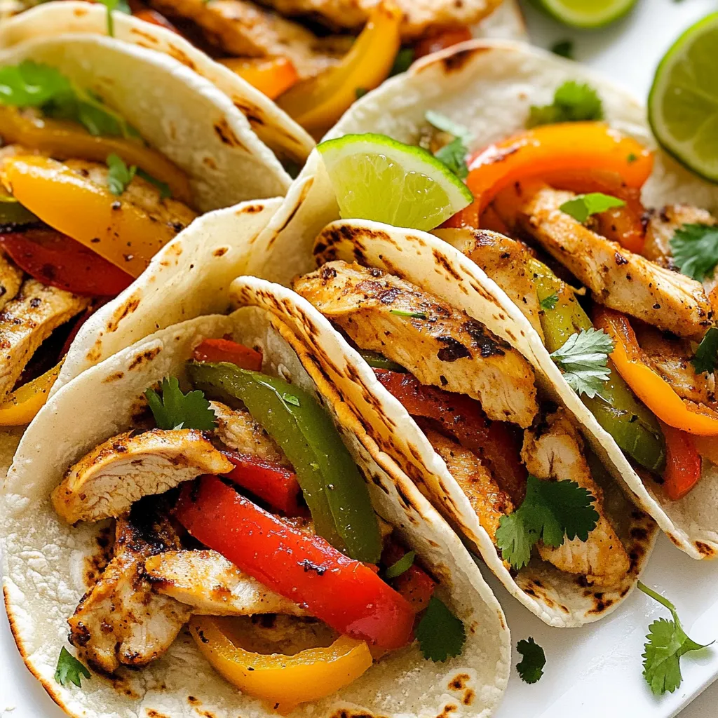 - 1 lb chicken breast - 2 tablespoons olive oil - Juice and zest of 2 limes - 1 teaspoon chili powder - 1 teaspoon cumin - 1 teaspoon garlic powder - 1 bell pepper (red or yellow) - 1 onion - Salt and pepper - Tortillas (flour or corn) - Optional toppings: avocado, salsa, sour cream To make zesty lime chicken fajitas, you need fresh and tasty ingredients. Start with chicken breast. It gives a great base for this dish. Olive oil adds richness and helps flavors blend. Lime juice and zest bring a bright, zesty kick that makes this meal pop. Spices are key for flavor. Chili powder adds heat, while cumin gives warmth. Garlic powder boosts the savory taste. Don't forget salt and pepper; they enhance every bite. For a colorful twist, use a bell pepper and onion. They add sweetness and crunch. Finally, tortillas wrap all these flavors in a warm shell. You can choose flour or corn, depending on your taste. Optional toppings like avocado, salsa, and sour cream allow you to customize your fajitas. These add creaminess and freshness, making each bite even better. Enjoy the mix of tastes and textures! {{ingredient_image_1}} To start, gather your ingredients. In a large bowl, combine the sliced chicken, olive oil, lime juice, lime zest, chili powder, cumin, garlic powder, salt, and pepper. Use a spoon to mix everything well. Make sure the chicken gets fully coated. Let the chicken marinate for at least 15 minutes. You can let it sit up to 1 hour for even more flavor. Next, heat a large skillet over medium-high heat. Once the skillet is hot, add the marinated chicken. Cook the chicken for about 5 to 7 minutes. Stir occasionally until the chicken turns white and is no longer pink inside. Now, it’s time to add the vegetables. Toss in the sliced bell pepper and onion. Sauté for another 5 minutes. Cook until the veggies become tender and have nice brown spots. While the chicken and veggies are cooking, warm your tortillas. You can do this in a separate pan or microwave. Once warm, take a tortilla and place a good amount of the chicken and vegetable mix in the center. Top with fresh cilantro and any optional toppings you like, such as avocado slices, salsa, or sour cream. Enjoy! To get the best flavor, marinate the chicken for at least 15 minutes. For richer taste, I suggest marinating up to an hour. The lime juice adds a bright zest. You can adjust the seasoning based on your taste. If you like it spicier, add more chili powder. For a deeper flavor, consider mixing in smoked paprika. Heat your skillet over medium-high heat. This temperature helps the chicken sear nicely. When you add the chicken, let it sit for a minute before stirring. This way, it can brown well. Stir occasionally to cook evenly, ensuring no piece is left undercooked. Fajitas pair well with sides like rice or refried beans. You can also serve them with a fresh salad for a lighter meal. For drinks, try a chilled margarita or a refreshing limeade. These drinks complement the zesty flavors of the fajitas. Enjoy your meal with friends for a fun dining experience! Pro Tips Marinate for Maximum Flavor: Allow the chicken to marinate for at least 30 minutes to enhance the flavors. For best results, marinate overnight in the refrigerator. High Heat for Perfect Searing: Use a hot skillet to sear the chicken and vegetables. This will create a nice char and enhance the dish's overall flavor and texture. Customize Your Veggies: Feel free to add other vegetables like zucchini, mushrooms, or corn to the fajita mix for added nutrition and flavor. Serving Suggestions: Serve with a variety of toppings such as diced avocado, fresh salsa, or a dollop of sour cream to elevate the dish. {{image_2}} You can swap chicken for other proteins. Beef works great, giving a rich flavor. Shrimp is quick and tasty. If you want a plant-based option, try tofu. Just cut it into strips and marinate it like the chicken. Each choice adds a unique twist to your fajitas. Seasonal veggies can change the taste and color. Try zucchini or mushrooms for a fresh touch. You can also use corn for sweetness. Mixing in seasonal favorites keeps the dish exciting. Don’t hesitate to experiment with what you have on hand. Adjusting the spice level is easy. For a milder taste, reduce chili powder. You can also skip the pepper if you want it less hot. If you love heat, add some sliced jalapeños or a dash of cayenne. This way, you can make the dish just right for your taste buds. To keep your leftover fajitas fresh, store them in an airtight container. Place the chicken and veggies in the container. Make sure to keep the tortillas separate to prevent them from getting soggy. Refrigerate the container right away. The fajitas will stay good for up to three days. When you're ready to enjoy your leftovers, reheat them properly. Heat a skillet over medium heat. Add the chicken and veggies to the skillet. Stir them for about five minutes until they are hot. If you prefer, you can also use a microwave. Place the fajitas in a microwave-safe dish and cover it. Heat for one to two minutes, checking often to avoid overheating. To freeze fajitas, let them cool completely. Place the chicken and veggies in a freezer-safe bag. Remove as much air as possible before sealing. For best taste, use them within three months. When you’re ready to eat, thaw them in the fridge overnight. Reheat them in a skillet or microwave as described earlier. You can marinate chicken for at least 15 minutes. For deeper flavor, go for 1 hour. The lime juice helps tenderize the meat. Yes, you can prep the chicken and veggies ahead. Store them in the fridge for up to a day. When ready to eat, just cook them. Flour tortillas are soft and easy to fold. Corn tortillas are more traditional and gluten-free. Choose what you enjoy most! Absolutely! Try paprika for smokiness or cayenne for heat. Experiment with herbs like oregano for a fresh twist. You can grill the chicken and veggies instead. Use a grill pan or outdoor grill. Just ensure everything cooks evenly. Fajitas are quick, tasty, and fun to make. You learned about key ingredients, marinating tips, and cooking steps. I shared variations and storage tips to keep leftovers fresh. Remember, you can adjust spices and proteins based on your taste. Fajitas are versatile, perfect for any meal. Enjoy creating your own version with friends and family. Cooking can be simple and enjoyable!