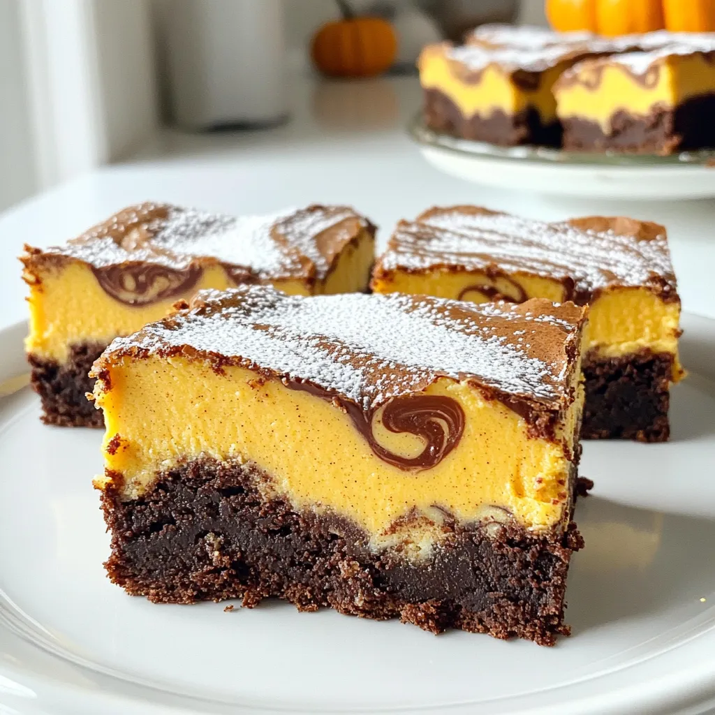 - 1 cup unsalted butter - 2 cups granulated sugar - 4 large eggs - 1 teaspoon vanilla extract - 1 cup all-purpose flour - 1/2 cup unsweetened cocoa powder - 1/4 teaspoon salt - 1/4 teaspoon baking powder - 16 oz cream cheese, softened - 1 cup canned pumpkin puree - 3/4 cup granulated sugar - 2 large eggs - 1 teaspoon vanilla extract - 1 teaspoon ground cinnamon - 1/2 teaspoon ground nutmeg - Powdered sugar - Whipped cream - Ground cinnamon To make these delicious Pumpkin Cheesecake Brownie Bars, you need two main layers: the brownie and the pumpkin cheesecake. For the brownie layer, you will melt butter, mix in sugar, and then add eggs and vanilla. You will also combine flour, cocoa powder, salt, and baking powder. This mix gives the bars a rich, chocolatey base. Next, the pumpkin cheesecake layer is a creamy blend of softened cream cheese, pumpkin puree, and spices. The spices, like cinnamon and nutmeg, bring warmth to each bite. For garnishes, a dusting of powdered sugar or a dollop of whipped cream adds a nice touch. You can even sprinkle a little extra cinnamon on top for that perfect fall vibe. Enjoy! First, set your oven to 350°F (175°C). While it heats, grab a 9x13-inch baking pan. Coat it with non-stick spray or line it with parchment paper. This makes it easy to lift out the bars later. In a medium saucepan, melt 1 cup of unsalted butter over low heat. When it’s melted, take it off the heat. Stir in 2 cups of granulated sugar until well mixed. Let it cool a bit before adding 4 large eggs and 1 teaspoon of vanilla extract. Mix until smooth. In another bowl, whisk together 1 cup of all-purpose flour, 1/2 cup of unsweetened cocoa powder, 1/4 teaspoon of salt, and 1/4 teaspoon of baking powder. Gradually add this dry mix to your butter-sugar mixture. Stir until just combined and spread it evenly in the prepared pan. Next, take a large mixing bowl. Beat 16 oz of softened cream cheese until it’s smooth. Then, add 1 cup of canned pumpkin puree, 3/4 cup of granulated sugar, and 2 large eggs. Mix in 1 teaspoon of vanilla extract, 1 teaspoon of ground cinnamon, and 1/2 teaspoon of ground nutmeg. Blend until creamy and well combined. Pour the pumpkin cheesecake mixture over the brownie layer in the pan. Use a spatula to spread it evenly. To create a marbled effect, take a knife or skewer. Gently swirl it through the top of the cheesecake layer and the brownie mix. Place the baking pan in your preheated oven. Bake for 40-45 minutes. Check if the cheesecake layer is set. A toothpick inserted in the center should come out clean. Once baked, take the pan out of the oven. Let it cool for at least 30 minutes in the pan. After that, refrigerate for at least 2 hours to set completely. When chilled, slice into bars for serving. To create a perfect swirl, use a knife or skewer. Gently drag it through the cheesecake layer. Start from the edges and move toward the center. This method mixes the brownie and cheesecake just right. Be careful not to over-swirl. You want a nice marbled look, not a blended mess. One common mistake is overmixing the brownie batter. Mix just until blended. Too much mixing can make the brownies tough. Also, make sure your cream cheese is soft. Cold cream cheese won’t mix well. It will leave lumps in your cheesecake layer. Lastly, check your oven temperature. An oven that is too hot can burn the edges. For serving, let the bars chill well. Cold bars hold their shape better. Use a sharp knife to slice them for clean cuts. Dust the top with powdered sugar for a pretty touch. You can also add a dollop of whipped cream. Sprinkle a bit of cinnamon on top for extra flavor. Serve on a lovely plate to impress your guests. {{image_2}} You can make your pumpkin cheesecake brownie bars even tastier. Adding chocolate chips or nuts gives extra flavor and crunch. I love using semi-sweet chocolate chips; they blend well with the pumpkin and cream cheese. Just mix in about 1 cup of chocolate chips when you prepare the brownie layer. If you prefer nuts, walnuts or pecans work great. Chop them up and fold in about 1 cup before spreading the brownie mix in the pan. This small change can make a big difference! If you need a gluten-free treat, you can easily adjust the recipe. Substitute the all-purpose flour with a gluten-free flour blend. Make sure to choose a blend that includes xanthan gum, as this helps the bars hold together. The rest of the recipe stays the same. You won’t lose flavor or texture, but you'll enjoy a gluten-free version that everyone can savor! Pumpkin is not the only star of the fall season. You can switch flavors based on what you like. For a spiced apple version, replace the pumpkin puree with apple butter and add a bit of apple pie spice. If you want a peppermint twist for winter, add crushed candy canes to the cheesecake layer. Mixing the flavors can make these bars fit any season. Just have fun and get creative! To store leftover Pumpkin Cheesecake Brownie Bars, place them in an airtight container. Keep them in the fridge for up to a week. This helps keep them fresh and tasty. If you cut the bars, use parchment paper between layers. This prevents them from sticking together. You can freeze these bars for longer storage. First, let them cool completely. Then, wrap each bar tightly in plastic wrap. Place wrapped bars in a freezer-safe bag or container. They can last up to three months in the freezer. When you want to enjoy them, thaw them in the fridge overnight. If you like your bars warm, reheating is easy. Place the bar on a plate and microwave it for about 10-15 seconds. You can also warm them in an oven at 350°F (175°C) for 5-10 minutes. This will bring back that fresh-baked taste. Enjoy! Yes, you can use fresh pumpkin. First, cook the pumpkin until soft. Then, puree it until smooth. Make sure to drain any extra water. This helps keep the bars from getting too wet. Fresh pumpkin gives a nice flavor and shine. Just remember, one cup of fresh pumpkin is about the same as one cup of canned. You can make these bars a day or two in advance. Bake them as the recipe says. Once they cool, cover them tightly with plastic wrap. Store them in the fridge. When you are ready, slice them into bars. They taste even better after chilling. Yes, you can use Greek yogurt or mascarpone cheese. These options will change the texture a bit. Greek yogurt will make it lighter, while mascarpone will keep it creamy. Choose based on your taste and what you have on hand. You can create delicious pumpkin cheesecake brownies by using the right layers and techniques. We covered the key ingredients, step-by-step instructions, useful tips, and variations. You can even store and serve them with ease. Remember, practice makes perfect. Enjoy trying different flavors and sharing these tasty treats. With these tips, you can impress anyone and make kitchen time fun! Enjoy baking your scrumptious bars!