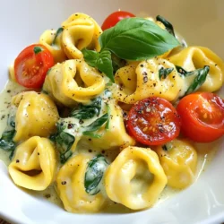 To make Marry Me Tortellini, gather these key ingredients: - 10 oz cheese tortellini (fresh or frozen) - 2 tablespoons olive oil - 3 cloves garlic, minced - 1 cup cherry tomatoes, halved - 1 cup spinach, packed - 1 teaspoon dried basil - 1 teaspoon dried oregano - ½ teaspoon red pepper flakes (optional) - ½ cup heavy cream (or coconut cream for a dairy-free option) - ½ cup grated Parmesan cheese (or nutritional yeast for vegan option) - Salt and pepper to taste - Fresh basil for garnish These ingredients blend well to create a creamy and savory dish. The tortellini adds heartiness, while garlic and tomatoes bring bright flavors. If you need dairy-free or vegan options, here are some easy swaps: - Use coconut cream instead of heavy cream. - Replace Parmesan cheese with nutritional yeast. These substitutes keep the dish tasty and suitable for many diets. You won’t miss the dairy in this rich sauce. When choosing tortellini, you can pick fresh or frozen. Fresh tortellini cooks quickly and has a soft texture. Frozen tortellini is convenient and lasts longer. - Fresh Tortellini: Look for a good brand with flavor and quality. Check the package for a short shelf life. - Frozen Tortellini: Opt for brands that use quality ingredients. It’s great to have on hand for quick meals. Both options work well in this dish. Your choice depends on your time and preference. {{ingredient_image_1}} To cook the tortellini, start by boiling salted water in a large pot. Add the tortellini to the water. Follow the package instructions for timing, usually around 3-5 minutes. You want them al dente, so be careful not to overcook. Once ready, drain the tortellini in a colander and set them aside. In a large skillet, heat 2 tablespoons of olive oil over medium heat. Add 3 cloves of minced garlic. Sauté for 1-2 minutes until it smells great. Be careful not to burn it. Next, toss in 1 cup of halved cherry tomatoes. Cook them for about 3-4 minutes until they soften. Then add 1 cup of packed spinach. Stir until the spinach just wilts. Now it’s time to make the sauce. Add ½ cup of heavy cream to the skillet, stirring often. Let it simmer for 2-3 minutes. This helps it thicken a bit. Next, mix in ½ cup of grated Parmesan cheese. Stir until it melts and blends well. Finally, add the cooked tortellini and toss gently. Make sure every piece is coated in that creamy sauce. Season with salt, pepper, and some red pepper flakes if you like it spicy. To get a great cream sauce, start with medium heat. This way, the sauce won’t burn. Use heavy cream for a rich taste. If you want a lighter option, try coconut cream. Stir the sauce often to keep it smooth. Let it simmer gently for 2-3 minutes. This will help it thicken just right. If the sauce gets too thick, add a splash of pasta water. This will bring it back to the perfect texture. If you have leftovers, store them in an airtight container. This keeps the pasta fresh. You can keep it in the fridge for up to three days. When you want to eat it again, reheat it gently on the stove. Add a little cream or water to help it loosen up. Never reheat in the microwave; it can make the pasta mushy. To make your dish look fancy, use a big white plate. This highlights the colorful pasta. Add a few fresh basil leaves on top. They add a nice pop of color. You can also sprinkle extra Parmesan cheese for a gourmet touch. For a fun twist, serve it with a side salad or some crusty bread. This makes the meal feel complete and special. Pro Tips Use Fresh Ingredients: Fresh tortellini and seasonal vegetables will enhance the flavors of this dish, making it even more delicious. Customize Your Cheese: Experiment with different cheeses like ricotta or goat cheese for a unique twist on the creamy sauce. Adjust Spice Levels: If you prefer less heat, reduce the amount of red pepper flakes or omit them entirely for a milder flavor. Add Protein: For a heartier meal, consider adding grilled chicken, shrimp, or chickpeas to the pasta for extra protein. {{image_2}} You can make Marry Me Tortellini heartier by adding proteins. Chicken and shrimp are great choices. For chicken, use cooked, diced pieces. You can sauté them with the garlic first. For shrimp, add them to the pan after the garlic. Cook them until they turn pink. This adds flavor and makes the meal more filling. If you want a vegetarian version, skip the heavy cream and cheese. Use coconut cream instead for a creamy texture. Replace Parmesan with nutritional yeast. This gives a cheesy taste without dairy. You can also add more veggies, like mushrooms or zucchini. They boost the flavor and nutrition. To elevate the taste, try adding fresh herbs or spices. Basil and oregano work well, but you can experiment with thyme or rosemary. For a kick, add more red pepper flakes. You could also include lemon zest for brightness. A squeeze of lemon juice at the end adds freshness too. These simple tweaks can turn a good dish into a great one! After enjoying Marry Me Tortellini, store leftovers in an airtight container. This keeps them fresh and tasty. Let the pasta cool at room temperature before sealing. Refrigerate within two hours of cooking. Use the leftovers within three days for the best flavor and texture. To freeze Marry Me Tortellini, first, let it cool completely. Then, portion it into freezer-safe bags or containers. Remove as much air as possible to prevent freezer burn. Label the bags with the date. You can freeze it for up to three months. When ready to eat, thaw the frozen tortellini in the fridge overnight. For reheating, you can use a skillet or microwave. If using a skillet, add a splash of cream or water to keep it moist. Heat over medium until warm. If using a microwave, heat in short intervals, stirring in between. This ensures even heating without drying out the dish. Enjoy your delicious tortellini again! Marry Me Tortellini is a creamy pasta dish that makes hearts flutter. It features cheese tortellini, fresh spinach, and juicy cherry tomatoes. The dish gets its flavor from garlic, herbs, and a rich cream sauce. People say it’s so good that it can lead to proposals! Yes, you can prepare this dish ahead of time. Cook the tortellini and make the sauce, then mix them together. Store it in the fridge for up to two days. When you’re ready to eat, reheat it on the stove or in the microwave. Add a splash of cream if it looks dry. You can easily adapt this recipe. For a dairy-free option, use coconut cream and nutritional yeast instead of Parmesan. If you want to add protein, try cooked chicken or shrimp. For a vegetarian version, skip the meat and add extra veggies. Always check for allergens in your ingredients. In this blog post, we explored the delicious Marry Me Tortellini. We covered the key ingredients, cooking steps, and helpful tips for the perfect dish. You learned how to choose fresh tortellini, create a creamy sauce, and store leftovers. Don’t forget to try various protein and flavor options to make it your own. With these insights, you can impress anyone who shares a meal with you. Enjoy making this dish and happy cooking!