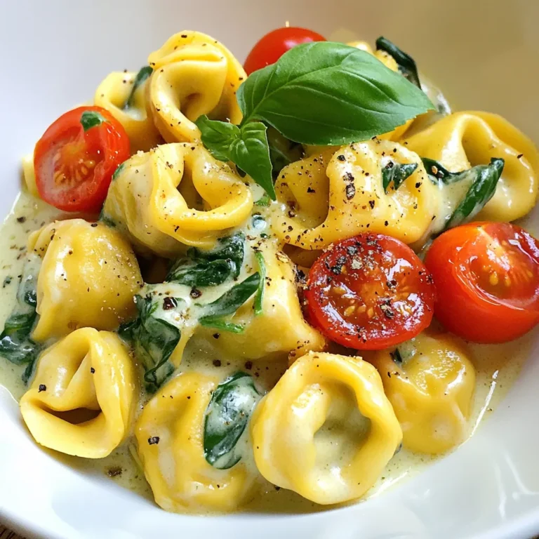 To make Marry Me Tortellini, gather these key ingredients: - 10 oz cheese tortellini (fresh or frozen) - 2 tablespoons olive oil - 3 cloves garlic, minced - 1 cup cherry tomatoes, halved - 1 cup spinach, packed - 1 teaspoon dried basil - 1 teaspoon dried oregano - ½ teaspoon red pepper flakes (optional) - ½ cup heavy cream (or coconut cream for a dairy-free option) - ½ cup grated Parmesan cheese (or nutritional yeast for vegan option) - Salt and pepper to taste - Fresh basil for garnish These ingredients blend well to create a creamy and savory dish. The tortellini adds heartiness, while garlic and tomatoes bring bright flavors. If you need dairy-free or vegan options, here are some easy swaps: - Use coconut cream instead of heavy cream. - Replace Parmesan cheese with nutritional yeast. These substitutes keep the dish tasty and suitable for many diets. You won’t miss the dairy in this rich sauce. When choosing tortellini, you can pick fresh or frozen. Fresh tortellini cooks quickly and has a soft texture. Frozen tortellini is convenient and lasts longer. - Fresh Tortellini: Look for a good brand with flavor and quality. Check the package for a short shelf life. - Frozen Tortellini: Opt for brands that use quality ingredients. It’s great to have on hand for quick meals. Both options work well in this dish. Your choice depends on your time and preference. {{ingredient_image_1}} To cook the tortellini, start by boiling salted water in a large pot. Add the tortellini to the water. Follow the package instructions for timing, usually around 3-5 minutes. You want them al dente, so be careful not to overcook. Once ready, drain the tortellini in a colander and set them aside. In a large skillet, heat 2 tablespoons of olive oil over medium heat. Add 3 cloves of minced garlic. Sauté for 1-2 minutes until it smells great. Be careful not to burn it. Next, toss in 1 cup of halved cherry tomatoes. Cook them for about 3-4 minutes until they soften. Then add 1 cup of packed spinach. Stir until the spinach just wilts. Now it’s time to make the sauce. Add ½ cup of heavy cream to the skillet, stirring often. Let it simmer for 2-3 minutes. This helps it thicken a bit. Next, mix in ½ cup of grated Parmesan cheese. Stir until it melts and blends well. Finally, add the cooked tortellini and toss gently. Make sure every piece is coated in that creamy sauce. Season with salt, pepper, and some red pepper flakes if you like it spicy. To get a great cream sauce, start with medium heat. This way, the sauce won’t burn. Use heavy cream for a rich taste. If you want a lighter option, try coconut cream. Stir the sauce often to keep it smooth. Let it simmer gently for 2-3 minutes. This will help it thicken just right. If the sauce gets too thick, add a splash of pasta water. This will bring it back to the perfect texture. If you have leftovers, store them in an airtight container. This keeps the pasta fresh. You can keep it in the fridge for up to three days. When you want to eat it again, reheat it gently on the stove. Add a little cream or water to help it loosen up. Never reheat in the microwave; it can make the pasta mushy. To make your dish look fancy, use a big white plate. This highlights the colorful pasta. Add a few fresh basil leaves on top. They add a nice pop of color. You can also sprinkle extra Parmesan cheese for a gourmet touch. For a fun twist, serve it with a side salad or some crusty bread. This makes the meal feel complete and special. Pro Tips Use Fresh Ingredients: Fresh tortellini and seasonal vegetables will enhance the flavors of this dish, making it even more delicious. Customize Your Cheese: Experiment with different cheeses like ricotta or goat cheese for a unique twist on the creamy sauce. Adjust Spice Levels: If you prefer less heat, reduce the amount of red pepper flakes or omit them entirely for a milder flavor. Add Protein: For a heartier meal, consider adding grilled chicken, shrimp, or chickpeas to the pasta for extra protein. {{image_2}} You can make Marry Me Tortellini heartier by adding proteins. Chicken and shrimp are great choices. For chicken, use cooked, diced pieces. You can sauté them with the garlic first. For shrimp, add them to the pan after the garlic. Cook them until they turn pink. This adds flavor and makes the meal more filling. If you want a vegetarian version, skip the heavy cream and cheese. Use coconut cream instead for a creamy texture. Replace Parmesan with nutritional yeast. This gives a cheesy taste without dairy. You can also add more veggies, like mushrooms or zucchini. They boost the flavor and nutrition. To elevate the taste, try adding fresh herbs or spices. Basil and oregano work well, but you can experiment with thyme or rosemary. For a kick, add more red pepper flakes. You could also include lemon zest for brightness. A squeeze of lemon juice at the end adds freshness too. These simple tweaks can turn a good dish into a great one! After enjoying Marry Me Tortellini, store leftovers in an airtight container. This keeps them fresh and tasty. Let the pasta cool at room temperature before sealing. Refrigerate within two hours of cooking. Use the leftovers within three days for the best flavor and texture. To freeze Marry Me Tortellini, first, let it cool completely. Then, portion it into freezer-safe bags or containers. Remove as much air as possible to prevent freezer burn. Label the bags with the date. You can freeze it for up to three months. When ready to eat, thaw the frozen tortellini in the fridge overnight. For reheating, you can use a skillet or microwave. If using a skillet, add a splash of cream or water to keep it moist. Heat over medium until warm. If using a microwave, heat in short intervals, stirring in between. This ensures even heating without drying out the dish. Enjoy your delicious tortellini again! Marry Me Tortellini is a creamy pasta dish that makes hearts flutter. It features cheese tortellini, fresh spinach, and juicy cherry tomatoes. The dish gets its flavor from garlic, herbs, and a rich cream sauce. People say it’s so good that it can lead to proposals! Yes, you can prepare this dish ahead of time. Cook the tortellini and make the sauce, then mix them together. Store it in the fridge for up to two days. When you’re ready to eat, reheat it on the stove or in the microwave. Add a splash of cream if it looks dry. You can easily adapt this recipe. For a dairy-free option, use coconut cream and nutritional yeast instead of Parmesan. If you want to add protein, try cooked chicken or shrimp. For a vegetarian version, skip the meat and add extra veggies. Always check for allergens in your ingredients. In this blog post, we explored the delicious Marry Me Tortellini. We covered the key ingredients, cooking steps, and helpful tips for the perfect dish. You learned how to choose fresh tortellini, create a creamy sauce, and store leftovers. Don’t forget to try various protein and flavor options to make it your own. With these insights, you can impress anyone who shares a meal with you. Enjoy making this dish and happy cooking!