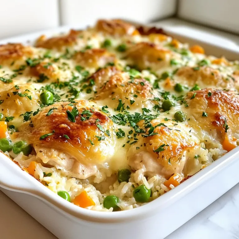 To make Garlic Butter Chicken and Rice Casserole, you will need: - 2 cups cooked white rice - 1 pound boneless, skinless chicken thighs, diced - 4 tablespoons unsalted butter - 4 cloves garlic, minced - 1 medium onion, diced - 1 cup chicken broth - 1 cup heavy cream - 1 cup frozen peas and carrots - 1 teaspoon dried thyme - 1 teaspoon dried parsley - Salt and pepper to taste - 1 cup shredded mozzarella cheese - 1/2 cup grated Parmesan cheese You can swap ingredients based on your taste or needs. For rice, try brown rice or quinoa. If you want a lighter dish, use chicken breast instead of thighs. Swap heavy cream with half-and-half or coconut milk for a dairy-free option. Fresh veggies like bell peppers or spinach can replace frozen peas and carrots. For great results, I recommend using high-quality brands. For chicken broth, look for Swanson or College Inn. Use Land O'Lakes for butter. For cheese, try Sargento mozzarella and Kraft Parmesan. These brands give you consistent flavor and quality. {{ingredient_image_1}} First, gather your ingredients. You need cooked white rice, chicken thighs, butter, garlic, onion, chicken broth, heavy cream, frozen peas and carrots, thyme, parsley, salt, pepper, mozzarella cheese, and Parmesan cheese. Preheat your oven to 375°F (190°C). Then, grease a 9x13-inch casserole dish. Start by melting 2 tablespoons of butter in a large skillet over medium heat. Add the diced chicken thighs. Season with salt and pepper. Cook the chicken until golden brown, around 5-7 minutes. Once done, set the chicken aside. In the same skillet, add the rest of the butter. When it melts, add the diced onion. Sauté until the onion turns translucent, about 3-4 minutes. Then, add minced garlic and cook for an extra minute. Next, pour in the chicken broth and heavy cream. Stir to mix well. Add dried thyme, dried parsley, and frozen peas and carrots. Let this simmer for 3-5 minutes to thicken slightly. In a large bowl, combine the cooked rice and the chicken. Pour in the creamy mixture from the skillet. Stir until everything is well mixed. Transfer the mixture into the prepared casserole dish. Top it with shredded mozzarella cheese and grated Parmesan cheese. Bake in the preheated oven for 25-30 minutes. You want the cheese to melt and bubble, with golden edges. After baking, let the casserole cool for a few minutes before serving. This allows the flavors to deepen and makes it easier to serve. To get the best flavor in your casserole, use fresh garlic. Fresh garlic adds a bold taste that dried garlic cannot match. Sauté the garlic just until fragrant, about one minute. This will keep it from burning and turning bitter. Use quality chicken broth. A rich broth enhances the overall taste of the dish. If you want a deeper flavor, try homemade broth if you can. You can also add a splash of lemon juice for brightness. Ovens can heat differently. If your oven runs hot, check the casserole a few minutes early. If yours runs cool, you might need more time. The cheese should be melted and bubbly, and the edges should be golden. Using a thermometer can help. The chicken should reach 165°F (75°C) for safety. Adjust your baking time based on your oven's quirks. For the best cheese melting, use a mix of mozzarella and Parmesan. Mozzarella melts beautifully, while Parmesan adds a nice bite. Grate your cheese fresh instead of using pre-shredded. Pre-shredded cheese has anti-caking agents that can affect melting. For an extra touch, add the cheese halfway through baking. This can give you a perfect golden top without overcooking the rest of the dish. Pro Tips Use Fresh Garlic: Freshly minced garlic adds a depth of flavor that pre-minced varieties can't match. Always opt for fresh for the best results. Let it Rest: Allow the casserole to sit for a few minutes after removing it from the oven. This helps the flavors meld and makes serving easier. Experiment with Veggies: Feel free to mix in your favorite vegetables or use up leftovers. Broccoli, bell peppers, or spinach can enhance the dish. Cheese Variations: For a different flavor profile, try substituting the mozzarella with cheddar or gouda. This will give your casserole a unique twist. {{image_2}} You can make this dish even better by adding more vegetables. Frozen peas and carrots work great, but you can choose others. Consider adding chopped bell peppers, green beans, or spinach. Each adds color and nutrition. You can also add mushrooms for extra flavor. Just sauté them with the onion and garlic. If you prefer chicken breast or turkey, you can swap the chicken thighs. Chicken breast is leaner and cooks faster. Just cut it into small pieces and adjust the cooking time. Turkey gives a nice flavor too. Use ground turkey or diced turkey breast. Both options will work well in this creamy dish. To make this casserole gluten-free, use gluten-free rice. Many types of rice, like basmati or jasmine, are gluten-free. Also, check your chicken broth for gluten-free labels. Most brands are safe, but it's good to double-check. Lastly, use gluten-free flour to thicken your sauce if needed. This way, everyone can enjoy this tasty meal! To keep your garlic butter chicken and rice casserole fresh, let it cool first. Place leftovers in an airtight container. Make sure to cover it well. Store it in the fridge for up to four days. This keeps the flavors intact. If you plan to eat it later, follow the freezing steps below. When it's time to enjoy your leftovers, preheat your oven to 350°F (175°C). Place the casserole in a baking dish. Cover it with foil to keep it moist. Heat for about 20-25 minutes. If you want it to be extra cheesy, remove the foil for the last five minutes. This helps the cheese melt nicely. Freezing this casserole is easy and smart. First, let it cool completely. Then, portion it into smaller containers. Use freezer-safe bags for even better storage. Label them with the date. It will stay fresh for up to three months. When you're ready to eat, thaw it in the fridge overnight. Reheat it as mentioned above, and enjoy a tasty meal! Yes, you can use brown rice. Brown rice adds more fiber and nutrients. However, it takes longer to cook. For best results, cook the brown rice first. Use about 2 cups of cooked brown rice in place of white rice. You can prep this casserole a day ahead. Follow the steps to cook the chicken and mix the ingredients. Then, store it in the fridge. When you're ready to bake, just take it out and bake it. This way, you save time when you are busy. This casserole goes great with simple side dishes. Here are a few ideas: - A fresh green salad with a light vinaigrette. - Steamed broccoli or green beans for added veggies. - Garlic bread for a tasty, buttery treat. These sides balance the dish and add more flavor to your meal. This blog post gave you all the details for a great garlic butter chicken and rice casserole. You learned about the essential ingredients, cooking steps, and helpful tips to boost flavor. We also talked about tasty variations and smart storage methods. Remember, you can easily switch ingredients and make this dish your own. With practice, you will create a meal your family loves. Enjoy cooking and experimenting with this recipe!
