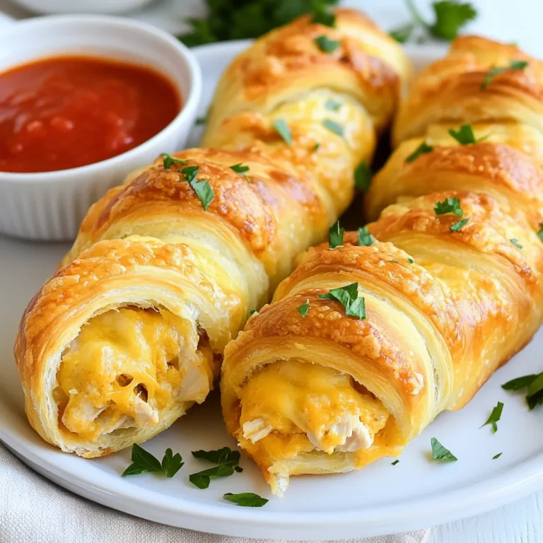 To make cheesy chicken crescent rolls, you need the following: - 1 (8 oz) can of crescent roll dough - 1 cup cooked chicken, shredded - 1 cup cream cheese, softened - 1 cup shredded cheddar cheese - 1/2 teaspoon garlic powder - 1/2 teaspoon onion powder - 1/4 teaspoon paprika - Salt and pepper to taste - 1 egg, beaten (for egg wash) Choose fresh ingredients for the best taste. Here are my tips: - Crescent Roll Dough: Look for a brand that uses real ingredients. Check the expiration date. - Chicken: Use cooked chicken. Rotisserie chicken works great. It saves time and adds flavor. - Cream Cheese: Select full-fat cream cheese for rich taste. Make sure it’s softened for easy mixing. - Cheddar Cheese: Use sharp cheddar for a stronger flavor. Grate it fresh for better meltability. If you have dietary needs, here are some easy swaps: - Chicken: Use turkey or a plant-based alternative for a lighter option. - Cream Cheese: Try dairy-free cream cheese for a vegan option. - Cheddar Cheese: Swap with vegan cheese or a different cheese like mozzarella. - Spices: Adjust spices to your taste. Add herbs like oregano for a different flavor profile. These tips help you create delicious cheesy chicken crescent rolls that fit your needs. Enjoy! {{ingredient_image_1}} Start by gathering all your ingredients. You will need: - 1 (8 oz) can of crescent roll dough - 1 cup cooked chicken, shredded - 1 cup cream cheese, softened - 1 cup shredded cheddar cheese - 1/2 teaspoon garlic powder - 1/2 teaspoon onion powder - 1/4 teaspoon paprika - Salt and pepper to taste - 1 egg, beaten (for egg wash) Preheat your oven to 375°F. Line a baking sheet with parchment paper. This helps the rolls not stick. In a mixing bowl, add the shredded chicken, cream cheese, and cheddar cheese. Sprinkle in the garlic powder, onion powder, paprika, salt, and pepper. Mix everything well until it combines into a creamy filling. Next, unroll the crescent roll dough. You will see the triangles formed. Place them on a clean surface. Take a generous spoonful of the chicken mixture and put it at the wide end of each triangle. Now, roll the dough from the wide end to the point. Make sure to seal the edges well. This step is key to keep the filling inside. After rolling, place each crescent on the baking sheet. Brush the tops with the beaten egg for a nice golden color. Time to bake! Place the baking sheet in your preheated oven. Bake for 12 to 15 minutes. Watch for a golden brown color and bubbly filling. Once they are done, carefully remove the rolls from the oven. Let them cool slightly before serving. Enjoy these cheesy chicken crescent rolls warm! They pair great with marinara sauce for dipping. To get a golden brown finish, brush the tops with a beaten egg. This egg wash helps create a nice crust. Bake them at 375°F for 12-15 minutes. Keep an eye on them. They should be bubbly and golden when done. If you want extra color, you can turn on the broiler for a minute. Just watch closely to avoid burning! Store leftover rolls in an airtight container. They stay fresh in the fridge for about three days. If you want to keep them longer, wrap them tightly in foil and freeze. To thaw, place them in the fridge overnight. This keeps them soft and tasty. Serve your cheesy chicken crescent rolls warm and fresh. They go great with marinara sauce for dipping. You can also try ranch or honey mustard for a twist. Pair them with a light salad or steamed veggies for a complete meal. Enjoying them with friends makes them even better! Pro Tips Use Leftover Chicken: This recipe is perfect for using up leftover rotisserie or grilled chicken, making it a quick meal solution. Customize the Filling: Feel free to mix in your favorite herbs or vegetables to the chicken mixture for added flavor and nutrition. Ensure Proper Sealing: When rolling the crescent dough, make sure to pinch the seams closed tightly to prevent the filling from oozing out during baking. Serve Warm: For the best taste and texture, serve these rolls warm out of the oven, paired with a side of marinara or ranch dressing for dipping. {{image_2}} You can change the filling to create fun new flavors. Try adding cooked bacon for a smoky taste. You can mix in diced bell peppers for crunch. Swap out the cheddar cheese for mozzarella for a milder flavor. You might also add a touch of hot sauce for spice. Experimenting with different fillings keeps your meals exciting and fresh. If you want a meatless option, use vegetables instead of chicken. A mix of sautéed spinach, mushrooms, and cream cheese works well. You can also add artichokes or sun-dried tomatoes for extra flavor. This way, you still get a creamy, cheesy delight without the meat. It is a great way to enjoy this dish while keeping it vegetarian-friendly. For a gluten-free version, choose gluten-free crescent roll dough. Many brands now offer tasty options that work well. Make sure to check the ingredients to avoid any gluten. You can use shredded chicken or go with a veggie mix. This way, you can enjoy cheesy chicken crescent rolls without the gluten. Once you finish your cheesy chicken crescent rolls, you might have some left. To store them, let the rolls cool down to room temperature. Then, place them in an airtight container. Make sure you keep them sealed to stay fresh. You can store them in the fridge for up to three days. When you want to enjoy your leftover rolls, reheating is key. Preheat your oven to 350°F (175°C). Place the rolls on a baking sheet. Cover them with foil to keep them moist. Heat for about 10 to 15 minutes or until warmed through. This method keeps the rolls crispy on the outside and soft inside. If you want to keep your rolls for longer, freezing works well. First, let the rolls cool completely. Then, wrap each roll in plastic wrap. After that, place them in a freezer-safe bag or container. Make sure to label the bag with the date. You can freeze them for up to three months. When you're ready to eat, thaw in the fridge overnight and reheat as mentioned above. No, you should not use raw chicken. The rolls need fully cooked chicken. Using raw chicken can lead to food safety risks. Always cook chicken before mixing it with other ingredients. You can use rotisserie chicken or leftover chicken. This saves time and adds great flavor. You can serve these rolls with many tasty sides. A side of marinara sauce works well for dipping. Fresh salad or steamed veggies add a nice balance too. You can also pair them with garlic bread for a hearty meal. These rolls are great for parties and gatherings, so feel free to get creative! The rolls are done when they are golden brown. Bake them for 12 to 15 minutes in a 375°F oven. You can also look for bubbling cheese. If the tops are golden and the filling is hot, they are ready to serve. Let them cool slightly before enjoying. In this post, we covered how to make delicious cheesy chicken crescent rolls. We discussed the important ingredients you need and how to choose the best ones. You learned step-by-step instructions, helpful tips for perfect rolls, and ways to store and reheat leftovers. We also explored tasty variations and answered common questions. While it's easy to follow the steps, experimenting with flavors can take your rolls to the next level. Enjoy making this dish and share it with friends and family!