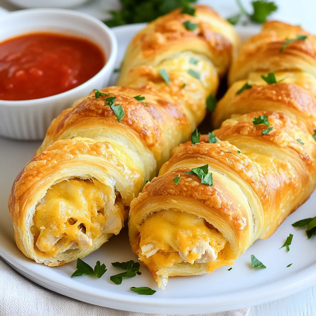 To make cheesy chicken crescent rolls, you need the following: - 1 (8 oz) can of crescent roll dough - 1 cup cooked chicken, shredded - 1 cup cream cheese, softened - 1 cup shredded cheddar cheese - 1/2 teaspoon garlic powder - 1/2 teaspoon onion powder - 1/4 teaspoon paprika - Salt and pepper to taste - 1 egg, beaten (for egg wash) Choose fresh ingredients for the best taste. Here are my tips: - Crescent Roll Dough: Look for a brand that uses real ingredients. Check the expiration date. - Chicken: Use cooked chicken. Rotisserie chicken works great. It saves time and adds flavor. - Cream Cheese: Select full-fat cream cheese for rich taste. Make sure it’s softened for easy mixing. - Cheddar Cheese: Use sharp cheddar for a stronger flavor. Grate it fresh for better meltability. If you have dietary needs, here are some easy swaps: - Chicken: Use turkey or a plant-based alternative for a lighter option. - Cream Cheese: Try dairy-free cream cheese for a vegan option. - Cheddar Cheese: Swap with vegan cheese or a different cheese like mozzarella. - Spices: Adjust spices to your taste. Add herbs like oregano for a different flavor profile. These tips help you create delicious cheesy chicken crescent rolls that fit your needs. Enjoy! {{ingredient_image_1}} Start by gathering all your ingredients. You will need: - 1 (8 oz) can of crescent roll dough - 1 cup cooked chicken, shredded - 1 cup cream cheese, softened - 1 cup shredded cheddar cheese - 1/2 teaspoon garlic powder - 1/2 teaspoon onion powder - 1/4 teaspoon paprika - Salt and pepper to taste - 1 egg, beaten (for egg wash) Preheat your oven to 375°F. Line a baking sheet with parchment paper. This helps the rolls not stick. In a mixing bowl, add the shredded chicken, cream cheese, and cheddar cheese. Sprinkle in the garlic powder, onion powder, paprika, salt, and pepper. Mix everything well until it combines into a creamy filling. Next, unroll the crescent roll dough. You will see the triangles formed. Place them on a clean surface. Take a generous spoonful of the chicken mixture and put it at the wide end of each triangle. Now, roll the dough from the wide end to the point. Make sure to seal the edges well. This step is key to keep the filling inside. After rolling, place each crescent on the baking sheet. Brush the tops with the beaten egg for a nice golden color. Time to bake! Place the baking sheet in your preheated oven. Bake for 12 to 15 minutes. Watch for a golden brown color and bubbly filling. Once they are done, carefully remove the rolls from the oven. Let them cool slightly before serving. Enjoy these cheesy chicken crescent rolls warm! They pair great with marinara sauce for dipping. To get a golden brown finish, brush the tops with a beaten egg. This egg wash helps create a nice crust. Bake them at 375°F for 12-15 minutes. Keep an eye on them. They should be bubbly and golden when done. If you want extra color, you can turn on the broiler for a minute. Just watch closely to avoid burning! Store leftover rolls in an airtight container. They stay fresh in the fridge for about three days. If you want to keep them longer, wrap them tightly in foil and freeze. To thaw, place them in the fridge overnight. This keeps them soft and tasty. Serve your cheesy chicken crescent rolls warm and fresh. They go great with marinara sauce for dipping. You can also try ranch or honey mustard for a twist. Pair them with a light salad or steamed veggies for a complete meal. Enjoying them with friends makes them even better! Pro Tips Use Leftover Chicken: This recipe is perfect for using up leftover rotisserie or grilled chicken, making it a quick meal solution. Customize the Filling: Feel free to mix in your favorite herbs or vegetables to the chicken mixture for added flavor and nutrition. Ensure Proper Sealing: When rolling the crescent dough, make sure to pinch the seams closed tightly to prevent the filling from oozing out during baking. Serve Warm: For the best taste and texture, serve these rolls warm out of the oven, paired with a side of marinara or ranch dressing for dipping. {{image_2}} You can change the filling to create fun new flavors. Try adding cooked bacon for a smoky taste. You can mix in diced bell peppers for crunch. Swap out the cheddar cheese for mozzarella for a milder flavor. You might also add a touch of hot sauce for spice. Experimenting with different fillings keeps your meals exciting and fresh. If you want a meatless option, use vegetables instead of chicken. A mix of sautéed spinach, mushrooms, and cream cheese works well. You can also add artichokes or sun-dried tomatoes for extra flavor. This way, you still get a creamy, cheesy delight without the meat. It is a great way to enjoy this dish while keeping it vegetarian-friendly. For a gluten-free version, choose gluten-free crescent roll dough. Many brands now offer tasty options that work well. Make sure to check the ingredients to avoid any gluten. You can use shredded chicken or go with a veggie mix. This way, you can enjoy cheesy chicken crescent rolls without the gluten. Once you finish your cheesy chicken crescent rolls, you might have some left. To store them, let the rolls cool down to room temperature. Then, place them in an airtight container. Make sure you keep them sealed to stay fresh. You can store them in the fridge for up to three days. When you want to enjoy your leftover rolls, reheating is key. Preheat your oven to 350°F (175°C). Place the rolls on a baking sheet. Cover them with foil to keep them moist. Heat for about 10 to 15 minutes or until warmed through. This method keeps the rolls crispy on the outside and soft inside. If you want to keep your rolls for longer, freezing works well. First, let the rolls cool completely. Then, wrap each roll in plastic wrap. After that, place them in a freezer-safe bag or container. Make sure to label the bag with the date. You can freeze them for up to three months. When you're ready to eat, thaw in the fridge overnight and reheat as mentioned above. No, you should not use raw chicken. The rolls need fully cooked chicken. Using raw chicken can lead to food safety risks. Always cook chicken before mixing it with other ingredients. You can use rotisserie chicken or leftover chicken. This saves time and adds great flavor. You can serve these rolls with many tasty sides. A side of marinara sauce works well for dipping. Fresh salad or steamed veggies add a nice balance too. You can also pair them with garlic bread for a hearty meal. These rolls are great for parties and gatherings, so feel free to get creative! The rolls are done when they are golden brown. Bake them for 12 to 15 minutes in a 375°F oven. You can also look for bubbling cheese. If the tops are golden and the filling is hot, they are ready to serve. Let them cool slightly before enjoying. In this post, we covered how to make delicious cheesy chicken crescent rolls. We discussed the important ingredients you need and how to choose the best ones. You learned step-by-step instructions, helpful tips for perfect rolls, and ways to store and reheat leftovers. We also explored tasty variations and answered common questions. While it's easy to follow the steps, experimenting with flavors can take your rolls to the next level. Enjoy making this dish and share it with friends and family!