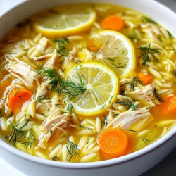 For Greek Lemon Chicken Soup, you will need: - 1 lb (450g) boneless, skinless chicken breasts - 6 cups chicken broth - 1 medium onion, chopped - 2 carrots, diced - 2 celery stalks, diced - 1 cup uncooked orzo pasta - 3 large eggs - 1/2 cup fresh lemon juice (about 2-3 lemons) - 2 tablespoons olive oil - Salt and pepper to taste - Fresh dill, chopped (for garnish) - Lemon slices (for garnish) If you do not have orzo pasta, you can use rice instead. Quinoa is another good choice. For the chicken, you can use rotisserie chicken. This saves time and adds flavor. If you want a lighter soup, replace the eggs with Greek yogurt. This still gives a creamy texture without the extra cooking step. Garnishes add a nice touch to your soup. I suggest using fresh dill for its bright flavor. Lemon slices also enhance the dish visually and taste-wise. A sprinkle of black pepper can add depth. You might even try a drizzle of olive oil for richness. These small touches transform your soup into a lovely meal. {{ingredient_image_1}} Start by gathering all your ingredients. You need boneless chicken, broth, and veggies. Chop the onion, carrots, and celery. This helps them cook evenly. Heat olive oil in a large pot over medium heat. Add the chopped veggies and sauté for 5-7 minutes. They should be soft and fragrant. Next, add the chicken breast and pour in the chicken broth. Bring it to a boil. Then, reduce the heat and let it simmer for 20-25 minutes. The chicken should be fully cooked. After that, take the chicken out and shred it with two forks. Return the shredded chicken back to the pot. Now, stir in the uncooked orzo pasta. Cook it for about 8-10 minutes or until it’s tender. This pasta adds a nice texture to the soup. To make the soup rich, you need to temper the eggs. In a bowl, whisk the eggs with fresh lemon juice. Take a ladle of hot soup broth and slowly mix it into the eggs while whisking. This helps prevent the eggs from curdling. Then, add this mixture back into the soup. Stir gently to combine. Do not let the soup boil once the eggs are in. This keeps the soup smooth and creamy. Season with salt and pepper to taste. Let it simmer a bit on low heat to heat through. Serve the soup hot in bowls. For a pretty touch, garnish with fresh dill and lemon slices. These add flavor and brighten the dish. You can also serve it with crusty bread on the side. This soup warms you up and tastes wonderful. Enjoy your Greek Lemon Chicken Soup! To make Greek Lemon Chicken Soup creamier, use a few simple tricks. First, whisk in more eggs. This adds richness without too much milk. You can also add a bit of cream or Greek yogurt for extra creaminess. Just remember to mix it in slowly. This helps to keep the soup smooth and tasty. Many people make the same mistakes when making this soup. One big mistake is boiling the soup after adding the egg mixture. This can cause the eggs to curdle. Instead, let the soup stay at a low heat. Another mistake is overcooking the orzo pasta. It should be tender, not mushy. Keep an eye on it as it cooks. Greek Lemon Chicken Soup pairs well with several sides. Serve it with warm, crusty bread for dipping. A simple salad with fresh greens enhances the meal. You can also try serving it with roasted vegetables. These add color and crunch. For a light dessert, lemon sorbet is a perfect finish. Pro Tips Use Fresh Ingredients: Fresh chicken, vegetables, and herbs will enhance the flavor and overall quality of your soup. Perfectly Cook the Orzo: Add the orzo towards the end of cooking to prevent it from becoming mushy and overcooked. Tempering the Eggs: Always temper the eggs with hot broth before adding to the soup to avoid curdling and achieve a creamy texture. Customize Your Seasoning: Adjust the salt and pepper according to your taste preference, and consider adding a pinch of cayenne for a slight kick. {{image_2}} If you want a lighter soup, try using quinoa instead of orzo. Quinoa adds protein and fiber. You can also choose brown rice for a whole grain option. Both will still give the soup a nice texture. Adding fresh herbs can change the soup's taste. Try using parsley or oregano for a different flavor. You can also add a pinch of cumin or paprika for warmth. Fresh garlic will give it a stronger taste too. To make this soup vegetarian, swap the chicken for chickpeas or lentils. Use vegetable broth instead of chicken broth. Replace the chicken with sautéed mushrooms for a hearty bite. With these changes, you can still enjoy a delicious soup. To store Greek lemon chicken soup, let it cool down first. Use an airtight container to keep it fresh. This helps keep the flavors strong and the soup safe to eat. You can keep it in the fridge for up to three days. If you want to enjoy it later, freezing is a great option. When you are ready to eat, reheat the soup gently. You can use a pot on the stove or the microwave. If using the stove, heat over low to medium heat. Stir often to keep it from sticking. If using the microwave, heat in short bursts. Stir in between to avoid hot spots. Make sure it is hot all the way through before serving. To freeze the soup, use freezer-safe containers or bags. Leave some space at the top for expansion. This prevents any spills when it freezes. The soup can be frozen for up to three months. When ready to eat, thaw it overnight in the fridge. Reheat it using the methods above, and enjoy your meal! Greek Lemon Chicken Soup, or Avgolemono, has roots in ancient Greece. It is a classic dish that combines chicken, lemon, and egg. Families have passed down this soup for generations. Its bright flavors make it a favorite in Greek homes. The soup warms the heart and soul, especially on cold days. Yes, you can use leftover chicken in this soup. Shredded rotisserie chicken works great. Just add it to the broth after cooking the veggies. This saves time and adds more flavor. Your soup will still taste fresh and delicious. You can adjust the acidity by adding more or less lemon juice. For a milder taste, use less juice. If you want a stronger flavor, add more lemon juice. Taste the soup as you go. You can find the right balance that suits your taste. Yes, you can easily make a gluten-free version. Instead of orzo, use rice or gluten-free pasta. Both options will give the soup a nice texture. Just be sure to check the labels for gluten-free products. This way, everyone can enjoy the soup. You can enhance the soup with extra herbs and spices. Fresh parsley, thyme, or oregano add depth. You might also add garlic for an aromatic twist. Carrots and celery add sweetness and crunch. Feel free to experiment with flavors you love. This blog post covered many key points for making Greek Lemon Chicken Soup. We explored the ingredients, tips, techniques, and variations. Plus, I shared storage and reheating info. Remember, using fresh ingredients and following the steps helps make a great soup. Don't be afraid to try your own flavors too. With a few tweaks, you can create a unique dish each time. Enjoy your cooking journey!