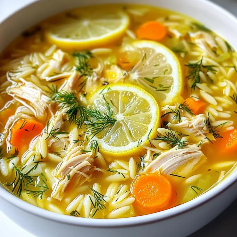 For Greek Lemon Chicken Soup, you will need: - 1 lb (450g) boneless, skinless chicken breasts - 6 cups chicken broth - 1 medium onion, chopped - 2 carrots, diced - 2 celery stalks, diced - 1 cup uncooked orzo pasta - 3 large eggs - 1/2 cup fresh lemon juice (about 2-3 lemons) - 2 tablespoons olive oil - Salt and pepper to taste - Fresh dill, chopped (for garnish) - Lemon slices (for garnish) If you do not have orzo pasta, you can use rice instead. Quinoa is another good choice. For the chicken, you can use rotisserie chicken. This saves time and adds flavor. If you want a lighter soup, replace the eggs with Greek yogurt. This still gives a creamy texture without the extra cooking step. Garnishes add a nice touch to your soup. I suggest using fresh dill for its bright flavor. Lemon slices also enhance the dish visually and taste-wise. A sprinkle of black pepper can add depth. You might even try a drizzle of olive oil for richness. These small touches transform your soup into a lovely meal. {{ingredient_image_1}} Start by gathering all your ingredients. You need boneless chicken, broth, and veggies. Chop the onion, carrots, and celery. This helps them cook evenly. Heat olive oil in a large pot over medium heat. Add the chopped veggies and sauté for 5-7 minutes. They should be soft and fragrant. Next, add the chicken breast and pour in the chicken broth. Bring it to a boil. Then, reduce the heat and let it simmer for 20-25 minutes. The chicken should be fully cooked. After that, take the chicken out and shred it with two forks. Return the shredded chicken back to the pot. Now, stir in the uncooked orzo pasta. Cook it for about 8-10 minutes or until it’s tender. This pasta adds a nice texture to the soup. To make the soup rich, you need to temper the eggs. In a bowl, whisk the eggs with fresh lemon juice. Take a ladle of hot soup broth and slowly mix it into the eggs while whisking. This helps prevent the eggs from curdling. Then, add this mixture back into the soup. Stir gently to combine. Do not let the soup boil once the eggs are in. This keeps the soup smooth and creamy. Season with salt and pepper to taste. Let it simmer a bit on low heat to heat through. Serve the soup hot in bowls. For a pretty touch, garnish with fresh dill and lemon slices. These add flavor and brighten the dish. You can also serve it with crusty bread on the side. This soup warms you up and tastes wonderful. Enjoy your Greek Lemon Chicken Soup! To make Greek Lemon Chicken Soup creamier, use a few simple tricks. First, whisk in more eggs. This adds richness without too much milk. You can also add a bit of cream or Greek yogurt for extra creaminess. Just remember to mix it in slowly. This helps to keep the soup smooth and tasty. Many people make the same mistakes when making this soup. One big mistake is boiling the soup after adding the egg mixture. This can cause the eggs to curdle. Instead, let the soup stay at a low heat. Another mistake is overcooking the orzo pasta. It should be tender, not mushy. Keep an eye on it as it cooks. Greek Lemon Chicken Soup pairs well with several sides. Serve it with warm, crusty bread for dipping. A simple salad with fresh greens enhances the meal. You can also try serving it with roasted vegetables. These add color and crunch. For a light dessert, lemon sorbet is a perfect finish. Pro Tips Use Fresh Ingredients: Fresh chicken, vegetables, and herbs will enhance the flavor and overall quality of your soup. Perfectly Cook the Orzo: Add the orzo towards the end of cooking to prevent it from becoming mushy and overcooked. Tempering the Eggs: Always temper the eggs with hot broth before adding to the soup to avoid curdling and achieve a creamy texture. Customize Your Seasoning: Adjust the salt and pepper according to your taste preference, and consider adding a pinch of cayenne for a slight kick. {{image_2}} If you want a lighter soup, try using quinoa instead of orzo. Quinoa adds protein and fiber. You can also choose brown rice for a whole grain option. Both will still give the soup a nice texture. Adding fresh herbs can change the soup's taste. Try using parsley or oregano for a different flavor. You can also add a pinch of cumin or paprika for warmth. Fresh garlic will give it a stronger taste too. To make this soup vegetarian, swap the chicken for chickpeas or lentils. Use vegetable broth instead of chicken broth. Replace the chicken with sautéed mushrooms for a hearty bite. With these changes, you can still enjoy a delicious soup. To store Greek lemon chicken soup, let it cool down first. Use an airtight container to keep it fresh. This helps keep the flavors strong and the soup safe to eat. You can keep it in the fridge for up to three days. If you want to enjoy it later, freezing is a great option. When you are ready to eat, reheat the soup gently. You can use a pot on the stove or the microwave. If using the stove, heat over low to medium heat. Stir often to keep it from sticking. If using the microwave, heat in short bursts. Stir in between to avoid hot spots. Make sure it is hot all the way through before serving. To freeze the soup, use freezer-safe containers or bags. Leave some space at the top for expansion. This prevents any spills when it freezes. The soup can be frozen for up to three months. When ready to eat, thaw it overnight in the fridge. Reheat it using the methods above, and enjoy your meal! Greek Lemon Chicken Soup, or Avgolemono, has roots in ancient Greece. It is a classic dish that combines chicken, lemon, and egg. Families have passed down this soup for generations. Its bright flavors make it a favorite in Greek homes. The soup warms the heart and soul, especially on cold days. Yes, you can use leftover chicken in this soup. Shredded rotisserie chicken works great. Just add it to the broth after cooking the veggies. This saves time and adds more flavor. Your soup will still taste fresh and delicious. You can adjust the acidity by adding more or less lemon juice. For a milder taste, use less juice. If you want a stronger flavor, add more lemon juice. Taste the soup as you go. You can find the right balance that suits your taste. Yes, you can easily make a gluten-free version. Instead of orzo, use rice or gluten-free pasta. Both options will give the soup a nice texture. Just be sure to check the labels for gluten-free products. This way, everyone can enjoy the soup. You can enhance the soup with extra herbs and spices. Fresh parsley, thyme, or oregano add depth. You might also add garlic for an aromatic twist. Carrots and celery add sweetness and crunch. Feel free to experiment with flavors you love. This blog post covered many key points for making Greek Lemon Chicken Soup. We explored the ingredients, tips, techniques, and variations. Plus, I shared storage and reheating info. Remember, using fresh ingredients and following the steps helps make a great soup. Don't be afraid to try your own flavors too. With a few tweaks, you can create a unique dish each time. Enjoy your cooking journey!