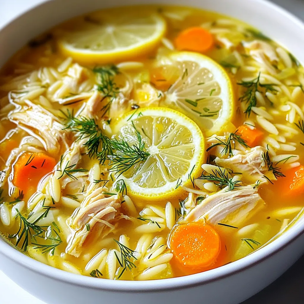 For Greek Lemon Chicken Soup, you will need: - 1 lb (450g) boneless, skinless chicken breasts - 6 cups chicken broth - 1 medium onion, chopped - 2 carrots, diced - 2 celery stalks, diced - 1 cup uncooked orzo pasta - 3 large eggs - 1/2 cup fresh lemon juice (about 2-3 lemons) - 2 tablespoons olive oil - Salt and pepper to taste - Fresh dill, chopped (for garnish) - Lemon slices (for garnish) If you do not have orzo pasta, you can use rice instead. Quinoa is another good choice. For the chicken, you can use rotisserie chicken. This saves time and adds flavor. If you want a lighter soup, replace the eggs with Greek yogurt. This still gives a creamy texture without the extra cooking step. Garnishes add a nice touch to your soup. I suggest using fresh dill for its bright flavor. Lemon slices also enhance the dish visually and taste-wise. A sprinkle of black pepper can add depth. You might even try a drizzle of olive oil for richness. These small touches transform your soup into a lovely meal. {{ingredient_image_1}} Start by gathering all your ingredients. You need boneless chicken, broth, and veggies. Chop the onion, carrots, and celery. This helps them cook evenly. Heat olive oil in a large pot over medium heat. Add the chopped veggies and sauté for 5-7 minutes. They should be soft and fragrant. Next, add the chicken breast and pour in the chicken broth. Bring it to a boil. Then, reduce the heat and let it simmer for 20-25 minutes. The chicken should be fully cooked. After that, take the chicken out and shred it with two forks. Return the shredded chicken back to the pot. Now, stir in the uncooked orzo pasta. Cook it for about 8-10 minutes or until it’s tender. This pasta adds a nice texture to the soup. To make the soup rich, you need to temper the eggs. In a bowl, whisk the eggs with fresh lemon juice. Take a ladle of hot soup broth and slowly mix it into the eggs while whisking. This helps prevent the eggs from curdling. Then, add this mixture back into the soup. Stir gently to combine. Do not let the soup boil once the eggs are in. This keeps the soup smooth and creamy. Season with salt and pepper to taste. Let it simmer a bit on low heat to heat through. Serve the soup hot in bowls. For a pretty touch, garnish with fresh dill and lemon slices. These add flavor and brighten the dish. You can also serve it with crusty bread on the side. This soup warms you up and tastes wonderful. Enjoy your Greek Lemon Chicken Soup! To make Greek Lemon Chicken Soup creamier, use a few simple tricks. First, whisk in more eggs. This adds richness without too much milk. You can also add a bit of cream or Greek yogurt for extra creaminess. Just remember to mix it in slowly. This helps to keep the soup smooth and tasty. Many people make the same mistakes when making this soup. One big mistake is boiling the soup after adding the egg mixture. This can cause the eggs to curdle. Instead, let the soup stay at a low heat. Another mistake is overcooking the orzo pasta. It should be tender, not mushy. Keep an eye on it as it cooks. Greek Lemon Chicken Soup pairs well with several sides. Serve it with warm, crusty bread for dipping. A simple salad with fresh greens enhances the meal. You can also try serving it with roasted vegetables. These add color and crunch. For a light dessert, lemon sorbet is a perfect finish. Pro Tips Use Fresh Ingredients: Fresh chicken, vegetables, and herbs will enhance the flavor and overall quality of your soup. Perfectly Cook the Orzo: Add the orzo towards the end of cooking to prevent it from becoming mushy and overcooked. Tempering the Eggs: Always temper the eggs with hot broth before adding to the soup to avoid curdling and achieve a creamy texture. Customize Your Seasoning: Adjust the salt and pepper according to your taste preference, and consider adding a pinch of cayenne for a slight kick. {{image_2}} If you want a lighter soup, try using quinoa instead of orzo. Quinoa adds protein and fiber. You can also choose brown rice for a whole grain option. Both will still give the soup a nice texture. Adding fresh herbs can change the soup's taste. Try using parsley or oregano for a different flavor. You can also add a pinch of cumin or paprika for warmth. Fresh garlic will give it a stronger taste too. To make this soup vegetarian, swap the chicken for chickpeas or lentils. Use vegetable broth instead of chicken broth. Replace the chicken with sautéed mushrooms for a hearty bite. With these changes, you can still enjoy a delicious soup. To store Greek lemon chicken soup, let it cool down first. Use an airtight container to keep it fresh. This helps keep the flavors strong and the soup safe to eat. You can keep it in the fridge for up to three days. If you want to enjoy it later, freezing is a great option. When you are ready to eat, reheat the soup gently. You can use a pot on the stove or the microwave. If using the stove, heat over low to medium heat. Stir often to keep it from sticking. If using the microwave, heat in short bursts. Stir in between to avoid hot spots. Make sure it is hot all the way through before serving. To freeze the soup, use freezer-safe containers or bags. Leave some space at the top for expansion. This prevents any spills when it freezes. The soup can be frozen for up to three months. When ready to eat, thaw it overnight in the fridge. Reheat it using the methods above, and enjoy your meal! Greek Lemon Chicken Soup, or Avgolemono, has roots in ancient Greece. It is a classic dish that combines chicken, lemon, and egg. Families have passed down this soup for generations. Its bright flavors make it a favorite in Greek homes. The soup warms the heart and soul, especially on cold days. Yes, you can use leftover chicken in this soup. Shredded rotisserie chicken works great. Just add it to the broth after cooking the veggies. This saves time and adds more flavor. Your soup will still taste fresh and delicious. You can adjust the acidity by adding more or less lemon juice. For a milder taste, use less juice. If you want a stronger flavor, add more lemon juice. Taste the soup as you go. You can find the right balance that suits your taste. Yes, you can easily make a gluten-free version. Instead of orzo, use rice or gluten-free pasta. Both options will give the soup a nice texture. Just be sure to check the labels for gluten-free products. This way, everyone can enjoy the soup. You can enhance the soup with extra herbs and spices. Fresh parsley, thyme, or oregano add depth. You might also add garlic for an aromatic twist. Carrots and celery add sweetness and crunch. Feel free to experiment with flavors you love. This blog post covered many key points for making Greek Lemon Chicken Soup. We explored the ingredients, tips, techniques, and variations. Plus, I shared storage and reheating info. Remember, using fresh ingredients and following the steps helps make a great soup. Don't be afraid to try your own flavors too. With a few tweaks, you can create a unique dish each time. Enjoy your cooking journey!
