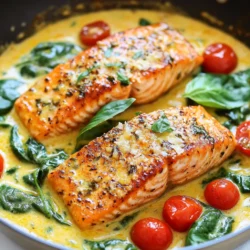 - 4 salmon fillets (about 6 oz each) - 2 tablespoons olive oil - 3 cloves garlic, minced - 1 cup cherry tomatoes, halved - 1 cup baby spinach - ½ cup heavy cream - 1 teaspoon Italian seasoning - Salt and pepper to taste - ¼ cup grated Parmesan cheese - Fresh basil leaves for garnish The key to a great Tuscan salmon skillet lies in the ingredients you choose. Start with fresh salmon fillets. Their rich flavor pairs perfectly with the other ingredients. I love using about 6 oz fillets for a hearty meal. Next, olive oil is a must. It adds flavor and helps achieve that nice golden crust on the salmon. Garlic brings a wonderful aroma and taste. I always use three cloves, minced well, for the best impact. Cherry tomatoes add sweetness and color to the dish. Halving them makes them cook quickly and evenly. For greens, baby spinach is ideal. It wilts nicely and adds a pop of color. Heavy cream gives the sauce a rich texture. I use half a cup for a creamy finish. Italian seasoning adds a blend of herbs that brings everything together. Don’t forget salt and pepper to taste. They enhance all the flavors. Finally, grated Parmesan cheese is a delightful touch. It melts into the sauce, creating a savory finish. Fresh basil leaves make a lovely garnish. They add a fresh taste and look stunning on the plate. Gather all these ingredients, and you’re ready to cook a Tuscan salmon skillet that is both rich and flavorful. {{ingredient_image_1}} - Season the salmon fillets. Sprinkle salt and pepper on both sides. - Heat the olive oil in a large skillet over medium heat. - Sear the salmon fillets skin-side down. Cook for 4-5 minutes until golden brown. - Carefully flip the salmon and cook for 3-4 minutes. Ensure it is cooked through. - Sauté garlic in the same skillet. Cook for about 30 seconds until fragrant. - Add the halved cherry tomatoes. Cook for 2-3 minutes until they soften. - Stir in the baby spinach. Let it wilt for 1-2 minutes. - Pour in the heavy cream and add Italian seasoning. Stir well and simmer for 2-3 minutes. - Return the salmon to the skillet. Spoon sauce over salmon and sprinkle with Parmesan cheese. Cook for another minute. - Garnish with fresh basil leaves before serving. To cook salmon just right, pay attention to the thickness. For fillets about 1 inch thick, aim for 4-5 minutes on the skin side. Then, flip it and cook for 3-4 more minutes. If your fillets are thicker, add a minute or two. Season the salmon with salt and pepper before cooking. This simple step helps to enhance the natural flavor. You can also use lemon zest for a fresh pop. You can customize the sauce to suit your taste. Try adding capers for a briny kick. If you want a touch of heat, add red pepper flakes. For herbs, fresh oregano or thyme work great. You can also swap basil for parsley to change the flavor. Pair your Tuscan salmon with sides like garlic bread or roasted veggies. These complement the rich sauce well. For presentation, serve the salmon on a colorful plate. Drizzle extra sauce over the top and sprinkle with more Parmesan cheese. Finish with fresh basil leaves. This makes the dish look beautiful and inviting. Pro Tips Fresh Ingredients: Always use fresh salmon and seasonal vegetables for the best flavor and texture. Perfectly Cooked Salmon: Keep an eye on the salmon while cooking; it should be opaque and flake easily with a fork when done. Customize the Sauce: Feel free to add other herbs or spices to the cream sauce to suit your taste. Serve Immediately: This dish is best served right after cooking to enjoy the freshness of the ingredients. {{image_2}} You can easily make this dish gluten-free. Start by substituting heavy cream with coconut cream or almond milk. These options add creaminess without gluten. Adjust the seasoning to enhance the flavors. Use gluten-free Italian seasoning if needed. Feel free to mix in different vegetables for added nutrition. You can add bell peppers, zucchini, or asparagus. These veggies offer great flavor and color. Use seasonal vegetables for freshness. In summer, use fresh corn or green beans. In fall, try butternut squash. If you prefer, make an oven-baked version of Tuscan Salmon. Preheat your oven to 400°F. Place the seasoned salmon on a baking sheet. Bake for 15-20 minutes until cooked through. Grilling is another great option. It gives a nice smoky flavor. Grill the salmon for about 6-8 minutes per side. To keep your Tuscan Salmon Skillet fresh, follow these tips: - Let the dish cool to room temperature. - Store leftovers in airtight containers. - Use glass or plastic containers that seal well. - Refrigerate within two hours to prevent bacteria. - Properly stored, it lasts up to three days in the fridge. When reheating, you want to keep the salmon moist. Here are the best methods: - Use a skillet over low heat for even warming. - Add a splash of water or broth to keep it juicy. - Cover the skillet to trap steam while reheating. - You can also use the microwave but do it gently. - Heat in short bursts of 30 seconds to avoid drying out. Follow these steps for tasty leftovers that still taste great! Yes, you can use frozen salmon. Just make sure to thaw it first. The best way to thaw salmon is to place it in the fridge overnight. If you're short on time, you can also run it under cold water for about an hour. When cooking, add a few extra minutes to the cooking time. A good rule is to cook it until the inside reaches 145°F. This ensures it's safe to eat and still juicy. If you need a substitute for heavy cream, there are several options. You can use half-and-half or whole milk mixed with a bit of butter. For a lighter option, try Greek yogurt or sour cream. If you're dairy-free, coconut cream works well and adds a nice flavor. Just remember that each substitute may change the taste a bit, but it can still be delicious! To add some heat, you can mix in red pepper flakes or chopped fresh chili peppers. If you like a smoky flavor, try adding smoked paprika. Another option is to serve the dish with a spicy sauce, like sriracha or harissa, on the side. Adjust the spice level to your taste. Enjoy experimenting with these ideas to make the dish perfect for you! This blog post covers an easy and tasty Tuscan salmon recipe. We explored the key ingredients, cooking steps, and tips for perfect salmon. You learned about variations, storage, and answers to common questions. Remember, you can customize this dish to your taste or dietary needs. Enjoy cooking and impressing others with your new skills!