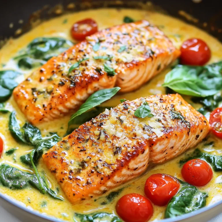 - 4 salmon fillets (about 6 oz each) - 2 tablespoons olive oil - 3 cloves garlic, minced - 1 cup cherry tomatoes, halved - 1 cup baby spinach - ½ cup heavy cream - 1 teaspoon Italian seasoning - Salt and pepper to taste - ¼ cup grated Parmesan cheese - Fresh basil leaves for garnish The key to a great Tuscan salmon skillet lies in the ingredients you choose. Start with fresh salmon fillets. Their rich flavor pairs perfectly with the other ingredients. I love using about 6 oz fillets for a hearty meal. Next, olive oil is a must. It adds flavor and helps achieve that nice golden crust on the salmon. Garlic brings a wonderful aroma and taste. I always use three cloves, minced well, for the best impact. Cherry tomatoes add sweetness and color to the dish. Halving them makes them cook quickly and evenly. For greens, baby spinach is ideal. It wilts nicely and adds a pop of color. Heavy cream gives the sauce a rich texture. I use half a cup for a creamy finish. Italian seasoning adds a blend of herbs that brings everything together. Don’t forget salt and pepper to taste. They enhance all the flavors. Finally, grated Parmesan cheese is a delightful touch. It melts into the sauce, creating a savory finish. Fresh basil leaves make a lovely garnish. They add a fresh taste and look stunning on the plate. Gather all these ingredients, and you’re ready to cook a Tuscan salmon skillet that is both rich and flavorful. {{ingredient_image_1}} - Season the salmon fillets. Sprinkle salt and pepper on both sides. - Heat the olive oil in a large skillet over medium heat. - Sear the salmon fillets skin-side down. Cook for 4-5 minutes until golden brown. - Carefully flip the salmon and cook for 3-4 minutes. Ensure it is cooked through. - Sauté garlic in the same skillet. Cook for about 30 seconds until fragrant. - Add the halved cherry tomatoes. Cook for 2-3 minutes until they soften. - Stir in the baby spinach. Let it wilt for 1-2 minutes. - Pour in the heavy cream and add Italian seasoning. Stir well and simmer for 2-3 minutes. - Return the salmon to the skillet. Spoon sauce over salmon and sprinkle with Parmesan cheese. Cook for another minute. - Garnish with fresh basil leaves before serving. To cook salmon just right, pay attention to the thickness. For fillets about 1 inch thick, aim for 4-5 minutes on the skin side. Then, flip it and cook for 3-4 more minutes. If your fillets are thicker, add a minute or two. Season the salmon with salt and pepper before cooking. This simple step helps to enhance the natural flavor. You can also use lemon zest for a fresh pop. You can customize the sauce to suit your taste. Try adding capers for a briny kick. If you want a touch of heat, add red pepper flakes. For herbs, fresh oregano or thyme work great. You can also swap basil for parsley to change the flavor. Pair your Tuscan salmon with sides like garlic bread or roasted veggies. These complement the rich sauce well. For presentation, serve the salmon on a colorful plate. Drizzle extra sauce over the top and sprinkle with more Parmesan cheese. Finish with fresh basil leaves. This makes the dish look beautiful and inviting. Pro Tips Fresh Ingredients: Always use fresh salmon and seasonal vegetables for the best flavor and texture. Perfectly Cooked Salmon: Keep an eye on the salmon while cooking; it should be opaque and flake easily with a fork when done. Customize the Sauce: Feel free to add other herbs or spices to the cream sauce to suit your taste. Serve Immediately: This dish is best served right after cooking to enjoy the freshness of the ingredients. {{image_2}} You can easily make this dish gluten-free. Start by substituting heavy cream with coconut cream or almond milk. These options add creaminess without gluten. Adjust the seasoning to enhance the flavors. Use gluten-free Italian seasoning if needed. Feel free to mix in different vegetables for added nutrition. You can add bell peppers, zucchini, or asparagus. These veggies offer great flavor and color. Use seasonal vegetables for freshness. In summer, use fresh corn or green beans. In fall, try butternut squash. If you prefer, make an oven-baked version of Tuscan Salmon. Preheat your oven to 400°F. Place the seasoned salmon on a baking sheet. Bake for 15-20 minutes until cooked through. Grilling is another great option. It gives a nice smoky flavor. Grill the salmon for about 6-8 minutes per side. To keep your Tuscan Salmon Skillet fresh, follow these tips: - Let the dish cool to room temperature. - Store leftovers in airtight containers. - Use glass or plastic containers that seal well. - Refrigerate within two hours to prevent bacteria. - Properly stored, it lasts up to three days in the fridge. When reheating, you want to keep the salmon moist. Here are the best methods: - Use a skillet over low heat for even warming. - Add a splash of water or broth to keep it juicy. - Cover the skillet to trap steam while reheating. - You can also use the microwave but do it gently. - Heat in short bursts of 30 seconds to avoid drying out. Follow these steps for tasty leftovers that still taste great! Yes, you can use frozen salmon. Just make sure to thaw it first. The best way to thaw salmon is to place it in the fridge overnight. If you're short on time, you can also run it under cold water for about an hour. When cooking, add a few extra minutes to the cooking time. A good rule is to cook it until the inside reaches 145°F. This ensures it's safe to eat and still juicy. If you need a substitute for heavy cream, there are several options. You can use half-and-half or whole milk mixed with a bit of butter. For a lighter option, try Greek yogurt or sour cream. If you're dairy-free, coconut cream works well and adds a nice flavor. Just remember that each substitute may change the taste a bit, but it can still be delicious! To add some heat, you can mix in red pepper flakes or chopped fresh chili peppers. If you like a smoky flavor, try adding smoked paprika. Another option is to serve the dish with a spicy sauce, like sriracha or harissa, on the side. Adjust the spice level to your taste. Enjoy experimenting with these ideas to make the dish perfect for you! This blog post covers an easy and tasty Tuscan salmon recipe. We explored the key ingredients, cooking steps, and tips for perfect salmon. You learned about variations, storage, and answers to common questions. Remember, you can customize this dish to your taste or dietary needs. Enjoy cooking and impressing others with your new skills!