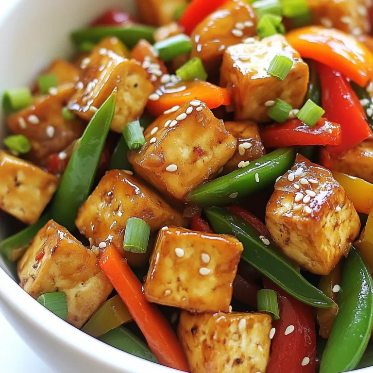 - 1 block (14 oz) firm tofu - 1 red bell pepper, sliced - 1 green bell pepper, sliced - 1 medium carrot, julienned - 1 cup snap peas - 3 cloves garlic, minced - 1 inch ginger, grated - 2-3 tablespoons soy sauce or tamari - 1-2 tablespoons chili paste - 2 tablespoons sesame oil - 1 teaspoon sugar - 2 green onions, chopped - Sesame seeds When I make this dish, I love using firm tofu. It holds its shape well. Pressing the tofu helps remove extra moisture. This step makes the tofu crispier. The colorful veggies add great flavor and texture. Red and green bell peppers bring sweetness and crunch. Carrots add a nice bite, and snap peas give freshness. I always use fresh garlic and ginger. They create a strong, tasty base. The garlic gives a warm flavor, while ginger adds a zesty kick. For the sauce, I choose soy sauce or tamari for a gluten-free option. Chili paste gives the dish heat, so adjust it to your taste. Sesame oil adds richness, and a bit of sugar balances the flavors. Finally, I sprinkle green onions and sesame seeds on top. They add a pop of color and extra crunch. This dish not only looks good, but it also tastes amazing! {{ingredient_image_1}} To start, you need to press the tofu. This step removes extra moisture, which helps the tofu to fry better. Place the tofu block between two plates and add some weight on top. Let it sit for about 15 minutes. After pressing, cut the tofu into bite-sized cubes. This size helps the tofu cook evenly and absorb flavors. Next, heat one tablespoon of sesame oil in a large non-stick skillet or wok. Use medium-high heat for best results. Add the cubed tofu and stir-fry for about 5 to 7 minutes. You want the tofu to turn a nice golden brown on all sides. This gives it a tasty texture. Once done, remove the tofu from the pan and set it aside. In the same pan, add the remaining tablespoon of sesame oil. Now, toss in the minced garlic and grated ginger. Stir-fry for about 30 seconds until you smell the lovely aroma. Then, add sliced red and green bell peppers, julienned carrot, and snap peas to the pan. Cook the vegetables for about 3 to 4 minutes. They should be tender but still crisp. Now, return the crispy tofu to the pan. Pour in soy sauce, chili paste, and sugar. Stir everything well so that the flavors mix nicely. Cook for another 2 to 3 minutes until everything is heated through. This final step makes the dish so flavorful and colorful. To get the best tofu, press it for at least 15 minutes. Use a clean towel. Place something heavy on top, like a cast-iron pan. This removes extra moisture, giving you a firm texture. For great crispy tofu, heat your pan well. Use medium-high heat and add sesame oil. Sauté the tofu until it's golden brown on all sides, about 5-7 minutes. This makes it crunchy and adds flavor. If you like heat, use more chili paste. Start with 1 tablespoon and taste. You can always add more if you want it spicier. For a milder dish, use less chili paste. You can also add a pinch of sugar to balance the heat. Sweetness helps bring out the flavors without making it too spicy. Fresh veggies make your stir-fry taste better. Choose bright, firm vegetables. Look for bell peppers that are shiny and firm. For snap peas, pick ones that are crisp and green. Also, use high-quality soy sauce or tamari. Good sauce boosts flavor and makes your dish shine. Pro Tips Press Tofu Well: Make sure to press the tofu for at least 15-30 minutes to remove as much moisture as possible. This helps achieve a better texture when stir-frying. Customize Heat Level: Adjust the amount of chili paste according to your heat preference. Start with less, as you can always add more later. Vegetable Variations: Feel free to swap in your favorite vegetables like broccoli, zucchini, or mushrooms for added flavor and nutrition. Garnish for Flavor: Don't skip the green onions and sesame seeds! They add a fresh crunch and enhance the overall flavor of the dish. {{image_2}} You can switch tofu for tempeh or seitan. Both options provide a great texture. Tempeh has a nutty flavor and is high in protein. Seitan mimics meat and works well in stir-fries. If you want meat, add chicken or shrimp. Just cook them until they're done before adding veggies. This way, you keep everything tasty and fresh. Feel free to swap in other seasonal vegetables. Zucchini, mushrooms, or broccoli taste great in this dish. You can also add greens like spinach or bok choy. These greens cook quickly and add nutrition. Just toss them in during the last few minutes of cooking for a nice, vibrant touch. You can mix up the flavors by using different sauces. Try hoisin or oyster sauce for a sweet touch. Adjust the garlic and ginger levels for unique tastes. If you love garlic, add more! For a hint of sweetness, increase the sugar. Experimenting with flavors makes this dish your own. Store any leftovers in the fridge. Use airtight containers to keep the stir-fry fresh. This way, your meal stays tasty for up to three days. Make sure to let it cool before sealing. This helps avoid moisture buildup, which can ruin the texture. Yes, you can freeze the stir-fry! For best results, freeze it in individual portions. Use freezer-safe bags or containers. Label them with the date to track freshness. When freezing, avoid adding garnishes like green onions and sesame seeds. Add those when you reheat. You can reheat your stir-fry in two ways: the microwave or stovetop. For the microwave, place it in a bowl and cover it with a lid. Heat in short bursts to prevent it from getting soggy. Stir it halfway through for even warming. For the stovetop, heat a little oil in a pan. Add the stir-fry and cook over medium heat. Stir often until hot. This method helps keep the tofu crispy and veggies tender. Enjoy your flavorful meal again! You can pair this dish with: - Steamed rice - Fried rice - Noodles - Quinoa - Cauliflower rice Each option adds a nice base and absorbs the tasty sauce. Yes! This dish is vegan by nature. All the ingredients are plant-based. Tofu, vegetables, and sauces fit perfectly into a vegan diet. You can enjoy this meal without worry. To make this dish gluten-free, use tamari instead of soy sauce. Tamari is a gluten-free soy sauce alternative. Check other ingredients for gluten, too. Fresh vegetables and tofu are naturally gluten-free as well. In this blog, we explored making a tasty chili garlic tofu stir-fry. We covered the main ingredients like firm tofu and fresh veggies. You learned the step-by-step process, tips for perfect texture, and options for variations. In conclusion, this dish is simple yet delicious. Feel free to mix in your favorite vegetables or proteins. Enjoy experimenting with flavors and make it your own. Have fun cooking!
