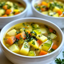 - 1 tablespoon olive oil - 1 medium onion, diced - 2 cloves garlic, minced - 2 carrots, diced - 2 stalks celery, diced - 1 medium potato, peeled and cubed - 1 zucchini, diced - 1 can (14.5 oz) diced tomatoes, with juice - 4 cups vegetable broth - 1 teaspoon dried oregano - 1 teaspoon dried basil - 1/2 teaspoon red pepper flakes (optional) - Salt and pepper to taste - 1 cup frozen green peas - 1 cup cooked quinoa or pasta (optional for added heartiness) - Fresh parsley, chopped for garnish You can swap ingredients based on what you have. If you lack onion, use shallots or leeks. For garlic, garlic powder works too. Don’t have carrots? Try parsnips or bell peppers. You can use any green vegetable instead of zucchini, like green beans. If fresh herbs are missing, dried herbs work well, but use less. If you don't have vegetable broth, chicken broth is fine. Frozen peas can be swapped for corn or beans. This soup is healthy and filling. Each serving has about: - Calories: 150 - Protein: 5g - Fat: 3g - Carbohydrates: 28g - Fiber: 6g - Sugars: 4g The soup is rich in vitamins from the veggies. It’s low in fat and high in fiber, making it a great choice for busy days. The quinoa or pasta adds extra protein, too. You can easily adjust the recipe to fit your dietary needs. {{ingredient_image_1}} To start, gather all your ingredients. You need: - 1 tablespoon olive oil - 1 medium onion, diced - 2 cloves garlic, minced - 2 carrots, diced - 2 stalks celery, diced - 1 medium potato, peeled and cubed - 1 zucchini, diced - 1 can (14.5 oz) diced tomatoes, with juice - 4 cups vegetable broth - 1 teaspoon dried oregano - 1 teaspoon dried basil - 1/2 teaspoon red pepper flakes (optional) - Salt and pepper to taste - 1 cup frozen green peas - 1 cup cooked quinoa or pasta (optional for added heartiness) - Fresh parsley, chopped for garnish Next, chop your veggies. Dice the onion, carrots, celery, potato, and zucchini. Mince the garlic. This step makes cooking faster. Now, heat the olive oil in a large pot over medium heat. Once hot, add the diced onion and garlic. Sauté for about 3 to 4 minutes. You want the onion to become soft and clear. Then, add the carrots and celery. Cook these for another 5 minutes. Stir them often. This helps them soften nicely. Next, toss in the cubed potato and diced zucchini. Mix everything well. Now pour in the diced tomatoes with their juice and the vegetable broth. This is where the magic happens! Sprinkle in the dried oregano, basil, and red pepper flakes, if you like spice. Season with salt and pepper to taste. Bring the soup to a gentle boil. After it boils, reduce the heat to low. Cover the pot and let it simmer for about 20 minutes. You want the veggies to be tender. After 20 minutes, stir in the frozen green peas. If you’re adding quinoa or pasta, do it now. Heat everything for another 5 minutes. If you change any ingredients, adjust the cooking time. For example, if you use sweet potatoes, they may need a few extra minutes. For delicate greens, like spinach, add them at the end. They cook quickly. Always check that your veggies are tender before serving. To make this soup quick, prep your veggies ahead of time. Chop the onion, garlic, carrots, and celery the night before. Store them in the fridge in a sealed bag. This way, you can simply toss them in the pot after a long day. Use frozen vegetables if you're really short on time. They cook fast and still taste great! Flavor comes from the base of your soup. Sauté the onion and garlic until soft. This adds a rich taste. Don’t skip the herbs! Dried oregano and basil bring warmth and depth. If you like spice, add red pepper flakes. Always taste and adjust the seasoning at the end. A little salt can brighten all the flavors. Serve the soup hot with crusty bread or a fresh salad. You can also top it with fresh parsley for color and taste. For added heartiness, mix in cooked quinoa or pasta. This makes the meal more filling. Pair it with a light white wine for a nice touch or a refreshing iced tea. Enjoy your simple, tasty meal! Pro Tips Prep Your Veggies Ahead: Chop your vegetables in advance and store them in the refrigerator. This will save you time on busy days and make it easier to whip up your soup quickly. Add Flavor with Herbs: Fresh herbs can elevate the flavor of your soup. If you have any on hand, like thyme or rosemary, add them during the last few minutes of cooking for a burst of freshness. Customize with Protein: For a heartier soup, consider adding cooked beans, lentils, or shredded chicken. This will not only add protein but also make the soup more filling. Make it Your Own: Feel free to switch up the vegetables based on what you have at home. This recipe is versatile, so use seasonal or leftover veggies to minimize waste. {{image_2}} You can make this soup heartier by adding protein. Try adding cooked chicken or turkey. You could also use sausage for a spicy kick. If you prefer plant-based options, add cooked lentils or chickpeas. These choices boost protein while keeping the soup tasty. This soup is great for everyone. If you want a vegetarian dish, stick with the veggie broth. For meat lovers, use chicken broth and add meat. Both options keep the soup flavorful and satisfying. You can easily switch based on your mood or diet. Feel free to swap in seasonal veggies. In spring, add fresh asparagus or peas. In summer, use ripe tomatoes and corn. Fall is perfect for squash or sweet potatoes. Winter calls for hearty greens like kale or spinach. These swaps keep your soup fresh and exciting all year long. To store your Easy One-Pot Busy Day Soup, let it cool first. Then, use an airtight container. This helps keep the soup fresh. You can keep it in the fridge for up to three days. If you want to enjoy it later, freezing is a great option. For freezing, allow the soup to cool completely. Portion it into freezer-safe bags or containers. Make sure to leave space at the top for expansion. Label each bag with the date. You can freeze the soup for up to three months. When you’re ready to eat, just thaw it overnight in the fridge. To reheat, pour the soup into a pot. Heat it on low to medium heat. Stir often to ensure it warms evenly. If the soup seems thick, add a splash of broth or water. You can also microwave it in a bowl. Cover it loosely to avoid spills. Heat it in 30-second intervals, stirring in between. Enjoy your soup with fresh parsley on top for added flavor! Yes, you can make this soup ahead of time. Store it in the fridge for up to three days. This soup tastes even better after the flavors blend overnight. If you want to freeze it, use an airtight container. It will keep well for about three months. Just remember to leave some space in the container for expansion. If you don’t have vegetable broth, you can use water. You can add extra spices for more flavor. Chicken broth is a good choice for non-vegetarians. You could also use mushroom broth for a rich taste. Keep in mind that this will change the soup's flavor slightly. Yes, you can make this soup in a slow cooker. Just add all the ingredients to the pot. Set it on low for 6 to 8 hours. This method allows flavors to develop nicely. If you are short on time, you can set it to high for 3 to 4 hours. Stir in the peas and any pasta or quinoa near the end of cooking. This blog post covered the key ingredients and steps for making a delicious soup. We explored ingredient lists, cooking tips, and how to customize your dish. We also shared useful storage advice and answered common questions. Remember, making adjustments lets you create a soup that fits your taste. Enjoy experimenting with flavors and ingredients to make this recipe your own! Cooking should be fun and satisfying, so dive in and savor every bowl.