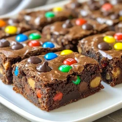 To make Monster Cookie Brownies, you need simple ingredients. Here is the list: - 1 cup unsalted butter, melted - 2 cups granulated sugar - 4 large eggs - 2 teaspoons vanilla extract - 1 cup all-purpose flour - 1 cup cocoa powder - 1 teaspoon baking powder - 1/2 teaspoon salt - 1 cup semi-sweet chocolate chips - 1 cup peanut butter chips - 1 cup M&M candies - 1 cup quick oats Each ingredient plays a key role in the flavor and texture. The unsalted butter gives a rich base. Granulated sugar adds sweetness and helps with texture. The eggs bring moisture and help bind everything together. Vanilla extract gives a warm, fragrant note. Next, we mix the dry ingredients. All-purpose flour and cocoa powder form the brownie base. Baking powder adds a little lift, while salt enhances the sweet flavors. The chocolate chips and peanut butter chips add bursts of flavor. M&M candies bring color and a fun crunch. Finally, quick oats provide a chewy texture. With these ingredients, you can create a treat that is both delicious and exciting! {{ingredient_image_1}} 1. Preheat your oven to 350°F (175°C). Grease a 9x13 inch baking pan or line it with parchment paper. This helps with easy removal later. 2. In a large bowl, mix the melted butter with the granulated sugar until it is smooth. This should take just a minute or two. 3. Add the eggs one at a time. Mix well after each egg. Then, pour in the vanilla extract and stir. 4. In another bowl, whisk together the flour, cocoa powder, baking powder, and salt. Gradually add this dry mix to the wet ingredients. Stir until just combined. 5. Now it's time to fold in the fun! Add the chocolate chips, peanut butter chips, M&M candies, and quick oats. Make sure they are evenly mixed throughout the batter. 6. Pour the brownie batter into your prepared pan. Use a spatula to spread it out evenly. This ensures every piece bakes the same. 7. Place the pan in the oven and bake for 25 to 30 minutes. To check if they’re done, insert a toothpick into the center. It should come out with a few moist crumbs, not wet batter. 8. Once baked, let the brownies cool in the pan for at least 20 minutes. This helps them set up nicely. 9. Cut the brownies into squares for serving. They are great warm or at room temperature. For a fun touch, serve them on a colorful platter and sprinkle extra M&M candies on top. To make moist brownies, use melted butter. It adds richness and flavor. Be sure not to overmix the batter. This keeps the brownies soft. When baking, check for doneness with a toothpick. The toothpick should come out with a few moist crumbs, not wet batter. This means your brownies are ready to enjoy. For even baking, spread the batter smoothly in the pan. Use a spatula to level it out. Make sure your oven is preheated to 350°F (175°C). This step helps every batch bake evenly. Rotate the pan halfway through baking, if needed. This gives you the best results. For serving, cut the brownies into squares. Place them on a colorful platter for a fun look. You can sprinkle extra M&M candies on top. This adds color and a playful touch. For garnishing, consider a light dusting of powdered sugar. It gives a nice contrast to the rich brownies. You can also serve them with a scoop of vanilla ice cream. This adds creaminess and balance to each bite. Enjoy these fun ideas to make your Monster Cookie Brownies shine! Pro Tips Use Room Temperature Ingredients: Allow your eggs and butter to come to room temperature before mixing. This helps create a smoother batter and ensures even baking. Don’t Overmix: Once you add the dry ingredients to the wet mixture, mix just until combined. Overmixing can lead to tough brownies. Check for Doneness: Bake until a toothpick inserted in the center comes out with a few moist crumbs. This ensures your brownies are fudgy and not overbaked. Cool Before Cutting: Allow the brownies to cool in the pan for at least 20 minutes before cutting. This helps them set and makes for cleaner slices. {{image_2}} You can change the chips in your Monster Cookie Brownies. Try using white chocolate chips or butterscotch chips instead of semi-sweet chocolate chips. This swap adds new flavors and fun twists. If you want a nutty taste, add chopped nuts like walnuts or pecans. For a gluten-free option, use a gluten-free flour blend. Check the label to make sure it works well for baking. Your brownies will still be rich and delicious, just without the gluten. Let’s talk about flavor additions. You can make nutty variations by adding peanut butter or almond butter to the batter. This will boost the creaminess and flavor. You can also add a pinch of cinnamon for a warm taste. Consider seasonal variations too. For fall, add pumpkin spice or chopped apples. For winter holidays, use peppermint extract or festive sprinkles. These small changes can make your brownies fit any occasion! To keep your Monster Cookie Brownies fresh, store them at room temperature. Place them in an airtight container. This helps maintain their soft texture and rich flavor. You can also cover them with plastic wrap. They will stay fresh for about 3 to 5 days this way. If you want to enjoy that gooey goodness, just remember to keep them out of direct sunlight. If you want to store your brownies for a longer time, freezing is a great option. Cut the brownies into squares first. Wrap each piece in plastic wrap. Then, place them in a freezer-safe bag or container. They can last in the freezer for up to three months. When you’re ready to eat them, take the brownies out of the freezer. Let them thaw at room temperature for about 30 minutes. If you want them warm, you can reheat them. Just pop them in the microwave for about 10 to 15 seconds. Enjoy the melted chocolate goodness again! How do I know when my brownies are done? You can check your brownies by using a toothpick. Insert it into the center. If it comes out with a few moist crumbs, they are ready. If you see wet batter, they need more time. Bake them for 25 to 30 minutes. Can I make these brownies without eggs? Yes, you can. Use a substitute like applesauce or mashed banana. These will help keep the brownies moist. Use 1/4 cup of applesauce for each egg. This will change the taste a bit but still keep them yummy. What is the difference between brownie and cookie texture? Brownies are dense and chewy. They have a fudgy feel. Cookies are lighter and crispier. Cookies spread more in the oven. Brownies stay thick and soft. This gives brownies their rich, deep taste. How do I store leftovers? Store your brownies in an airtight container. Keep them at room temperature for up to four days. If you want to keep them longer, freeze them. Wrap them tightly in plastic wrap, then in foil. They can last for three months in the freezer. You can create delicious brownies using simple ingredients and straightforward steps. We covered the key ingredients like butter, sugar, and chocolate. Then, I shared how to mix and bake for perfect results. Don’t forget my tips for moistness and fun variations. Store them right to enjoy later. These brownies can be a great treat or dessert for any occasion. I hope you feel inspired to bake your own tasty batch! Enjoy every bite and share with friends!