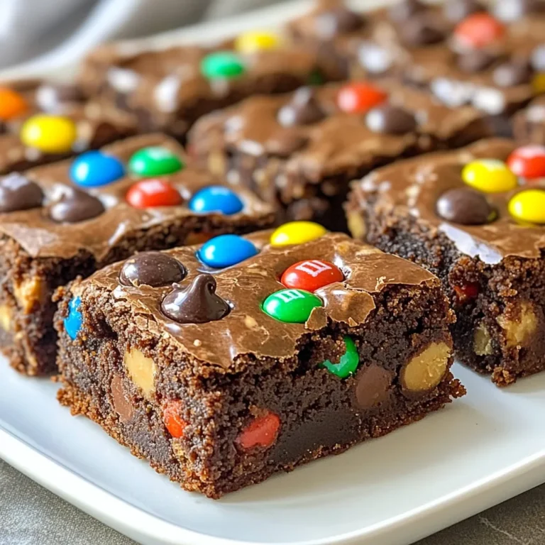 To make Monster Cookie Brownies, you need simple ingredients. Here is the list: - 1 cup unsalted butter, melted - 2 cups granulated sugar - 4 large eggs - 2 teaspoons vanilla extract - 1 cup all-purpose flour - 1 cup cocoa powder - 1 teaspoon baking powder - 1/2 teaspoon salt - 1 cup semi-sweet chocolate chips - 1 cup peanut butter chips - 1 cup M&M candies - 1 cup quick oats Each ingredient plays a key role in the flavor and texture. The unsalted butter gives a rich base. Granulated sugar adds sweetness and helps with texture. The eggs bring moisture and help bind everything together. Vanilla extract gives a warm, fragrant note. Next, we mix the dry ingredients. All-purpose flour and cocoa powder form the brownie base. Baking powder adds a little lift, while salt enhances the sweet flavors. The chocolate chips and peanut butter chips add bursts of flavor. M&M candies bring color and a fun crunch. Finally, quick oats provide a chewy texture. With these ingredients, you can create a treat that is both delicious and exciting! {{ingredient_image_1}} 1. Preheat your oven to 350°F (175°C). Grease a 9x13 inch baking pan or line it with parchment paper. This helps with easy removal later. 2. In a large bowl, mix the melted butter with the granulated sugar until it is smooth. This should take just a minute or two. 3. Add the eggs one at a time. Mix well after each egg. Then, pour in the vanilla extract and stir. 4. In another bowl, whisk together the flour, cocoa powder, baking powder, and salt. Gradually add this dry mix to the wet ingredients. Stir until just combined. 5. Now it's time to fold in the fun! Add the chocolate chips, peanut butter chips, M&M candies, and quick oats. Make sure they are evenly mixed throughout the batter. 6. Pour the brownie batter into your prepared pan. Use a spatula to spread it out evenly. This ensures every piece bakes the same. 7. Place the pan in the oven and bake for 25 to 30 minutes. To check if they’re done, insert a toothpick into the center. It should come out with a few moist crumbs, not wet batter. 8. Once baked, let the brownies cool in the pan for at least 20 minutes. This helps them set up nicely. 9. Cut the brownies into squares for serving. They are great warm or at room temperature. For a fun touch, serve them on a colorful platter and sprinkle extra M&M candies on top. To make moist brownies, use melted butter. It adds richness and flavor. Be sure not to overmix the batter. This keeps the brownies soft. When baking, check for doneness with a toothpick. The toothpick should come out with a few moist crumbs, not wet batter. This means your brownies are ready to enjoy. For even baking, spread the batter smoothly in the pan. Use a spatula to level it out. Make sure your oven is preheated to 350°F (175°C). This step helps every batch bake evenly. Rotate the pan halfway through baking, if needed. This gives you the best results. For serving, cut the brownies into squares. Place them on a colorful platter for a fun look. You can sprinkle extra M&M candies on top. This adds color and a playful touch. For garnishing, consider a light dusting of powdered sugar. It gives a nice contrast to the rich brownies. You can also serve them with a scoop of vanilla ice cream. This adds creaminess and balance to each bite. Enjoy these fun ideas to make your Monster Cookie Brownies shine! Pro Tips Use Room Temperature Ingredients: Allow your eggs and butter to come to room temperature before mixing. This helps create a smoother batter and ensures even baking. Don’t Overmix: Once you add the dry ingredients to the wet mixture, mix just until combined. Overmixing can lead to tough brownies. Check for Doneness: Bake until a toothpick inserted in the center comes out with a few moist crumbs. This ensures your brownies are fudgy and not overbaked. Cool Before Cutting: Allow the brownies to cool in the pan for at least 20 minutes before cutting. This helps them set and makes for cleaner slices. {{image_2}} You can change the chips in your Monster Cookie Brownies. Try using white chocolate chips or butterscotch chips instead of semi-sweet chocolate chips. This swap adds new flavors and fun twists. If you want a nutty taste, add chopped nuts like walnuts or pecans. For a gluten-free option, use a gluten-free flour blend. Check the label to make sure it works well for baking. Your brownies will still be rich and delicious, just without the gluten. Let’s talk about flavor additions. You can make nutty variations by adding peanut butter or almond butter to the batter. This will boost the creaminess and flavor. You can also add a pinch of cinnamon for a warm taste. Consider seasonal variations too. For fall, add pumpkin spice or chopped apples. For winter holidays, use peppermint extract or festive sprinkles. These small changes can make your brownies fit any occasion! To keep your Monster Cookie Brownies fresh, store them at room temperature. Place them in an airtight container. This helps maintain their soft texture and rich flavor. You can also cover them with plastic wrap. They will stay fresh for about 3 to 5 days this way. If you want to enjoy that gooey goodness, just remember to keep them out of direct sunlight. If you want to store your brownies for a longer time, freezing is a great option. Cut the brownies into squares first. Wrap each piece in plastic wrap. Then, place them in a freezer-safe bag or container. They can last in the freezer for up to three months. When you’re ready to eat them, take the brownies out of the freezer. Let them thaw at room temperature for about 30 minutes. If you want them warm, you can reheat them. Just pop them in the microwave for about 10 to 15 seconds. Enjoy the melted chocolate goodness again! How do I know when my brownies are done? You can check your brownies by using a toothpick. Insert it into the center. If it comes out with a few moist crumbs, they are ready. If you see wet batter, they need more time. Bake them for 25 to 30 minutes. Can I make these brownies without eggs? Yes, you can. Use a substitute like applesauce or mashed banana. These will help keep the brownies moist. Use 1/4 cup of applesauce for each egg. This will change the taste a bit but still keep them yummy. What is the difference between brownie and cookie texture? Brownies are dense and chewy. They have a fudgy feel. Cookies are lighter and crispier. Cookies spread more in the oven. Brownies stay thick and soft. This gives brownies their rich, deep taste. How do I store leftovers? Store your brownies in an airtight container. Keep them at room temperature for up to four days. If you want to keep them longer, freeze them. Wrap them tightly in plastic wrap, then in foil. They can last for three months in the freezer. You can create delicious brownies using simple ingredients and straightforward steps. We covered the key ingredients like butter, sugar, and chocolate. Then, I shared how to mix and bake for perfect results. Don’t forget my tips for moistness and fun variations. Store them right to enjoy later. These brownies can be a great treat or dessert for any occasion. I hope you feel inspired to bake your own tasty batch! Enjoy every bite and share with friends!
