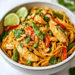 To make Thai Peanut Chicken Noodles, gather these fresh and simple ingredients: - 8 oz rice noodles - 1 lb chicken breast, thinly sliced - 2 tablespoons sesame oil - 1 red bell pepper, julienned - 1 cup sugar snap peas, trimmed - 3 green onions, chopped - 1/4 cup chopped fresh cilantro - 1/2 cup unsalted peanut butter - 1/4 cup soy sauce - 2 tablespoons honey - 2 tablespoons rice vinegar - 1 tablespoon fresh ginger, grated - 2 cloves garlic, minced - Crushed peanuts and lime wedges for garnish Each ingredient plays a role in making this dish vibrant and delicious. The rice noodles provide a soft base. The chicken adds protein and heartiness. Fresh vegetables like red bell peppers and sugar snap peas bring crunch and color. The sauce combines peanut butter, soy sauce, honey, rice vinegar, ginger, and garlic for a rich flavor. Finally, the garnishes of crushed peanuts and lime wedges elevate the dish, adding texture and tang. Gathering these ingredients sets the stage for a meal that delights the senses. Each bite bursts with flavor and texture, making the effort well worth it. {{ingredient_image_1}} Start by filling a large pot with water. Bring the water to a boil. Add 8 oz of rice noodles. Cook them according to the package instructions until they are al dente. This should take about 4 to 6 minutes. Once they are done, drain the noodles and set them aside. In a mixing bowl, combine 1/2 cup of unsalted peanut butter, 1/4 cup of soy sauce, and 2 tablespoons of honey. Add 2 tablespoons of rice vinegar, 1 tablespoon of fresh ginger, and 2 cloves of minced garlic. Whisk the mixture well until it is smooth. If the sauce looks too thick, add a bit of warm water to loosen it. Next, heat 2 tablespoons of sesame oil in a large skillet over medium-high heat. Add 1 lb of thinly sliced chicken breast to the skillet. Cook the chicken for 5 to 7 minutes, stirring often. Make sure the chicken is no longer pink inside and is nicely browned. Once the chicken is cooked, toss in 1 red bell pepper, julienned, and 1 cup of trimmed sugar snap peas. Stir-fry the veggies with the chicken for about 3 to 4 minutes. They should be tender but still have a nice crunch. Now, add the drained rice noodles to the skillet. Pour the peanut sauce over the noodles and chicken. Toss everything together so the noodles are well coated in the sauce. Heat it all through for about 2 to 3 minutes. Remove the skillet from heat. Stir in 3 chopped green onions and 1/4 cup of chopped fresh cilantro. Toss lightly to combine. Serve the Thai Peanut Chicken Noodles in bowls. Top with crushed peanuts and lime wedges for extra flavor. Enjoy your meal! To cook rice noodles just right, follow these steps: - Boil water in a large pot. - Add the noodles only when the water bubbles. - Cook for the time on the package, usually 5 to 7 minutes. - Test the noodles to see if they are al dente, or firm to the bite. - Drain them in a colander and rinse with cold water. This stops the cooking and keeps them from sticking. The sauce is the heart of this dish. Here’s how to make it yours: - Want it sweeter? Add more honey. - Craving spice? Mix in sriracha or red pepper flakes. - For a tangy twist, squeeze in lime juice. - If the sauce is too thick, add warm water a bit at a time until it’s smooth. - Always taste as you go to find your perfect balance. You can swap ingredients based on what you have: - No chicken? Use tofu or shrimp for protein. - Swap rice noodles for whole wheat or egg noodles. - If you don’t have sesame oil, try olive oil instead. - Missing cilantro? Fresh basil or parsley works well too. - Be creative! This recipe is flexible and fun to make. Pro Tips Use Fresh Ingredients: Fresh vegetables and herbs will elevate the flavor of your Thai Peanut Chicken Noodles. Opt for crisp snap peas and vibrant bell peppers for the best results. Adjust the Sauce Consistency: The peanut sauce should be creamy but not too thick. If needed, add a splash of warm water to achieve the desired texture without losing flavor. Cook Chicken Perfectly: Ensure your chicken is cooked through but not overcooked by slicing it thinly. This helps it cook evenly and stay tender during stir-frying. Garnish for Flavor: Don't skip the crushed peanuts and lime wedges! They add a delightful crunch and zesty finish that enhances the overall dish. {{image_2}} You can easily make this dish vegetarian or vegan. Just swap the chicken for tofu. Use firm tofu and press it to remove extra water. Cut it into cubes and sauté until golden. For a vegan sauce, stick with peanut butter and soy sauce. You might want to add some maple syrup instead of honey. This keeps the flavors rich and sweet. If you like heat, add chili flakes or Sriracha. Start with a small amount. Taste the dish and add more if needed. For a mild version, leave out the heat altogether. You can also use sweet chili sauce for a different flavor twist. You can use shrimp instead of chicken. Cook the shrimp until they turn pink and opaque. This usually takes about 3-4 minutes. You can also use tempeh for a hearty option. Just slice it thin and sauté it like the chicken. Each protein choice brings a different taste and texture to the dish. Enjoy mixing it up! To store your Thai Peanut Chicken Noodles, let them cool to room temperature. Place the noodles in an airtight container. They can stay fresh in the fridge for up to three days. If you want them to last longer, consider freezing them. When you're ready to eat leftovers, reheat them in a skillet over medium heat. Add a splash of water or broth to help steam the noodles. Stir frequently until heated through. You can also use a microwave. Just heat in 30-second bursts, stirring in between. To freeze Thai Peanut Chicken Noodles, pack them in a freezer-safe container. Make sure to leave some space for expansion. They can be frozen for up to three months. Thaw in the fridge overnight before reheating. This helps keep the texture nice. You can use other noodles like spaghetti or udon. Zucchini noodles are a fun swap too. They add crunch and keep it low-carb. Always cook them until they are tender, just like rice noodles. Yes, you can! Make the peanut sauce and cook the chicken and veggies ahead. Store them in the fridge. When ready to eat, just cook the noodles fresh and mix everything. It saves time on busy days. Add a bit more peanut butter for thickness. You can also mix in a cornstarch slurry. Just mix cornstarch with water, then stir it into the sauce over heat until thickened. A simple cucumber salad is a great side. It adds freshness and crunch. You can also serve it with spring rolls for a tasty pairing. Both sides balance the rich flavors nicely. Yes, this recipe is kid-friendly! The flavors are mild and sweet. Kids love the creamy peanut sauce. You can adjust the spice level by skipping any hot ingredients. You now have all you need to make delicious Thai Peanut Chicken Noodles. We covered the key ingredients, step-by-step cooking instructions, and tips for perfecting your dish. Feel free to customize the sauce and try different proteins for variety. Don’t forget to store your leftovers properly for future meals. This dish can please everyone, even kids! Enjoy making this tasty meal again and again.