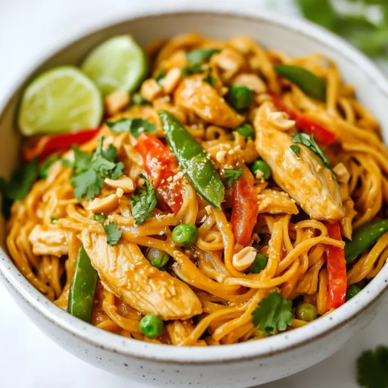 To make Thai Peanut Chicken Noodles, gather these fresh and simple ingredients: - 8 oz rice noodles - 1 lb chicken breast, thinly sliced - 2 tablespoons sesame oil - 1 red bell pepper, julienned - 1 cup sugar snap peas, trimmed - 3 green onions, chopped - 1/4 cup chopped fresh cilantro - 1/2 cup unsalted peanut butter - 1/4 cup soy sauce - 2 tablespoons honey - 2 tablespoons rice vinegar - 1 tablespoon fresh ginger, grated - 2 cloves garlic, minced - Crushed peanuts and lime wedges for garnish Each ingredient plays a role in making this dish vibrant and delicious. The rice noodles provide a soft base. The chicken adds protein and heartiness. Fresh vegetables like red bell peppers and sugar snap peas bring crunch and color. The sauce combines peanut butter, soy sauce, honey, rice vinegar, ginger, and garlic for a rich flavor. Finally, the garnishes of crushed peanuts and lime wedges elevate the dish, adding texture and tang. Gathering these ingredients sets the stage for a meal that delights the senses. Each bite bursts with flavor and texture, making the effort well worth it. {{ingredient_image_1}} Start by filling a large pot with water. Bring the water to a boil. Add 8 oz of rice noodles. Cook them according to the package instructions until they are al dente. This should take about 4 to 6 minutes. Once they are done, drain the noodles and set them aside. In a mixing bowl, combine 1/2 cup of unsalted peanut butter, 1/4 cup of soy sauce, and 2 tablespoons of honey. Add 2 tablespoons of rice vinegar, 1 tablespoon of fresh ginger, and 2 cloves of minced garlic. Whisk the mixture well until it is smooth. If the sauce looks too thick, add a bit of warm water to loosen it. Next, heat 2 tablespoons of sesame oil in a large skillet over medium-high heat. Add 1 lb of thinly sliced chicken breast to the skillet. Cook the chicken for 5 to 7 minutes, stirring often. Make sure the chicken is no longer pink inside and is nicely browned. Once the chicken is cooked, toss in 1 red bell pepper, julienned, and 1 cup of trimmed sugar snap peas. Stir-fry the veggies with the chicken for about 3 to 4 minutes. They should be tender but still have a nice crunch. Now, add the drained rice noodles to the skillet. Pour the peanut sauce over the noodles and chicken. Toss everything together so the noodles are well coated in the sauce. Heat it all through for about 2 to 3 minutes. Remove the skillet from heat. Stir in 3 chopped green onions and 1/4 cup of chopped fresh cilantro. Toss lightly to combine. Serve the Thai Peanut Chicken Noodles in bowls. Top with crushed peanuts and lime wedges for extra flavor. Enjoy your meal! To cook rice noodles just right, follow these steps: - Boil water in a large pot. - Add the noodles only when the water bubbles. - Cook for the time on the package, usually 5 to 7 minutes. - Test the noodles to see if they are al dente, or firm to the bite. - Drain them in a colander and rinse with cold water. This stops the cooking and keeps them from sticking. The sauce is the heart of this dish. Here’s how to make it yours: - Want it sweeter? Add more honey. - Craving spice? Mix in sriracha or red pepper flakes. - For a tangy twist, squeeze in lime juice. - If the sauce is too thick, add warm water a bit at a time until it’s smooth. - Always taste as you go to find your perfect balance. You can swap ingredients based on what you have: - No chicken? Use tofu or shrimp for protein. - Swap rice noodles for whole wheat or egg noodles. - If you don’t have sesame oil, try olive oil instead. - Missing cilantro? Fresh basil or parsley works well too. - Be creative! This recipe is flexible and fun to make. Pro Tips Use Fresh Ingredients: Fresh vegetables and herbs will elevate the flavor of your Thai Peanut Chicken Noodles. Opt for crisp snap peas and vibrant bell peppers for the best results. Adjust the Sauce Consistency: The peanut sauce should be creamy but not too thick. If needed, add a splash of warm water to achieve the desired texture without losing flavor. Cook Chicken Perfectly: Ensure your chicken is cooked through but not overcooked by slicing it thinly. This helps it cook evenly and stay tender during stir-frying. Garnish for Flavor: Don't skip the crushed peanuts and lime wedges! They add a delightful crunch and zesty finish that enhances the overall dish. {{image_2}} You can easily make this dish vegetarian or vegan. Just swap the chicken for tofu. Use firm tofu and press it to remove extra water. Cut it into cubes and sauté until golden. For a vegan sauce, stick with peanut butter and soy sauce. You might want to add some maple syrup instead of honey. This keeps the flavors rich and sweet. If you like heat, add chili flakes or Sriracha. Start with a small amount. Taste the dish and add more if needed. For a mild version, leave out the heat altogether. You can also use sweet chili sauce for a different flavor twist. You can use shrimp instead of chicken. Cook the shrimp until they turn pink and opaque. This usually takes about 3-4 minutes. You can also use tempeh for a hearty option. Just slice it thin and sauté it like the chicken. Each protein choice brings a different taste and texture to the dish. Enjoy mixing it up! To store your Thai Peanut Chicken Noodles, let them cool to room temperature. Place the noodles in an airtight container. They can stay fresh in the fridge for up to three days. If you want them to last longer, consider freezing them. When you're ready to eat leftovers, reheat them in a skillet over medium heat. Add a splash of water or broth to help steam the noodles. Stir frequently until heated through. You can also use a microwave. Just heat in 30-second bursts, stirring in between. To freeze Thai Peanut Chicken Noodles, pack them in a freezer-safe container. Make sure to leave some space for expansion. They can be frozen for up to three months. Thaw in the fridge overnight before reheating. This helps keep the texture nice. You can use other noodles like spaghetti or udon. Zucchini noodles are a fun swap too. They add crunch and keep it low-carb. Always cook them until they are tender, just like rice noodles. Yes, you can! Make the peanut sauce and cook the chicken and veggies ahead. Store them in the fridge. When ready to eat, just cook the noodles fresh and mix everything. It saves time on busy days. Add a bit more peanut butter for thickness. You can also mix in a cornstarch slurry. Just mix cornstarch with water, then stir it into the sauce over heat until thickened. A simple cucumber salad is a great side. It adds freshness and crunch. You can also serve it with spring rolls for a tasty pairing. Both sides balance the rich flavors nicely. Yes, this recipe is kid-friendly! The flavors are mild and sweet. Kids love the creamy peanut sauce. You can adjust the spice level by skipping any hot ingredients. You now have all you need to make delicious Thai Peanut Chicken Noodles. We covered the key ingredients, step-by-step cooking instructions, and tips for perfecting your dish. Feel free to customize the sauce and try different proteins for variety. Don’t forget to store your leftovers properly for future meals. This dish can please everyone, even kids! Enjoy making this tasty meal again and again.