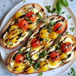 To make Caprese Garlic Bread, you need a few simple ingredients. Each one brings great flavor. Here’s what you will need: - 1 loaf of crusty Italian bread - 4 cloves garlic, minced - 1/2 cup unsalted butter, softened - 1 cup cherry tomatoes, halved - 1 cup fresh mozzarella balls, halved - 1/4 cup fresh basil leaves, chopped - 2 tablespoons balsamic glaze - Salt and black pepper to taste This list covers the basics. The crusty Italian bread gives a strong base. Garlic and butter add rich flavor to the bread. The Caprese ingredients, like tomatoes and mozzarella, create a fresh topping. Finally, seasoning and glaze tie everything together. Make sure to use fresh ingredients for the best taste. Fresh basil brightens the dish. Juicy cherry tomatoes add sweetness. Soft mozzarella gives a creamy texture. Each component works together to create a delightful flavor experience. {{ingredient_image_1}} Preheating the Oven First, set your oven to 375°F (190°C). This step warms the oven for perfect bread. A hot oven helps create a crispy crust. Making the Garlic Butter Next, take a small bowl. Add 1/2 cup of softened unsalted butter and 4 minced garlic cloves. Mix them well. Set this garlic butter aside. It adds great flavor to the bread. Slicing the Bread Grab a loaf of crusty Italian bread. Slice it in half lengthwise. This creates two long pieces. Make sure the cuts are even for better toasting. Spreading Garlic Butter Now, take your garlic butter. Spread it evenly on both halves of the bread. Cover the surface well. This butter will seep into the bread, adding a rich taste. Toasting the Bread Place the bread on a baking sheet. Toast it in the preheated oven for about 10 to 12 minutes. Look for golden, crispy edges. The bread should feel warm and fragrant. Adding the Caprese Topping While the bread toasts, mix the toppings. In a bowl, combine 1 cup of halved cherry tomatoes, 1 cup of halved mozzarella balls, and 1/4 cup of chopped fresh basil. Add salt and pepper to taste. Stir gently to mix. Final Baking Once the bread is toasted, take it out of the oven. Let it cool slightly. Spoon the tomato and mozzarella mix evenly over the bread. Drizzle balsamic glaze on top. Return the loaded bread to the oven for another 5 minutes. This warms everything through. Take it out, slice, and enjoy your tasty Caprese garlic bread! To make sure your garlic bread cooks evenly, always slice it in half lengthwise. This gives both sides a chance to crisp up nicely. Spread the garlic butter evenly on both halves. This way, no area gets too much or too little flavor. Keep an eye on it while it bakes. You want those edges golden, not burnt. Use a crusty Italian bread for the best taste and texture. It holds up well under the toppings. A softer bread will get mushy, which you want to avoid. Look for a bread with a nice crust. This will give you that satisfying crunch when you bite in. Caprese garlic bread pairs well with fresh salads or soups. A light tomato basil soup complements the flavors perfectly. You can also serve it with a glass of crisp white wine. This adds a nice touch to any meal. Serve this dish at casual gatherings or family dinners. It’s perfect for game nights or summer barbecues. It’s also great as an appetizer for holiday meals. Your guests will love the fresh flavors and warm bread. Pro Tips Choose the Right Bread: A crusty Italian bread works best for this recipe as it holds up well to the toppings and provides a delightful crunch. Perfect Garlic Butter: Ensure your butter is softened to room temperature for easy spreading. Mixing in the garlic thoroughly enhances the flavor throughout the bread. Fresh Ingredients Matter: Use fresh mozzarella and ripe cherry tomatoes for the best taste and texture. This will elevate your Caprese Garlic Bread significantly. Don’t Skip the Balsamic Glaze: A drizzle of balsamic glaze adds a sweet and tangy finish that complements the garlic and mozzarella beautifully. Use it generously! {{image_2}} Different Types of Cheese You can swap mozzarella for other cheeses. Try burrata for a creamier texture. Feta adds a tangy twist, while goat cheese gives a rich flavor. Each choice changes the taste but keeps it delicious. Alternative Balsamic Options If you don't have balsamic glaze, you can use balsamic vinegar. Just drizzle it lightly. You can also mix balsamic vinegar with honey for a sweeter taste. This gives you a nice balance of flavor. Adding Spices or Herbs For a kick, add red pepper flakes to the tomato mix. This step gives a spicy touch. You can also sprinkle garlic powder in the butter for more garlic flavor. Fresh oregano or thyme also brightens the dish nicely. Incorporating Other Vegetables Feel free to add other veggies. Sliced bell peppers or spinach work well. Grilled zucchini adds a smoky taste. Each vegetable brings its own flavor and makes the bread even better. To keep your Caprese garlic bread fresh, wrap it well. Use plastic wrap or foil. This method locks in moisture and flavor. Store the wrapped bread in the fridge. It stays good for about three days. If you want to keep it longer, freeze it. Wrap it tightly and place it in a freezer bag. Frozen bread lasts up to three months. To enjoy your garlic bread again, reheat it in the oven. Preheat your oven to 350°F (175°C). Place the bread on a baking sheet. Cover it with foil to keep moisture in. Heat for about 10-15 minutes. This way, it warms up without getting dry. To avoid soggy bread, don’t use the microwave. Microwaving makes the bread chewy and soft. Instead, the oven gives you that crispy crust we all love. Enjoy your delicious Caprese garlic bread, even days later! How do you keep garlic bread from getting soggy? To keep garlic bread crisp, use dry bread. Toast it well before adding toppings. Also, don’t add too much moisture from ingredients. Ensure your tomatoes are drained. This keeps the bread dry and crunchy. Can you make Caprese Garlic Bread ahead of time? Yes, you can prep it ahead. Make the garlic butter and chop the toppings. Store them separately in the fridge. Just assemble the bread when you're ready to bake. This saves time and keeps it fresh. Can I use dried herbs instead of fresh? Yes, you can use dried herbs. However, fresh herbs offer more flavor. If you use dried, use less. A teaspoon of dried basil is good for one tablespoon of fresh. What type of balsamic glaze is best for this recipe? A thick balsamic glaze works best. Look for a glaze that is sweet and rich. This adds depth to your Caprese Garlic Bread. You can find it in most grocery stores. This blog post shared how to make Caprese Garlic Bread. We covered the key ingredients like crusty Italian bread, garlic, and toppings. I provided step-by-step instructions to help you prepare, assemble, and bake the bread perfectly. We also discussed useful tips and tasty variations to enhance your dish. Remember, serving it fresh is best, and don't forget to store leftovers properly. With these insights, you can enjoy Caprese Garlic Bread at any occasion. Happy cooking!