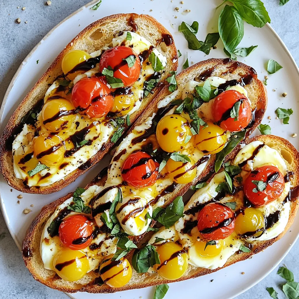 To make Caprese Garlic Bread, you need a few simple ingredients. Each one brings great flavor. Here’s what you will need: - 1 loaf of crusty Italian bread - 4 cloves garlic, minced - 1/2 cup unsalted butter, softened - 1 cup cherry tomatoes, halved - 1 cup fresh mozzarella balls, halved - 1/4 cup fresh basil leaves, chopped - 2 tablespoons balsamic glaze - Salt and black pepper to taste This list covers the basics. The crusty Italian bread gives a strong base. Garlic and butter add rich flavor to the bread. The Caprese ingredients, like tomatoes and mozzarella, create a fresh topping. Finally, seasoning and glaze tie everything together. Make sure to use fresh ingredients for the best taste. Fresh basil brightens the dish. Juicy cherry tomatoes add sweetness. Soft mozzarella gives a creamy texture. Each component works together to create a delightful flavor experience. {{ingredient_image_1}} Preheating the Oven First, set your oven to 375°F (190°C). This step warms the oven for perfect bread. A hot oven helps create a crispy crust. Making the Garlic Butter Next, take a small bowl. Add 1/2 cup of softened unsalted butter and 4 minced garlic cloves. Mix them well. Set this garlic butter aside. It adds great flavor to the bread. Slicing the Bread Grab a loaf of crusty Italian bread. Slice it in half lengthwise. This creates two long pieces. Make sure the cuts are even for better toasting. Spreading Garlic Butter Now, take your garlic butter. Spread it evenly on both halves of the bread. Cover the surface well. This butter will seep into the bread, adding a rich taste. Toasting the Bread Place the bread on a baking sheet. Toast it in the preheated oven for about 10 to 12 minutes. Look for golden, crispy edges. The bread should feel warm and fragrant. Adding the Caprese Topping While the bread toasts, mix the toppings. In a bowl, combine 1 cup of halved cherry tomatoes, 1 cup of halved mozzarella balls, and 1/4 cup of chopped fresh basil. Add salt and pepper to taste. Stir gently to mix. Final Baking Once the bread is toasted, take it out of the oven. Let it cool slightly. Spoon the tomato and mozzarella mix evenly over the bread. Drizzle balsamic glaze on top. Return the loaded bread to the oven for another 5 minutes. This warms everything through. Take it out, slice, and enjoy your tasty Caprese garlic bread! To make sure your garlic bread cooks evenly, always slice it in half lengthwise. This gives both sides a chance to crisp up nicely. Spread the garlic butter evenly on both halves. This way, no area gets too much or too little flavor. Keep an eye on it while it bakes. You want those edges golden, not burnt. Use a crusty Italian bread for the best taste and texture. It holds up well under the toppings. A softer bread will get mushy, which you want to avoid. Look for a bread with a nice crust. This will give you that satisfying crunch when you bite in. Caprese garlic bread pairs well with fresh salads or soups. A light tomato basil soup complements the flavors perfectly. You can also serve it with a glass of crisp white wine. This adds a nice touch to any meal. Serve this dish at casual gatherings or family dinners. It’s perfect for game nights or summer barbecues. It’s also great as an appetizer for holiday meals. Your guests will love the fresh flavors and warm bread. Pro Tips Choose the Right Bread: A crusty Italian bread works best for this recipe as it holds up well to the toppings and provides a delightful crunch. Perfect Garlic Butter: Ensure your butter is softened to room temperature for easy spreading. Mixing in the garlic thoroughly enhances the flavor throughout the bread. Fresh Ingredients Matter: Use fresh mozzarella and ripe cherry tomatoes for the best taste and texture. This will elevate your Caprese Garlic Bread significantly. Don’t Skip the Balsamic Glaze: A drizzle of balsamic glaze adds a sweet and tangy finish that complements the garlic and mozzarella beautifully. Use it generously! {{image_2}} Different Types of Cheese You can swap mozzarella for other cheeses. Try burrata for a creamier texture. Feta adds a tangy twist, while goat cheese gives a rich flavor. Each choice changes the taste but keeps it delicious. Alternative Balsamic Options If you don't have balsamic glaze, you can use balsamic vinegar. Just drizzle it lightly. You can also mix balsamic vinegar with honey for a sweeter taste. This gives you a nice balance of flavor. Adding Spices or Herbs For a kick, add red pepper flakes to the tomato mix. This step gives a spicy touch. You can also sprinkle garlic powder in the butter for more garlic flavor. Fresh oregano or thyme also brightens the dish nicely. Incorporating Other Vegetables Feel free to add other veggies. Sliced bell peppers or spinach work well. Grilled zucchini adds a smoky taste. Each vegetable brings its own flavor and makes the bread even better. To keep your Caprese garlic bread fresh, wrap it well. Use plastic wrap or foil. This method locks in moisture and flavor. Store the wrapped bread in the fridge. It stays good for about three days. If you want to keep it longer, freeze it. Wrap it tightly and place it in a freezer bag. Frozen bread lasts up to three months. To enjoy your garlic bread again, reheat it in the oven. Preheat your oven to 350°F (175°C). Place the bread on a baking sheet. Cover it with foil to keep moisture in. Heat for about 10-15 minutes. This way, it warms up without getting dry. To avoid soggy bread, don’t use the microwave. Microwaving makes the bread chewy and soft. Instead, the oven gives you that crispy crust we all love. Enjoy your delicious Caprese garlic bread, even days later! How do you keep garlic bread from getting soggy? To keep garlic bread crisp, use dry bread. Toast it well before adding toppings. Also, don’t add too much moisture from ingredients. Ensure your tomatoes are drained. This keeps the bread dry and crunchy. Can you make Caprese Garlic Bread ahead of time? Yes, you can prep it ahead. Make the garlic butter and chop the toppings. Store them separately in the fridge. Just assemble the bread when you're ready to bake. This saves time and keeps it fresh. Can I use dried herbs instead of fresh? Yes, you can use dried herbs. However, fresh herbs offer more flavor. If you use dried, use less. A teaspoon of dried basil is good for one tablespoon of fresh. What type of balsamic glaze is best for this recipe? A thick balsamic glaze works best. Look for a glaze that is sweet and rich. This adds depth to your Caprese Garlic Bread. You can find it in most grocery stores. This blog post shared how to make Caprese Garlic Bread. We covered the key ingredients like crusty Italian bread, garlic, and toppings. I provided step-by-step instructions to help you prepare, assemble, and bake the bread perfectly. We also discussed useful tips and tasty variations to enhance your dish. Remember, serving it fresh is best, and don't forget to store leftovers properly. With these insights, you can enjoy Caprese Garlic Bread at any occasion. Happy cooking!
