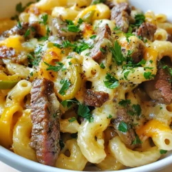 - 8 oz elbow macaroni - 1 cup sliced ribeye steak (or sirloin) - 1 tablespoon olive oil - 1 cup green bell pepper, diced - 1 cup onion, diced - 2 cloves garlic, minced - 1 cup beef broth - 2 cups shredded provolone cheese - 1 cup shredded cheddar cheese - ½ cup cream cheese - 1 teaspoon Worcestershire sauce - Salt and pepper to taste - Fresh parsley, chopped (for garnish) This recipe shines with its star ingredients. The ribeye steak gives a rich flavor. Provolone and cheddar cheeses create a creamy and cheesy texture. Accurate measurements are key. Use dry measuring cups for the macaroni and cheese. A kitchen scale can help weigh the steak and cheeses. Here are some tools you might need: - Large pot for boiling pasta - Large skillet for sautéing - Saucepan for the cheese sauce - Measuring cups and spoons - A spatula for stirring These tools make cooking easier and more enjoyable. Measure carefully, and you'll achieve great results! {{ingredient_image_1}} Start by boiling a large pot of salted water. Add 8 oz of elbow macaroni. Cook it until it's al dente, which takes about 7-8 minutes. Once done, drain the pasta in a colander and set it aside. Make sure not to rinse it. This helps the cheese sauce stick better. In a large skillet, heat 1 tablespoon of olive oil over medium-high heat. Add 1 cup of diced onions and 1 cup of diced green bell peppers. Sauté them for about 4-5 minutes until they soften. Next, add 1 cup of sliced ribeye steak. Cook it until it's browned, which takes about 3-4 minutes. Stir in 2 cloves of minced garlic and cook for an extra minute. Season with salt and pepper to your taste. In a separate saucepan, mix 1 cup of beef broth, ½ cup of cream cheese, 1 teaspoon of Worcestershire sauce, 2 cups of shredded provolone cheese, and 1 cup of shredded cheddar cheese. Heat it over medium heat. Stir continuously to keep the sauce smooth. If you want a different flavor, you can try using mozzarella or gouda cheese instead. Now, add the cooked macaroni to your skillet with the steak and veggies. Pour the cheese sauce over everything and stir well. If you prefer a baked version, transfer the mixture to a greased baking dish. Sprinkle some extra cheese on top. Bake in a preheated oven at 375°F for 10-15 minutes. This gives you a nice golden finish on top. Enjoy your creamy, cheesy comfort food! To avoid lumps in your cheese sauce, start with room temperature cream cheese. This helps it melt evenly. Stir constantly while heating your sauce over medium heat. If you see lumps, keep stirring. A whisk can help break them up. For different flavors, try using gouda or Monterey Jack cheese. These cheeses melt well and add a nice twist. You can also mix in some blue cheese for a stronger taste. Consider adding more seasonings. A pinch of garlic powder or onion powder adds depth. You might also try a dash of smoked paprika for a hint of smoke. Balancing savory and creamy is key. Taste your sauce and adjust as needed. If it’s too rich, add a splash of beef broth. This helps lighten it up without losing flavor. If your sauce is too thick, add a little more beef broth. Stir it in slowly until you reach your desired consistency. When to adjust salt and pepper? Always taste before adding more. If the sauce is bland, a pinch of salt can make it shine. But go easy; you can always add more, but you can’t take it out! Pro Tips Choose the Right Meat: For the best flavor, select high-quality ribeye steak, as it has the perfect balance of marbling and tenderness, enhancing the overall dish. Cook Pasta Al Dente: Make sure to cook the elbow macaroni just until al dente, as it will continue to cook slightly when mixed with the hot cheese sauce. Mix Cheeses for Depth: Combining provolone and cheddar creates a rich, complex flavor profile. Feel free to experiment with other cheeses like gouda or Monterey Jack! Garnish for Freshness: Don’t skip the fresh parsley garnish; it adds a pop of color and a hint of freshness that balances the richness of the dish. {{image_2}} You can make Philly cheesesteak mac and cheese even better. One way is to add vegetables. Try mushrooms for a rich flavor. Jalapeños give a spicy kick. Both options add great taste and texture. You can also swap the meat. Ribeye is classic, but chicken works well, too. Sausage can give a nice twist. Pick your favorite meat to change the dish's flavor. If you want a gluten-free meal, use gluten-free pasta. There are many good brands available. They cook just like regular pasta. You won't miss the gluten. For those avoiding dairy, try vegan cheese. There are tasty alternatives on the market. Look for creamy types that melt well. This way, you can enjoy the same rich taste without the dairy. Pair your dish with side items for a full meal. A fresh salad complements the creamy mac and cheese. Crusty bread is also a great choice. It soaks up the cheese sauce nicely. Add toppings for extra flavor. Crispy onions add a fun crunch. A drizzle of hot sauce can boost the spice level. These simple additions can elevate your dish. To keep your Philly cheesesteak mac and cheese fresh, use airtight containers. Glass or plastic containers work great. Store leftovers in the fridge for up to three days. Make sure it cools down first before sealing. When reheating, I suggest adding a splash of beef broth or milk. This helps keep it moist. You can use the microwave for a quick fix. Heat in short bursts of 30 seconds, stirring in between. If you prefer the oven, preheat it to 350°F (175°C) and bake for about 15-20 minutes. Cover with foil to keep it from drying out. To freeze, let the dish cool completely first. Then, transfer it to a freezer-safe container. Seal tightly to avoid freezer burn. It can last up to three months in the freezer. When you’re ready to eat it, thaw it in the fridge overnight. Reheat using the methods mentioned above to keep the flavor and texture intact. A Philly cheesesteak is a sandwich. It has thin slices of steak, cheese, and onions, all in a hoagie roll. The cheesesteak mac and cheese combines those flavors into a creamy pasta dish. It has macaroni, cheese sauce, steak, and veggies. Both are delicious but serve different purposes. One is a quick meal, while the other is warm comfort food. Yes, you can. This recipe is great for meal prep. You can cook the macaroni and make the cheese sauce ahead. Store them separately in the fridge. When you’re ready to eat, just combine everything in a skillet and heat it up. You can also bake it after mixing for a bubbly finish. For the best flavor, I recommend using provolone cheese and cheddar cheese. Provolone melts well and adds creaminess. Cheddar gives a nice sharpness that balances the dish. You can mix in other cheeses too, like mozzarella or gouda, for extra flavor. This blog post covers everything you need for the perfect Philly cheesesteak mac and cheese. We discussed key ingredients, tips for cooking, and variations you can try. You learned how to store leftovers and reheat them without drying out. Remember, cooking is all about experimenting. Don't hesitate to tweak flavors or ingredients. Enjoy your creamy, cheesy creation! It’s time to share your delicious dish with friends and family. Happy cooking!