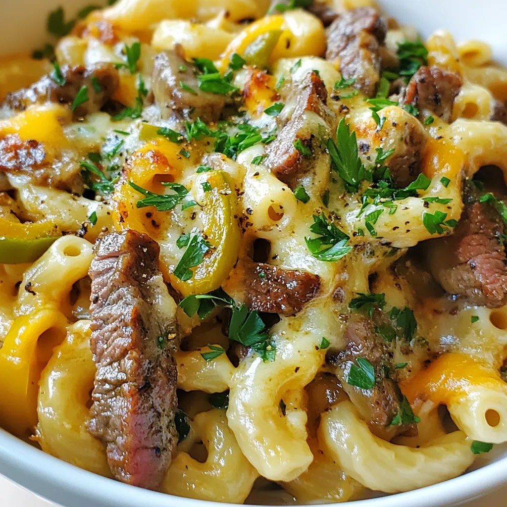 - 8 oz elbow macaroni - 1 cup sliced ribeye steak (or sirloin) - 1 tablespoon olive oil - 1 cup green bell pepper, diced - 1 cup onion, diced - 2 cloves garlic, minced - 1 cup beef broth - 2 cups shredded provolone cheese - 1 cup shredded cheddar cheese - ½ cup cream cheese - 1 teaspoon Worcestershire sauce - Salt and pepper to taste - Fresh parsley, chopped (for garnish) This recipe shines with its star ingredients. The ribeye steak gives a rich flavor. Provolone and cheddar cheeses create a creamy and cheesy texture. Accurate measurements are key. Use dry measuring cups for the macaroni and cheese. A kitchen scale can help weigh the steak and cheeses. Here are some tools you might need: - Large pot for boiling pasta - Large skillet for sautéing - Saucepan for the cheese sauce - Measuring cups and spoons - A spatula for stirring These tools make cooking easier and more enjoyable. Measure carefully, and you'll achieve great results! {{ingredient_image_1}} Start by boiling a large pot of salted water. Add 8 oz of elbow macaroni. Cook it until it's al dente, which takes about 7-8 minutes. Once done, drain the pasta in a colander and set it aside. Make sure not to rinse it. This helps the cheese sauce stick better. In a large skillet, heat 1 tablespoon of olive oil over medium-high heat. Add 1 cup of diced onions and 1 cup of diced green bell peppers. Sauté them for about 4-5 minutes until they soften. Next, add 1 cup of sliced ribeye steak. Cook it until it's browned, which takes about 3-4 minutes. Stir in 2 cloves of minced garlic and cook for an extra minute. Season with salt and pepper to your taste. In a separate saucepan, mix 1 cup of beef broth, ½ cup of cream cheese, 1 teaspoon of Worcestershire sauce, 2 cups of shredded provolone cheese, and 1 cup of shredded cheddar cheese. Heat it over medium heat. Stir continuously to keep the sauce smooth. If you want a different flavor, you can try using mozzarella or gouda cheese instead. Now, add the cooked macaroni to your skillet with the steak and veggies. Pour the cheese sauce over everything and stir well. If you prefer a baked version, transfer the mixture to a greased baking dish. Sprinkle some extra cheese on top. Bake in a preheated oven at 375°F for 10-15 minutes. This gives you a nice golden finish on top. Enjoy your creamy, cheesy comfort food! To avoid lumps in your cheese sauce, start with room temperature cream cheese. This helps it melt evenly. Stir constantly while heating your sauce over medium heat. If you see lumps, keep stirring. A whisk can help break them up. For different flavors, try using gouda or Monterey Jack cheese. These cheeses melt well and add a nice twist. You can also mix in some blue cheese for a stronger taste. Consider adding more seasonings. A pinch of garlic powder or onion powder adds depth. You might also try a dash of smoked paprika for a hint of smoke. Balancing savory and creamy is key. Taste your sauce and adjust as needed. If it’s too rich, add a splash of beef broth. This helps lighten it up without losing flavor. If your sauce is too thick, add a little more beef broth. Stir it in slowly until you reach your desired consistency. When to adjust salt and pepper? Always taste before adding more. If the sauce is bland, a pinch of salt can make it shine. But go easy; you can always add more, but you can’t take it out! Pro Tips Choose the Right Meat: For the best flavor, select high-quality ribeye steak, as it has the perfect balance of marbling and tenderness, enhancing the overall dish. Cook Pasta Al Dente: Make sure to cook the elbow macaroni just until al dente, as it will continue to cook slightly when mixed with the hot cheese sauce. Mix Cheeses for Depth: Combining provolone and cheddar creates a rich, complex flavor profile. Feel free to experiment with other cheeses like gouda or Monterey Jack! Garnish for Freshness: Don’t skip the fresh parsley garnish; it adds a pop of color and a hint of freshness that balances the richness of the dish. {{image_2}} You can make Philly cheesesteak mac and cheese even better. One way is to add vegetables. Try mushrooms for a rich flavor. Jalapeños give a spicy kick. Both options add great taste and texture. You can also swap the meat. Ribeye is classic, but chicken works well, too. Sausage can give a nice twist. Pick your favorite meat to change the dish's flavor. If you want a gluten-free meal, use gluten-free pasta. There are many good brands available. They cook just like regular pasta. You won't miss the gluten. For those avoiding dairy, try vegan cheese. There are tasty alternatives on the market. Look for creamy types that melt well. This way, you can enjoy the same rich taste without the dairy. Pair your dish with side items for a full meal. A fresh salad complements the creamy mac and cheese. Crusty bread is also a great choice. It soaks up the cheese sauce nicely. Add toppings for extra flavor. Crispy onions add a fun crunch. A drizzle of hot sauce can boost the spice level. These simple additions can elevate your dish. To keep your Philly cheesesteak mac and cheese fresh, use airtight containers. Glass or plastic containers work great. Store leftovers in the fridge for up to three days. Make sure it cools down first before sealing. When reheating, I suggest adding a splash of beef broth or milk. This helps keep it moist. You can use the microwave for a quick fix. Heat in short bursts of 30 seconds, stirring in between. If you prefer the oven, preheat it to 350°F (175°C) and bake for about 15-20 minutes. Cover with foil to keep it from drying out. To freeze, let the dish cool completely first. Then, transfer it to a freezer-safe container. Seal tightly to avoid freezer burn. It can last up to three months in the freezer. When you’re ready to eat it, thaw it in the fridge overnight. Reheat using the methods mentioned above to keep the flavor and texture intact. A Philly cheesesteak is a sandwich. It has thin slices of steak, cheese, and onions, all in a hoagie roll. The cheesesteak mac and cheese combines those flavors into a creamy pasta dish. It has macaroni, cheese sauce, steak, and veggies. Both are delicious but serve different purposes. One is a quick meal, while the other is warm comfort food. Yes, you can. This recipe is great for meal prep. You can cook the macaroni and make the cheese sauce ahead. Store them separately in the fridge. When you’re ready to eat, just combine everything in a skillet and heat it up. You can also bake it after mixing for a bubbly finish. For the best flavor, I recommend using provolone cheese and cheddar cheese. Provolone melts well and adds creaminess. Cheddar gives a nice sharpness that balances the dish. You can mix in other cheeses too, like mozzarella or gouda, for extra flavor. This blog post covers everything you need for the perfect Philly cheesesteak mac and cheese. We discussed key ingredients, tips for cooking, and variations you can try. You learned how to store leftovers and reheat them without drying out. Remember, cooking is all about experimenting. Don't hesitate to tweak flavors or ingredients. Enjoy your creamy, cheesy creation! It’s time to share your delicious dish with friends and family. Happy cooking!