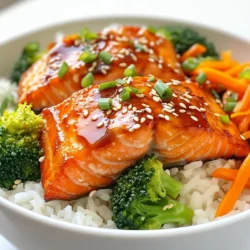 To make Teriyaki Salmon Rice Bowls, you'll need the following fresh and simple ingredients: - 2 salmon fillets - 1 cup jasmine rice - 1/4 cup low-sodium soy sauce - 2 tablespoons honey - 1 tablespoon rice vinegar - 1 teaspoon minced ginger - 1 clove garlic, minced - 1 tablespoon sesame oil - 1 cup broccoli florets - 1 carrot, julienned - 2 green onions, sliced - Sesame seeds for garnish - Salt and pepper to taste Each ingredient plays a role in building flavor and texture. Salmon is rich and flaky after cooking. Jasmine rice adds a light, fragrant base. The teriyaki sauce, made with soy sauce, honey, ginger, and garlic, brings sweetness and depth. For the veggies, I choose broccoli and carrots for color and crunch. Sliced green onions and sesame seeds add a fresh finish. You can also customize the ingredients to your taste. Let’s gather these items before we start cooking! {{ingredient_image_1}} Start by rinsing the jasmine rice in cold water. Rinse until the water runs clear. Then, place the rice in a medium saucepan. Add one cup of water to the rice. Bring it to a boil over high heat. Once boiling, reduce the heat to low. Cover the pot and let it simmer for about 15 minutes. After 15 minutes, check the rice. It should be tender, and the water should be absorbed. While the rice cooks, make the teriyaki sauce. Grab a small saucepan and place it over medium heat. Add the low-sodium soy sauce, honey, rice vinegar, minced ginger, and minced garlic. Stir the mixture for about 2-3 minutes. Heat it until it's warm and slightly thickened. Once done, remove it from the heat and set it aside. Now, heat a skillet over medium-high heat and add the sesame oil. Season the salmon fillets with salt and pepper on both sides. When the oil is hot, place the salmon skin-side down in the skillet. Cook for 4-5 minutes until the skin is crispy. Carefully flip the salmon over. Brush the top with the teriyaki sauce. Cook for another 3-4 minutes until the salmon is cooked through and flakes easily with a fork. In the same skillet with the salmon, add the broccoli florets and julienned carrot. Stir the vegetables for about 2-3 minutes. They should be tender but still bright in color. Drizzle a bit of the reserved teriyaki sauce over the veggies for extra flavor. To put it all together, divide the cooked jasmine rice between two bowls. Top each bowl with a salmon fillet. Add the sautéed vegetables on the side. Drizzle a generous amount of teriyaki sauce over everything. Finally, garnish with sliced green onions and a sprinkle of sesame seeds before serving. Enjoy your delicious teriyaki salmon rice bowls! To get crispy salmon skin, start with dry skin. Pat the salmon with paper towels. Heat your skillet until it's hot, then add sesame oil. Place the salmon skin-side down. Press it gently with a spatula for even cooking. Cook for about 4-5 minutes without moving it. This helps the skin crisp up nicely. Flip it carefully to finish cooking. Brush some teriyaki sauce on top for flavor. Rinsing jasmine rice is key for fluffy grains. Use cold water and rinse until clear. This removes excess starch. Combine one cup of rinsed rice with one cup of water in a saucepan. Bring it to a boil, then lower the heat. Cover it tightly and let it simmer for 15 minutes. Turn off the heat and let it sit for another 5 minutes. Fluff the rice with a fork before serving. Making teriyaki sauce is simple and quick. In a small saucepan, mix low-sodium soy sauce, honey, rice vinegar, minced ginger, and garlic. Heat it on medium for 2-3 minutes. Stir it until it thickens slightly. Remove it from the heat and let it cool. This sauce adds a sweet and savory kick to your salmon. You can also save some for drizzling over your veggies. Pro Tips Freshness Matters: Always opt for fresh salmon fillets for the best flavor and texture. Frozen salmon can be a good alternative but make sure it's properly thawed before cooking. Perfectly Cooked Rice: Rinse the jasmine rice thoroughly to remove excess starch. This helps achieve fluffy rice rather than sticky clumps. Vegetable Variety: Feel free to customize the vegetables in the bowl. Bell peppers, snap peas, or bok choy also pair well with teriyaki salmon. Teriyaki Sauce Tip: For a thicker teriyaki sauce, you can add a cornstarch slurry (1 tsp cornstarch mixed with 1 tbsp water) to the sauce while heating it. {{image_2}} If you want to switch things up, try other proteins. Chicken breast is a great choice. It cooks quickly and absorbs flavors well. Tofu is another option. It’s a fantastic plant-based protein. Just marinate it in teriyaki sauce before cooking. Shrimp also works. They cook fast and add a nice touch. Feel free to mix different veggies in your rice bowl. Bell peppers add sweet crunch and color. Snap peas bring a fresh, crisp taste. Zucchini is light and cooks quickly. You can also toss in mushrooms for an earthy flavor. The key is to keep them vibrant and tender. Want a gluten-free teriyaki sauce? Use tamari instead of soy sauce. Tamari has a similar taste and is wheat-free. You can also opt for coconut aminos. This option is sweeter and lower in sodium. Both choices keep your dish tasty and gluten-free. To store leftover rice bowls, first let them cool. Place the rice, salmon, and veggies in an airtight container. Make sure to separate the salmon from the rice if possible. This helps keep the salmon fresh longer. Store the container in the fridge for up to three days. When you’re ready to eat the leftovers, reheat them in the microwave. Place the rice bowl in a microwave-safe dish. Cover it with a damp paper towel to keep moisture in. Heat in 30-second bursts until warm. Stir between each burst to ensure even heating. You can also reheat on the stovetop. Heat a skillet over medium heat and add a splash of water. Add the rice bowl and stir frequently until heated through. If you want to freeze the rice bowls, do it before adding the garnishes. Freeze the salmon, rice, and veggies separately in airtight bags. They can last for up to three months. To use, thaw them in the fridge overnight. Reheat as described above to enjoy a quick meal later. Yes, you can use other types of rice. Short-grain rice, brown rice, or even quinoa work well. Each type gives a different texture and flavor. Jasmine rice is light and fragrant, making it a great choice for this dish. To make teriyaki sauce, mix a few key ingredients. Combine 1/4 cup low-sodium soy sauce, 2 tablespoons honey, 1 tablespoon rice vinegar, 1 teaspoon minced ginger, and 1 clove minced garlic in a saucepan. Heat over medium heat for 2-3 minutes until warm and slightly thickened. You can serve teriyaki salmon rice bowls with various sides. Steamed vegetables like broccoli and carrots are great. You might also enjoy pickled radishes, seaweed salad, or edamame. These add color and flavor to your meal. Salmon is cooked when it flakes easily with a fork. The inside should be opaque and no longer translucent. Cooking time can vary, but typically, 4-5 minutes on each side works well for fillets. A meat thermometer can help too; 145°F is the safe temperature. This blog post covered simple ways to create tasty teriyaki salmon rice bowls. We looked at key ingredients, step-by-step cooking, and tips for crispy salmon skin. You can try different proteins and veggie combos too! Storing and reheating your leftovers is easy. Enjoy your meal, and don't hesitate to explore new flavors and options. Cooking can be fun and rewarding. Happy cooking!