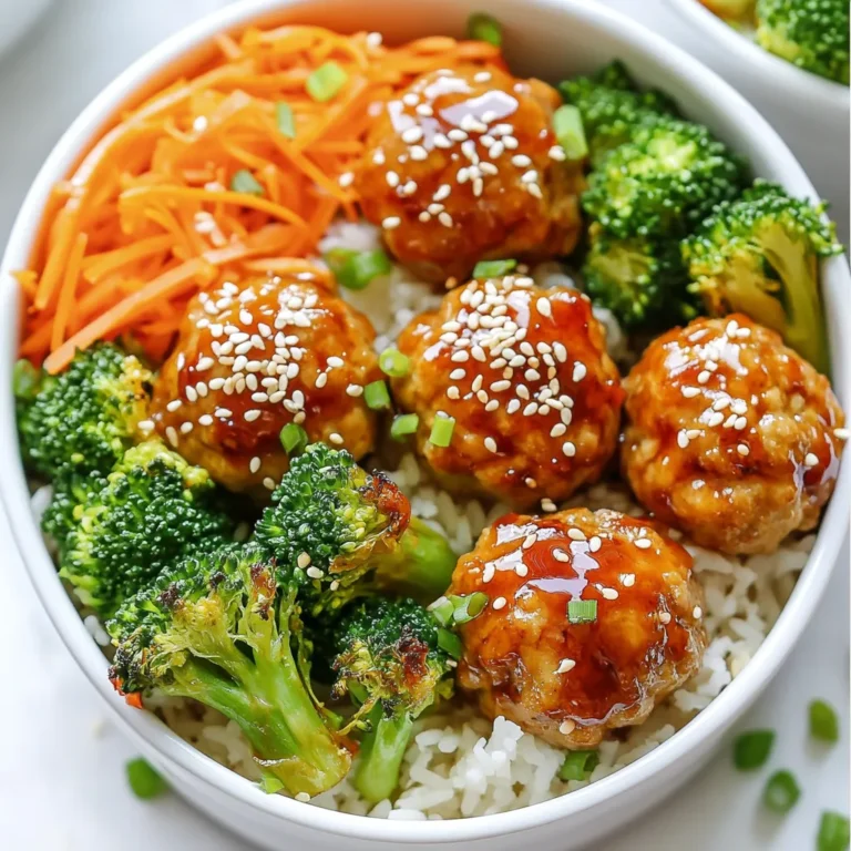 - 1 lb ground chicken or turkey - 1/4 cup breadcrumbs - 1/4 cup green onion, finely chopped - 1 tablespoon fresh ginger, minced - 2 cloves garlic, minced - 1 egg - 1 tablespoon soy sauce (or tamari) - 1 tablespoon sesame oil - Salt and pepper to taste - 1 cup teriyaki sauce (store-bought or homemade) - 2 cups cooked jasmine rice or quinoa - 2 cups steamed broccoli florets - 1 cup shredded carrots - Sesame seeds for garnish - Extra green onions for garnish Gather these ingredients before you start cooking. Ground chicken or turkey makes the meatballs tender. Breadcrumbs help bind them together. Fresh ginger and garlic add a punch of flavor. Soy sauce gives a salty note, while sesame oil brings warmth. Teriyaki sauce adds a sweet glaze that ties everything together. Cooked jasmine rice or quinoa forms a nice base. Steamed broccoli and shredded carrots add color and crunch. Don’t forget the sesame seeds and extra green onions for garnish! They make the meal look pretty and add a nice touch. Prepare these items ahead for easy cooking. {{ingredient_image_1}} 1. Preheat the oven and line a baking sheet: Start by preheating your oven to 375°F (190°C). Line a baking sheet with parchment paper. This makes cleanup easy. 2. Combine meatball ingredients: In a large bowl, mix together 1 lb of ground chicken or turkey, 1/4 cup of breadcrumbs, 1/4 cup of finely chopped green onion, 1 tablespoon of minced fresh ginger, 2 minced garlic cloves, 1 egg, 1 tablespoon of soy sauce, 1 tablespoon of sesame oil, and a pinch of salt and pepper. Mix until everything is just combined. Do not overmix or your meatballs will be tough. 3. Shape the meatballs: With clean hands, form the mixture into small meatballs. Aim for about 1 inch in diameter. Place them on your prepared baking sheet. 4. Bake the meatballs: Slide the baking sheet into the oven. Bake for 20-25 minutes until the meatballs are cooked through. They should turn a nice golden brown. 5. Coat in teriyaki sauce: Once they are done, take them out of the oven. Drizzle 1 cup of teriyaki sauce over the meatballs. Toss gently to coat them evenly in sauce. 6. Portion rice or quinoa: Grab your meal prep containers. Divide 2 cups of cooked jasmine rice or quinoa among the containers. Make sure each one has an equal amount. 7. Add vegetables: Next, place 2 cups of steamed broccoli florets and 1 cup of shredded carrots into each container. This adds color and nutrition. 8. Top with meatballs: Finally, add a generous portion of the teriyaki meatballs on top of each bowl. 9. Garnish: For a finishing touch, sprinkle sesame seeds and extra chopped green onions on top of the meatballs. They make the meal look fancy. 10. Cool and store: Let the meal prep bowls cool before sealing them with lids. Store them in the fridge for up to 4 days. To get the best texture for your meatballs, avoid overmixing. When mixing the meat, do it just until everything is combined. If you mix too much, the meatballs can turn tough. When shaping the meatballs, use wet hands. This helps prevent the meat from sticking to your fingers. Form each meatball to about one inch in size. This gives them a good bite-sized shape. You can use store-bought teriyaki sauce or make your own. Store-bought is quick and easy. Homemade sauce can taste fresher and better. If you choose store-bought, try adding a splash of lime juice or a pinch of chili flakes. This can boost its flavor and make it unique. Let your meal prep bowls cool before sealing. This keeps moisture from building up inside. Store them in the fridge for up to four days. When it’s time to eat, reheat in the microwave. Use a microwave-safe cover to keep moisture in, and heat until warm. This keeps your meatballs juicy and delicious. Pro Tips Keep the Mixture Moist: Adding a bit of milk or water to the meatball mixture can help keep them juicy during baking. Make Ahead and Freeze: These meatballs freeze well! Prepare a double batch and freeze them for quick meals later. Customize Your Veggies: Feel free to swap in your favorite vegetables for the meal prep bowls, such as bell peppers or snap peas. Use a Meat Thermometer: To ensure your meatballs are cooked through, use a meat thermometer; they should reach an internal temperature of 165°F (74°C). {{image_2}} You can switch up the meat in this recipe. Ground beef or pork works well in meatballs. They add a nice flavor and texture. If you prefer plant-based options, use lentils or chickpeas. You can mash them and mix with breadcrumbs. This gives a hearty base for your meatballs. For grains, you can try brown rice or cauliflower rice. Brown rice adds more fiber and nutrients. Cauliflower rice is light and low in carbs. You can also use quinoa for a protein boost. Quinoa is great if you want something gluten-free. Feel free to swap out the vegetables. Use seasonal veggies for fresh flavor. Bell peppers, snap peas, or zucchini work great. You can also use frozen vegetables if you’re short on time. They save prep time and are often just as nutritious. You can store your teriyaki meal prep bowls in the fridge for up to 4 days. To keep them fresh, use airtight containers. Make sure to cool the bowls before sealing them. This helps prevent moisture build-up, keeping your food tasty. You can freeze these meal prep bowls if you want to save them for later. Just make sure to use freezer-safe containers. They can last for up to 3 months in the freezer. When you’re ready to eat, move them to the fridge to thaw overnight. This keeps the meatballs and veggies from getting mushy. When it’s time to eat, reheat your meal prep bowl safely. You can use a microwave or an oven. If you use a microwave, heat in short bursts. Stir the bowl to keep everything warm evenly. If you use an oven, cover the bowl with foil to trap moisture. This helps maintain the texture of the meatballs and veggies. Enjoy your meal! Yes, you can make teriyaki meatballs ahead of time. Prepare the meatballs and bake them as directed. After baking, let them cool completely. Then, store the meatballs in an airtight container in the fridge. They will stay fresh for up to four days. You can also freeze them for longer storage. Just thaw before reheating. Teriyaki meatballs pair well with many sides. I recommend serving them with: - Cooked jasmine rice or quinoa - Steamed broccoli florets - Shredded carrots You can also add a side salad or some stir-fried vegetables to make your meal more colorful and nutritious. Yes, this recipe can be made gluten-free. Use tamari instead of soy sauce. Ensure your teriyaki sauce is also gluten-free. Most store-bought options have gluten-free varieties. Always check the labels to be sure. Yes, you can use frozen meatballs. Just make sure they are fully cooked before adding teriyaki sauce. If they are not pre-cooked, bake them according to the package instructions. After cooking, coat them with the teriyaki sauce and serve. To lower the calories in this dish, consider these tips: - Use ground turkey instead of ground chicken. - Reduce the amount of breadcrumbs. - Replace rice with cauliflower rice. - Use a low-calorie teriyaki sauce or make your own with less sugar. These small changes can help you enjoy a lighter version of this tasty meal. In this post, we explored how to make tasty teriyaki meatballs. We covered key ingredients like ground chicken, fresh ginger, and soy sauce. I shared step-by-step instructions for cooking and meal prep. You can choose different proteins, grains, and vegetables to make it your own. Remember to store your meal prep bowls well and follow reheating tips for great texture. Get creative and enjoy making this dish for yourself or your family!