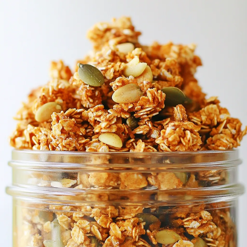 To make delicious pumpkin spice granola clusters, you need: - 2 cups rolled oats - 1 cup pumpkin seeds - 1 cup almond flour - 1/2 cup honey or maple syrup - 1/2 cup coconut oil, melted - 1 teaspoon vanilla extract - 1 tablespoon pumpkin spice blend (cinnamon, nutmeg, ginger, cloves) - 1/2 teaspoon salt These ingredients create a blend of flavors and textures. The oats give a chewy base, while pumpkin seeds add a nice crunch. Almond flour gives it a slight nutty taste. Honey or maple syrup adds sweetness and binds everything together. Coconut oil helps everything bake nicely. You can also add some fun extras to make your granola unique: - 1/2 cup dried cranberries or raisins (optional) - Chopped nuts (like almonds or walnuts) - Chocolate chips for a sweet twist These add-ins can enhance flavor and give more texture to your clusters. Dried fruit adds a hint of tartness, while nuts can provide extra crunch. If you love chocolate, a few chips can make it feel like a treat! If you need alternatives, there are options! Instead of honey, use agave syrup for a vegan choice. Almond flour can be swapped with oat flour if you prefer. For nut-free options, use seeds like sunflower seeds instead of nuts. Always check for allergies when adding new ingredients. These substitutions keep the recipe tasty while accommodating your needs. Start by preheating your oven to 325°F (160°C). This heat is key for a crunchy texture. While the oven warms up, take a baking sheet and line it with parchment paper. This makes cleanup easy and helps the granola not stick. In a large bowl, add the following dry ingredients: - 2 cups rolled oats - 1 cup pumpkin seeds - 1 cup almond flour - 1 tablespoon pumpkin spice blend - 1/2 teaspoon salt Mix these well. It’s important to combine them so that every bite has great flavor. In another bowl, whisk together: - 1/2 cup honey or maple syrup - 1/2 cup melted coconut oil - 1 teaspoon vanilla extract Whisk until smooth. This mixture brings sweetness and moisture to the granola. After mixing, pour the wet ingredients over the dry ones. Stir until everything is coated. Let this sit for about 5 minutes. This helps it thicken. Next, transfer the mixture to the prepared baking sheet. Press it down firmly. This ensures even baking and helps form clusters. Bake for 20-25 minutes. Keep an eye on it to avoid burning. When it turns golden brown, it’s done. Let it cool on the baking sheet. As it cools, the clusters will stick together. Once cool, break it into pieces and enjoy! To get that crunchy bite, press the granola mixture firmly onto the baking sheet. This helps it stick together. Bake until golden brown, about 20 to 25 minutes. Keep an eye on it to avoid burning. Let it cool completely on the sheet. This cooling time helps form those tasty clusters we love. Store your granola clusters in an airtight container. This keeps them fresh for up to two weeks. If you live in a humid area, use a vacuum-sealed bag. This prevents moisture from ruining your crunchy snack. Avoid storing in the fridge, as it can make them soft. Serve your granola clusters in a clear jar for a stunning look. You can also sprinkle them over yogurt for a delicious breakfast. Add a drizzle of honey for extra sweetness. For a fun snack, mix in some dark chocolate chips or nuts. {{image_2}} To make this granola gluten-free, use certified gluten-free oats. Regular oats may contain gluten. Check labels to be sure. The other ingredients, like pumpkin seeds and almond flour, are naturally gluten-free. This way, everyone can enjoy this tasty snack! Feel free to play with the spice blend! Try adding cardamom for a unique kick. You can swap pumpkin spice for chai spice for an exciting change. Mixing in a bit of cocoa powder can give you a chocolatey twist. Experiment with your favorites to find what you love best! Adding nuts or seeds boosts the nutrition and crunch. Almonds, walnuts, or sunflower seeds work great. They not only add flavor but also healthy fats and protein. Mix in about 1 cup of your chosen nuts or seeds in the dry ingredients. This makes your clusters even more satisfying and rich in nutrients. To keep your pumpkin spice granola clusters fresh, store them in an airtight container. I recommend using glass jars or plastic bins with tight seals. This prevents air and moisture from getting in. Make sure the granola is completely cool before sealing. Warm granola can trap steam and lead to sogginess. When stored properly, your granola clusters can last up to two weeks at room temperature. If you want to keep them longer, consider freezing them. The taste and texture remain great for up to three months in the freezer. Just remember to label your containers with the date. To freeze your granola, first, let the clusters cool completely. Then, place them in a freezer-safe bag or container. Press out as much air as possible before sealing. This helps prevent freezer burn. When you're ready to eat, simply thaw them in the fridge or at room temperature. Enjoy your crunchy treat anytime! You can use maple syrup instead of honey. Maple syrup adds a nice sweetness, just like honey. It keeps the clusters sticky and holds them together. This swap works well if you want a vegan option. Yes, you can make these clusters ahead of time. They store well in an airtight container. Make a big batch and enjoy them for up to two weeks. Just remember to let them cool completely before storing. To make these clusters vegan, use maple syrup instead of honey. Make sure your coconut oil is plant-based, which it usually is. This way, you keep the clusters tasty and vegan-friendly. You can add yogurt or milk for a great topping. Fresh fruit like bananas or berries pairs well too. You can also sprinkle some extra pumpkin spice on top for extra flavor. Yes, you can adjust the sweetness. If you like it less sweet, use less honey or maple syrup. You can also add more if you prefer them sweeter. Just keep in mind that the sweetness helps bind the clusters together. In this post, we explored making pumpkin spice granola clusters. We covered essential ingredients, step-by-step instructions, and helpful tips. You learned about variations, storage tips, and answers to common questions. With these guidelines, you can create tasty, crunchy clusters. Remember to get creative with flavors and ingredients. Enjoy making your own granola treat!